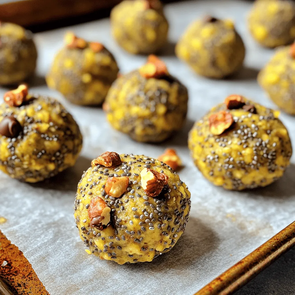 These bites are easy to make and packed with flavor. Here are the key ingredients you need: - 1 ripe banana, thoroughly mashed - 1 cup rolled oats - 1/4 cup chia seeds - 1/4 cup almond butter (or peanut butter) - 1/4 cup honey or maple syrup - 1 teaspoon pure vanilla extract - 1 teaspoon ground cinnamon - A pinch of fine salt These ingredients work together to create a tasty treat. The banana adds moisture and sweetness. Oats provide fiber and help bind everything together. Chia seeds bring extra nutrition and a nice crunch. Almond or peanut butter gives a creamy texture. If you want to get creative, consider these add-ins: - 1/4 cup dark chocolate chips - 1/4 cup chopped walnuts These optional ingredients can enhance both taste and texture. The chocolate chips add sweetness and richness. Walnuts provide a nice crunch and healthy fats. Each main ingredient has its own set of health benefits: - Banana: High in potassium and vitamin C, great for energy. - Rolled oats: A good source of fiber, which aids digestion. - Chia seeds: Packed with omega-3 fatty acids, protein, and fiber. - Almond butter: Rich in healthy fats, vitamin E, and magnesium. - Honey or maple syrup: Natural sweeteners that offer quick energy. These energy bites are not only delicious but also good for you. They make a great snack for any time of the day. For the full recipe, check [Full Recipe]. To start, grab a large mixing bowl. You need to mash one ripe banana until it’s smooth. Add in 1/4 cup of almond butter or peanut butter. Next, pour in 1/4 cup of honey or maple syrup. This gives your bites a nice sweetness. Don’t forget to add 1 teaspoon of pure vanilla extract for extra flavor. Mix all these ingredients together with a fork or whisk until everything is combined and smooth. This step is key for a good texture. Now it’s time to add the dry ingredients. Gently stir in 1 cup of rolled oats and 1/4 cup of chia seeds. Then, sprinkle in 1 teaspoon of ground cinnamon for warmth. Add a pinch of fine salt to balance the flavors. Mix well until you see no dry spots. If you want to get fancy, fold in 1/4 cup of dark chocolate chips and 1/4 cup of chopped walnuts. These extras add taste and crunch to your energy bites. With clean hands or a small cookie scoop, shape the mixture into small balls. Aim for about 1 inch in diameter. Place these balls on a baking sheet lined with parchment paper. This keeps them from sticking. Once you form all the bites, put the baking sheet in the fridge. Let them chill for at least 30 minutes. Chilling helps them firm up and makes them easier to eat. After that, they’re ready for you to enjoy! For storage, keep leftovers in an airtight container in the fridge. They stay fresh for up to one week. You can find the Full Recipe in the previous section. You can make these energy bites your own. Start with the base recipe. Then, feel free to add your favorite nuts or seeds. You might try pumpkin seeds for crunch or dried fruit for sweetness. You can also swap almond butter for peanut butter. This change can give a different taste. If you want a protein boost, consider adding protein powder. You can adjust the sweetness too. If you like it sweeter, add more honey or syrup. Store your energy bites in an airtight container. This keeps them fresh longer. A good tip is to layer them with parchment paper. This prevents them from sticking together. You can keep them in the fridge for about a week. For longer storage, freeze them. They can last up to three months in the freezer. Just thaw them in the fridge before eating. These energy bites are great any time of day. Enjoy them as a quick breakfast or snack. They also work well before or after workouts. If you have kids, they love these bites too. Serve them at playdates or school lunches. You can even pack them for road trips. They are easy to grab and eat. For a fun twist, serve them with yogurt or fruit. You can find the full recipe to try these ideas for yourself. {{image_4}} To make these energy bites vegan, simply swap honey for maple syrup. This keeps the sweetness while keeping it plant-based. You can also use almond butter or peanut butter. Both options work well and add a creamy texture. This vegan version stays just as tasty and filling as the original. For gluten-free energy bites, choose certified gluten-free rolled oats. This simple switch ensures you can enjoy these bites without worry. The other ingredients, like chia seeds and nut butter, are naturally gluten-free too. So, you can still have a healthy treat that fits your diet. You can mix things up with different flavors. Try adding dried fruit like cranberries or raisins. They give a nice chew and sweetness. Nuts like pecans or almonds can add crunch. For a fun twist, use spices like nutmeg or ginger. Even a dash of cocoa powder can make them chocolatey. Experiment with your favorites to find the perfect blend. For the full recipe, check out the details above. Store your Chia Banana Bread Energy Bites in an airtight container. Keep them in the fridge for the best taste and freshness. They stay good for about one week. If you want to enjoy them later, consider freezing them. To freeze your energy bites, place them on a baking sheet first. Make sure they are not touching each other. Freeze them for about one hour. Then, transfer the bites to a freezer-safe bag or container. This method helps keep them from sticking together. They can last for up to three months in the freezer. When you want to eat one, just take it out and let it thaw at room temperature. Check for changes in smell or texture. If they smell off or feel slimy, it’s best to toss them. Also, if you notice mold, discard them immediately. Fresh energy bites should be firm and smell sweet and nutty. Always trust your senses when deciding if they are still good to eat. Yes, you can use other fruits. Applesauce works well as a substitute. It adds moisture and sweetness. Mashed avocado can also work, but it alters the flavor. Try pureed dates for a rich taste. Experiment and find your favorite mix! You have options! Agave syrup is a great choice. Coconut sugar offers a less sweet flavor with a hint of caramel. Brown rice syrup is thick and sticky, perfect for binding. Stevia or monk fruit sweetener can be used for a lower-calorie option. Just remember to adjust the amount based on sweetness. These energy bites stay fresh for up to a week in the fridge. Store them in an airtight container to keep them from drying out. If you want them to last longer, consider freezing them. They will keep well for up to three months in the freezer. Enjoy them any time for a quick energy boost! In this post, we covered how to make chia banana bread energy bites. We explored the key ingredients and their benefits. I shared step-by-step instructions for perfect bites. You learned tips for customizing and storing them. Finally, we discussed variations, including vegan and gluten-free options. These energy bites are a tasty, healthy treat. Try different flavors to find your favorite. Enjoy making and sharing them with friends!