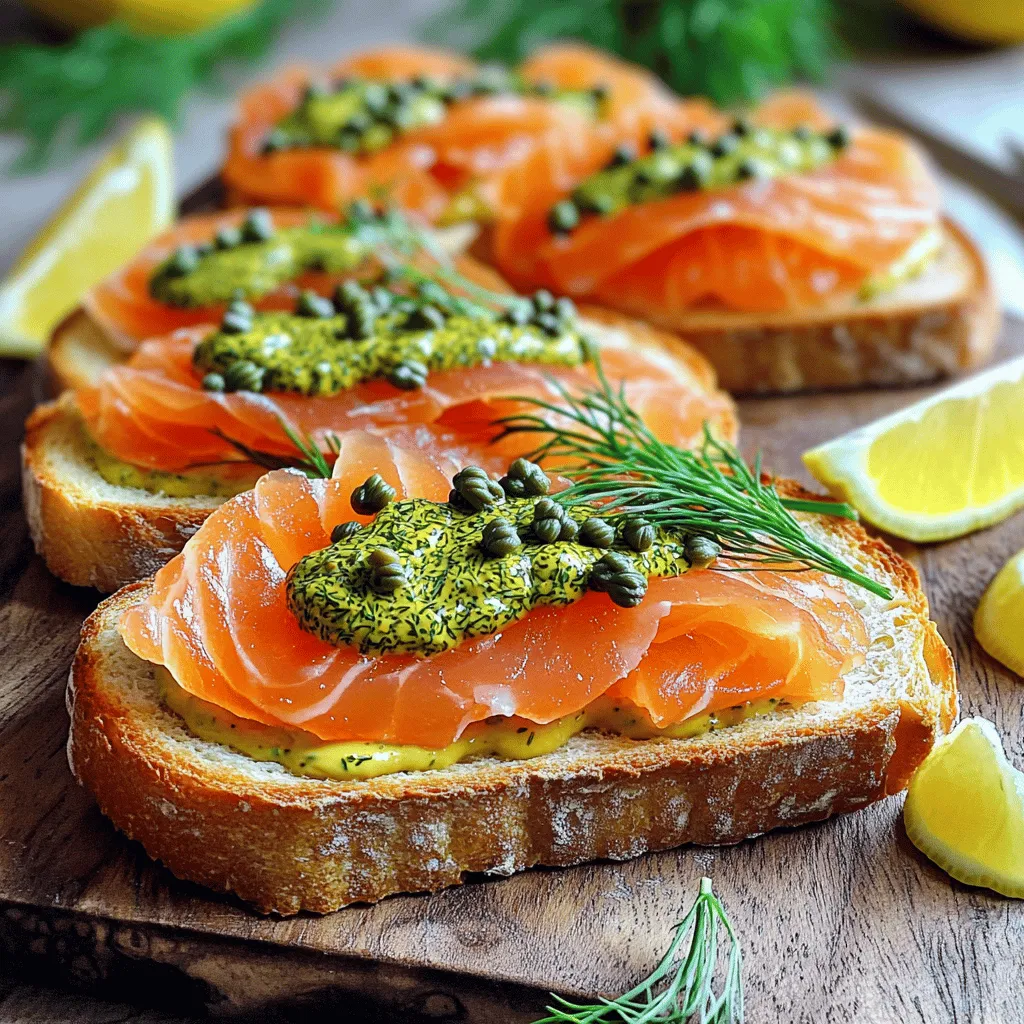 - 2 slices of rustic sourdough bread - 4 oz smoked salmon, thinly sliced - 2 tablespoons cream cheese - 1 tablespoon dill pickle mustard - 1 tablespoon capers - Fresh dill for garnish - Lemon wedges - Additional toppings: avocado, radish slices, or sprouts - Alternative bread choices: rye, multigrain, or gluten-free options - Toaster or skillet for toasting bread - Mixing bowl and fork or whisk for blending cream cheese - Platter for serving This Salmon Tartine is simple and fun to make. The main ingredients create a tasty balance. The rustic sourdough bread gives a nice crunch. The smoked salmon adds rich flavor. Cream cheese brings a creamy touch. You can mix in some dill pickle mustard for a tart kick. The capers add a pop of briny taste. Fresh dill gives a bright finish, while lemon wedges add zest. Together, they make a dish that sings with flavor. You might want to customize your tartine too. Try avocado for creaminess, or add radish slices for a crunch. If you need a different bread, rye or gluten-free options work well. Gather your tools. You’ll need a toaster or skillet to toast the bread. A mixing bowl and fork or whisk help blend the cream cheese. Finally, a pretty platter makes for a nice presentation. For the full recipe, check the details above. Enjoy crafting this delightful salmon tartine! - Preheat your toaster or skillet. - Toast the sourdough bread until it is golden-brown. To get the best crunch, watch your bread carefully. If you toast it too long, it may burn. The perfect toast will have a nice crisp outside while staying soft inside. This will be the base of your tartine. - Mix cream cheese and dill pickle mustard. - Adjust seasoning with salt and pepper. Use a small bowl to blend the cream cheese and dill pickle mustard. A fork works well for mixing. The goal is a creamy spread that packs flavor. Taste your spread and add salt or pepper if needed. This will enhance the taste of your tartine. - Slather the spread on toasted bread. - Layer smoked salmon and sprinkle capers. - Garnish with fresh dill and serve with lemon wedges. First, spread the creamy mixture over your toast. Be generous! Next, add the smoked salmon. Lay it out nicely so it looks great. Then, scatter capers on top; their salty bite adds a perfect contrast. Finally, finish with fresh dill sprigs for color and flavor. Serve with lemon wedges for a zesty kick. Enjoy this dish right away while the bread is warm and crispy. For the complete recipe, check the Full Recipe. Toasting the bread right is key for great tartines. You want a nice crunch without burning the bread. Here’s how: - Skillet Method: Heat your skillet over medium heat. Add the bread and toast for 2-3 minutes on each side. Keep an eye on it to avoid burning. - Toaster Method: Set your toaster to a medium setting. Toast until golden brown. If your toaster has a bagel setting, use it for a crispier outside. Making homemade dill pickle mustard is easy and fun. Here’s a simple recipe: 1. Mix 1/4 cup yellow mustard, 2 tablespoons finely chopped dill pickles, and 1 teaspoon pickle juice in a bowl. 2. Stir until combined. Store the mustard in an airtight container in the fridge. It lasts about two weeks, so use it up! Plating your tartine well makes it stand out. Here are some ideas: - Rustic Look: Use a wooden board for a cozy feel. - Elegant Touch: Arrange tartines on a nice platter. - Garnishes: Add extra dill sprigs and lemon wedges around the edges. This adds color and freshness. These simple tips will make your salmon tartine look and taste even better. For the full recipe, check out the details above. {{image_4}} You can switch up the salmon in your tartine. Gravlax is a great choice. It has a sweet and salty flavor. You can also use canned salmon. Just make sure to drain it well. Flavored salmon is another fun option. You can find smoked salmon with herbs or spices. This gives your dish a twist and adds more taste. If you need a gluten-free option, try using gluten-free bread. Many brands offer tasty varieties. For cream cheese, look for dairy-free substitutes. Options made from nuts or soy can work well. This way, everyone can enjoy the tartine. To make your tartine even better, consider adding spices. Fresh dill, lemon zest, or garlic can boost the flavor. If you like heat, try adding sriracha or horseradish to the spread. These ingredients bring a fun kick to every bite. They make your tartine stand out even more. For the full recipe, check out the earlier section. To keep your salmon tartine fresh, wrap it tightly in plastic wrap. This helps prevent the bread from becoming soggy. If you have leftover components, store them separately. Keep the bread in an airtight container. The cream cheese spread and salmon should go into small containers. This method preserves their flavors and textures. If you want to enjoy your tartine warm, use a skillet. Heat it on low for a few minutes. Place the tartine in the skillet without burning the bread. Keep it warm for about 5 to 7 minutes. This way, you can enjoy a crispy crust with creamy toppings. You can freeze the tartine components, but not the assembled tartine itself. The bread can be frozen for up to three months. Wrap it well to avoid freezer burn. When you’re ready to eat, let it thaw in the fridge overnight. Reassemble with fresh cream cheese, salmon, and toppings after thawing. This keeps the flavors bright and fresh. It takes about 15 minutes in total. You will spend 10 minutes prepping and 5 minutes cooking. This quick dish is perfect for busy days or when you want a tasty meal fast. Yes, you can use fresh salmon, but it needs to be cooked first. Fresh salmon has a milder taste. It will change the dish's flavor, making it less salty and smoky. If you choose fresh, bake or pan-sear it until it’s cooked through. If you don’t have dill pickle mustard, try regular mustard mixed with diced pickles. You can also make your own by mixing yellow mustard with chopped dill pickles. This gives a similar tangy flavor that works well. For a gathering, serve Salmon Tartine as a fancy appetizer or light lunch. Cut the tartines into small pieces for easy eating. Place them on a large platter. Add extra lemon wedges and dill around them for a colorful look. Yes, you can prepare components ahead of time. Toast the bread just before serving to keep it crispy. Store the cream cheese spread and salmon in the fridge. Keep everything in separate containers to ensure freshness and taste. The Salmon Tartine with Dill Pickle Mustard is a treat. We discussed key ingredients like sourdough, smoked salmon, and unique spreads. You can add extras like avocado for more flavor. I shared tips for perfect toasting and serving ideas to impress guests. Remember, you can tweak ingredients to fit your taste. Enjoy making this delicious snack or meal! Your creativity will make it shine.