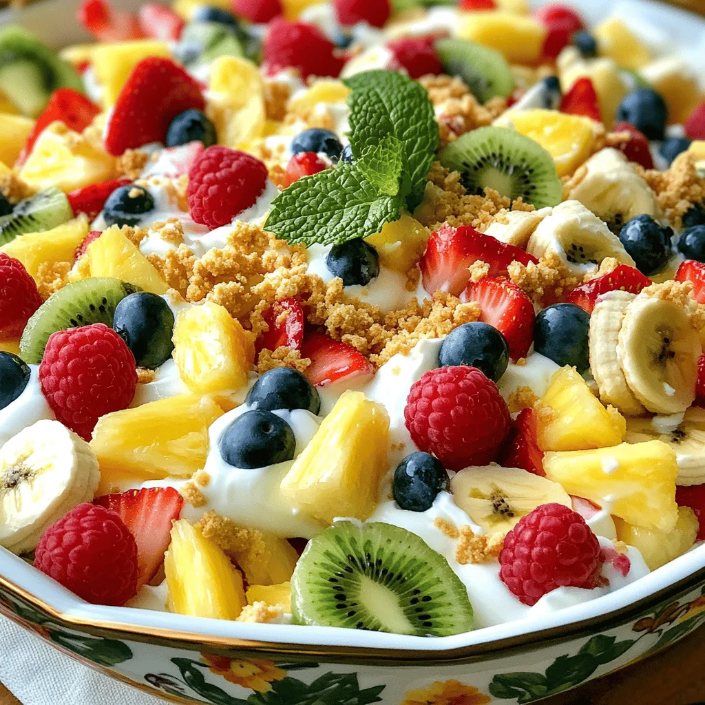 - 1 cup cream cheese, softened - 1/2 cup thick Greek yogurt - 1/4 cup powdered sugar - 1 tablespoon pure vanilla extract - 2 cups mixed berries (strawberries, blueberries, raspberries) - 1 ripe banana, sliced - 1 cup fresh pineapple, diced - 1 cup kiwi, chopped - 1/4 cup crushed graham crackers - Fresh mint leaves for garnish To craft a delightful cheesecake fruit salad, you need specific key ingredients. First, the cream cheese gives that rich, creamy base. It needs to be softened, so it mixes well. Next, thick Greek yogurt adds a nice tang and smooth texture. The powdered sugar sweetens the mix just enough. Pure vanilla extract brings in a lovely aroma. Then, you have the fruits! A mix of berries makes it colorful and fresh. Strawberries, blueberries, and raspberries work great together. A ripe banana adds sweetness and creaminess. Fresh pineapple gives a burst of tropical flavor, while kiwi adds a pop of color and zing. Finally, crushed graham crackers mimic the cheesecake crust, adding a delightful crunch. Fresh mint leaves not only look pretty but also give a refreshing taste. You can find the full recipe at the beginning of the article to guide you through the process of making this tasty treat! - Beat cream cheese until smooth. - Add Greek yogurt, powdered sugar, and vanilla. First, grab a large bowl. Use an electric mixer to beat the cream cheese. Make sure it gets very smooth for the best texture. Then, add the Greek yogurt. This will give your salad a nice creaminess. Next, sift in the powdered sugar and pour in the vanilla. Mix everything well until you have a smooth and creamy blend. - Slice the banana and chop the kiwi. - Portion out mixed berries and pineapple. Now it's time for the fruit! Take a ripe banana and slice it into thin rounds. The banana adds a lovely sweetness. Next, peel and chop the kiwi into small pieces. It adds a fresh, tangy flavor. Don’t forget to grab your mixed berries and diced pineapple. These fruits bring color and taste. Use ripe fruit for the best flavor! - Fold fruit into cream cheese mixture. - Portion into serving bowls. Gently fold the fruit into the cream cheese mixture. Use a spatula and be careful not to crush the berries. You want them whole for a juicy bite. Once everything is mixed, use a spoon to serve the fruit salad into individual bowls. This makes it look pretty and inviting. - Sprinkle crushed graham crackers on top. - Garnish with mint leaves. To finish, sprinkle a layer of crushed graham crackers over each serving. This adds a nice crunch, just like a cheesecake crust. For the final touch, add fresh mint leaves on top. They give a pop of color and a fresh smell. It's all about making your dessert look appealing and taste amazing! To achieve the best texture, always use room temperature cream cheese. Cold cream cheese can give your salad lumps. Mix it well until it’s smooth and creamy. If you want a lighter touch, adjust the amount of Greek yogurt. A bit more yogurt will make it creamier, while less will keep it thick. Fresh fruits are key to great flavor. Always pick ripe fruits for your salad. Ripe fruits taste sweeter and add a nice burst to each bite. Be sure to wash your berries thoroughly before use. This step removes dirt and ensures that your fruit salad is clean and safe to eat. Presentation counts! Use clear glass bowls to display the colorful layers of your salad. The vibrant fruits will stand out beautifully. For an elegant finish, add some decorative garnishes. Fresh mint leaves or a sprinkle of edible flowers can elevate your dish. It makes your cheesecake fruit salad look as good as it tastes. {{image_4}} You can easily change up the fruits in your cheesecake fruit salad. Try using mango, apple, or peaches for a twist. These fruits add unique flavors that make each bite special. If you want a little zing, add a splash of citrus juice. Lemon or lime juice will brighten the whole dish and make the flavors pop. If you need gluten-free options, use crushed nuts instead of graham crackers. Almonds or pecans work well and add a nice crunch. For a vegan version, swap in dairy-free cream cheese. This way, everyone can enjoy this tasty treat, no matter their dietary needs. When winter comes, think about adding pomegranate seeds. They give a lovely color and burst of flavor. In summer, incorporate stone fruits like peaches or cherries. These fruits will make your salad bright and refreshing on hot days. Enjoying seasonal fruits makes this salad even better! To keep your cheesecake fruit salad fresh, store leftovers in airtight containers. This helps maintain the creamy texture and fruity flavor. I recommend enjoying it within two days for the best taste. After that, the fruit may become mushy, and the mixture can lose its appeal. Can cheesecake fruit salad be frozen? No, I do not recommend freezing it. The cream cheese mixture and fruit do not hold up well in the freezer. If you want to freeze components, consider freezing only the fruit. Slice the bananas, chop the kiwi, and prepare mixed berries. Store them in airtight bags, removing as much air as possible. This way, you can enjoy fresh fruit later, but make sure to thaw them before mixing them back into the salad. Cheesecake fruit salad is a fun twist on classic cheesecake. It combines creamy cheesecake flavors with fresh fruit. This dish is colorful and appealing, making it perfect for any gathering. You get the rich taste of cheesecake without the crust. It’s light, refreshing, and just right for warm days. The mix of fruits adds natural sweetness. This recipe is simple and quick to make, too. You can enjoy it as a dessert or snack! Yes, you can prepare cheesecake fruit salad in advance. I suggest making it a few hours before your event. This allows the flavors to blend nicely. However, do not add the crushed graham crackers until right before serving. This keeps them crunchy and tasty. Store the salad in the fridge covered with plastic wrap. It will stay fresh and ready to impress your guests! Cheesecake fruit salad lasts about two days in the fridge. After that, the fruit may start to lose its freshness. To keep it tasty, always store it in an airtight container. If you notice any browning on the banana or kiwi, it’s time to toss it out. Freshness is key for the best flavor and texture! You can use many fruits in cheesecake fruit salad! Some of my top picks include: - Strawberries - Blueberries - Raspberries - Bananas - Pineapples - Kiwis Feel free to mix and match based on what you like. You can also try seasonal fruits like peaches or mangoes. The goal is to have a mix of sweet and tart flavors for a balanced taste. This cheesecake fruit salad combines creamy goodness with fresh fruit for a treat. We covered key ingredients, step-by-step instructions, and helpful tips to make it shine. Remember to use fresh, ripe fruits for the best flavor and store any leftovers well. Variations can keep your salad exciting, allowing for seasonal fruits or dietary needs. Enjoy creating a delightful dish that everyone will love! Your efforts will surely impress at any gathering!