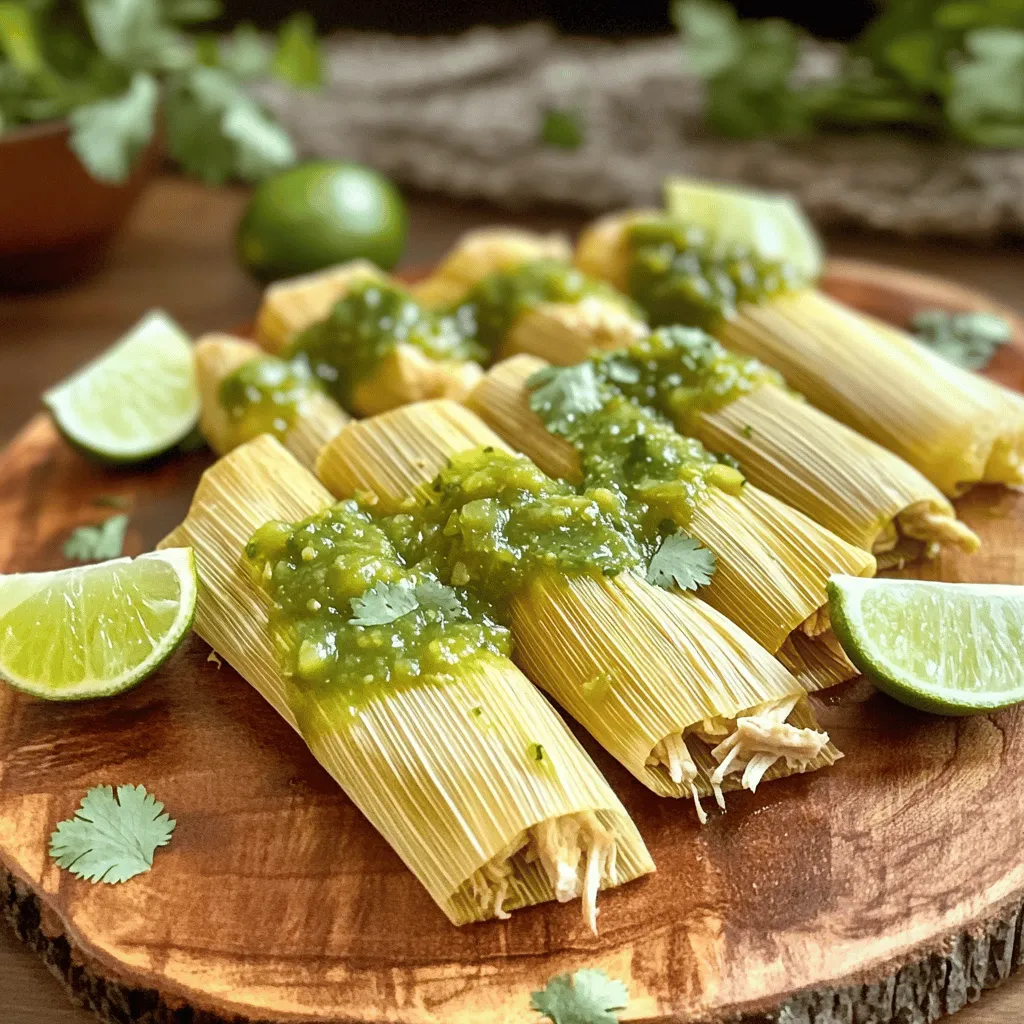 - 3 cups masa harina - 1 teaspoon baking powder - 1 teaspoon salt - 1 cup vegetable shortening (softened at room temperature) - 2 cups vegetable broth (or chicken broth for added flavor) The main ingredients make the base for our tamales. Masa harina is the star here. It gives the tamales their unique texture and flavor. Baking powder helps the masa rise slightly, making it fluffy. Salt adds taste, while vegetable shortening keeps the dough moist and light. Broth gives extra flavor, making every bite delicious. - 2 cups cooked and shredded chicken - Vegetarian fillings (cheese, beans, roasted vegetables) For the filling, you have options! Shredded chicken is a classic choice. It’s tasty and pairs well with the masa. If you want a veggie option, try cheese, beans, or roasted veggies. Each filling brings its own flair to the tamales. You can mix and match to find your favorite flavors. - 1 cup salsa verde or red salsa (for drizzling) - 24 corn husks, soaked in warm water for 30 minutes Salsa is a must for serving. It adds a zesty kick that complements the tamales. Corn husks are also key. They wrap the tamales and keep them moist during cooking. Soaking them makes them soft and easy to work with. You can find these at most grocery stores, or you can order them online. For more detailed steps, check out the Full Recipe! First, you need to soak the corn husks. Place them in warm water for 30 minutes. This makes them soft and easy to use. After soaking, drain the husks. Lay them on a clean towel to dry off. This step is key for wrapping the tamales well. Now, let’s make the dough. In a large bowl, mix together the masa harina, baking powder, and salt. This gives your tamales a good base. In another bowl, beat the vegetable shortening until it’s light and fluffy. This adds a nice texture. Slowly blend in the masa mixture. Gradually pour in the vegetable broth, mixing until you have a smooth dough. The dough should be soft and spreadable. It’s time to assemble! Take a soaked corn husk and lay it flat. Spread about 2-3 tablespoons of masa dough in the center. Leave some space at the sides and bottom. Add your filling, like shredded chicken, on top of the masa. You can also add a spoonful of salsa for extra flavor. Next, fold the sides of the husk over the filling. Then, fold the bottom up towards the top. Make sure it’s secure but not too tight. The tamale will expand while cooking. Keep repeating this process until all your filling is used. Now, let’s steam those tamales! Set up a steamer basket in a large pot. Add enough water to fill the bottom of the pot, but don’t let it touch the tamales. Stand the tamales upright in the basket with the open side up. Cover them with a damp cloth and put a lid on the pot. Steam the tamales for 1 to 1.5 hours. They are done when the masa pulls away easily from the husk. Remember to check the water level during cooking. You may need to add more water to keep the steam going. Enjoy the process; it’s part of the fun of making homemade tamales! For a detailed guide, don’t forget to check the Full Recipe. The masa dough is key to great tamales. The right texture is soft and smooth. It should easily spread on the corn husk. If it feels dry, add a little more broth. If it’s too wet, add more masa harina. Aim for a consistency like thick peanut butter. You want it to hold shape without being crumbly. Proper wrapping keeps the filling inside. Start with the soaked corn husk flat. Spread the masa dough in the center. Leave space on the sides and bottom. Place your filling right in the middle. Fold the sides over, then roll the bottom up. Make sure it’s snug but not too tight. This way, the tamale can expand as it cooks. Steaming is crucial for flavor and texture. Use a large pot with a steamer basket. Add water, but don’t let it touch the tamales. Stand them upright, open side up. Cover with a damp cloth and a lid. Steam for 1 to 1.5 hours. They’re done when the masa pulls away from the husk. This ensures even cooking and great taste. For more detailed steps, check out the Full Recipe. {{image_4}} You can fill tamales with many different meats. Shredded chicken is popular and easy. You can also use beef, pork, or turkey. Each meat brings its own flavor. For a twist, try adding spices or sauces. A dash of cumin or a touch of chipotle can enhance the taste. Vegetarians can enjoy tamales too! You can use cheese, beans, or roasted veggies as fillings. Black beans are rich in flavor and protein. If you want it vegan, skip the cheese. You can also use dairy-free cheese options. Just remember to check all labels for hidden dairy. Get creative with your fillings! Sweet tamales can use fruits like pineapple or chocolate. You can mix spicy peppers with cheese for a kick. Experiment with different flavors to find your favorite. The sky's the limit! Try to think outside the box; use what you love. Each twist can make your tamales unique and fun. For the full recipe, check out the Authentic Homemade Mexican Tamales section! To keep your tamales fresh, store them properly. Place them in an airtight container. You can also wrap them in plastic wrap. Refrigerate your tamales if you plan to eat them soon. They will stay good for about 3 to 5 days in the fridge. For longer storage, freeze your tamales. Lay them flat on a baking sheet to freeze first. Once frozen, transfer them to a freezer bag. This method prevents them from sticking together. Frozen tamales can last for about 3 months. When it’s time to enjoy leftovers, reheating is key. For the best texture, steam tamales again. Place them in a steamer basket over boiling water. Steam for about 15-20 minutes until hot. This method keeps them moist and soft. You can also microwave them. Wrap each tamale in a damp paper towel. Heat on high for 1-2 minutes. Check if they’re hot enough, and add more time if needed. Tamales can last a while if stored right. In the fridge, expect them to stay fresh for 3 to 5 days. If you freeze them, they can last up to 3 months. After this time, the quality may drop. They may still be safe to eat but might lose flavor and texture. For the best taste, try to eat them within these time frames. Enjoy your homemade Mexican tamales as soon as you can! You know tamales are done when the masa easily pulls away from the corn husk. This means they cooked just right. The tamales should feel firm, and not mushy. If they are still sticky, they need more time. Yes, you can make tamales ahead of time! Just prepare them as usual and store them in the fridge or freezer. If you freeze them, wrap each tamale tightly in plastic wrap. Place them in a freezer bag for extra protection. They can last up to three months in the freezer. To reheat tamales, you can use a steamer, microwave, or oven. The steamer method keeps them moist. Place them upright in a steamer basket, cover, and steam for about 15-20 minutes. If using a microwave, wrap them in a damp paper towel and heat for 2-3 minutes. For the oven, preheat it to 350°F, wrap in foil, and heat for about 20 minutes. Yes, tamales made with masa harina are gluten-free. Masa harina is made from corn, which does not contain gluten. However, always check if your fillings or sauces have gluten. Some may contain wheat, so read labels or choose safe options. Making tamales is both fun and rewarding. We covered the key ingredients, like masa harina and vegetable broth, along with filling options, from chicken to vegetarian. I shared detailed steps, from soaking corn husks to steaming tamales. You also learned tips to perfect the dough and avoid common mistakes. In the end, tamales offer endless possibilities. Explore variations with different flavors and fillings. You can store and reheat them easily, keeping them delicious for later. Enjoy your tamale-making journey and share your tasty results!