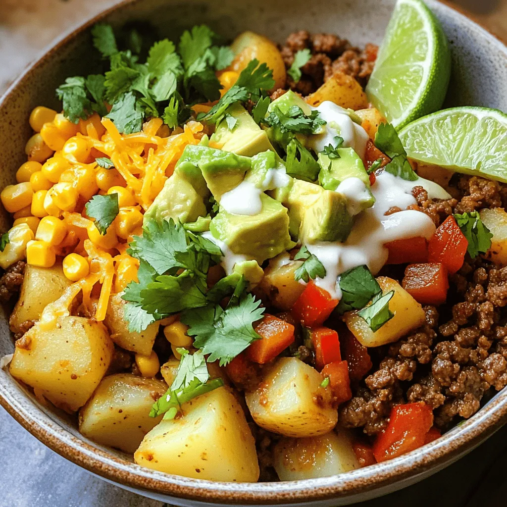 To make a Ground Beef and Potato Taco Bowl, you need a few key ingredients. Here’s what you will need: - 1 lb ground beef - 2 medium potatoes, peeled and diced - 1 tablespoon olive oil - 1 small onion, finely chopped - 2 cloves garlic, minced - 1 tablespoon chili powder - 1 teaspoon ground cumin - 1 teaspoon smoked paprika - 1 cup beef broth - 1 cup corn (frozen or fresh) - 1 red bell pepper, diced - 1 cup black beans, rinsed and drained - Salt and black pepper to taste - Fresh cilantro leaves, for garnish - Lime wedges, for serving - 1 avocado, diced (optional) - Shredded cheese (cheddar or Mexican blend) for topping (optional) These ingredients create a tasty bowl full of flavor. The ground beef adds protein, while the potatoes give it a hearty feel. The spices bring warmth and depth. You can adjust toppings based on your taste. For the full recipe, check out the [Full Recipe]. Enjoy the mix of textures and flavors in every bite! - Chopping and Dicing Start by peeling and dicing the potatoes into small cubes. This helps them cook evenly. Next, finely chop the onion and mince the garlic. Having these ready makes cooking smoother. - Organizing Cooking Tools Gather your tools: a large skillet, a spatula, and a cutting board. This keeps your kitchen neat and lets you focus on cooking. - Sautéing Onions and Garlic Heat one tablespoon of olive oil in your skillet over medium heat. Add the chopped onion and minced garlic. Sauté for about 3-4 minutes until the onion turns soft and fragrant. - Browning Ground Beef Increase the heat slightly and add one pound of ground beef. Use your spatula to break it apart. Cook until it’s brown and no longer pink, about 5-7 minutes. Drain excess fat if needed. - Adding and Cooking Potatoes Stir in the diced potatoes. Let them cook for about 5 minutes, stirring often. This helps them start to soften. - Mixing in Seasonings Sprinkle in one tablespoon of chili powder, one teaspoon of ground cumin, and one teaspoon of smoked paprika. Don’t forget salt and black pepper! Mix well so that everything is coated. - Simmering the Mixture Pour in one cup of beef broth. Bring it to a gentle simmer. Cover and lower the heat. Let it cook for 10-15 minutes until the potatoes are tender. - Adding Vegetables After the potatoes cook, stir in one cup of corn, one diced red bell pepper, and one cup of black beans. Cook for another 5 minutes to heat everything through. - Adjusting Seasoning Taste the dish and add more salt, pepper, or spices if needed. You want the flavors to pop! For the complete recipe, check out the Full Recipe. - Avoiding Overcooked Potatoes To keep your potatoes tender, check them often. Cook them until they are fork-tender but not mushy. This keeps them in great shape and adds texture to your taco bowl. - Flavor Enhancements Spice up your dish by adding more seasonings. Try cayenne pepper for heat or oregano for a fresh twist. You can also toss in some lime juice to brighten the flavors. - Best Serving Containers Use deep bowls for serving. They hold all the tasty layers well. You can also use tortilla bowls for fun and crunch. - Garnishes and Accompaniments Sprinkle fresh cilantro on top for color and taste. Lime wedges add a bright zing. Diced avocado and shredded cheese also make great toppings. They add creaminess and richness to every bite. For more details on the recipe, check out the Full Recipe. {{image_4}} Vegetarian Option You can easily make this dish meat-free. Replace ground beef with black beans or lentils. These options offer protein and flavor. Use the same spices to keep the taste rich. You can also add some diced mushrooms for texture. Using Different Proteins If you want to switch up the protein, try chicken or turkey. Ground turkey is leaner but still tasty. For a beefier taste, use a blend of ground beef and pork. You can even use chorizo for a fun twist. Spicy Version For those who like heat, add diced jalapeños or a few pinches of cayenne pepper. You can also stir in some hot sauce toward the end of cooking. This will give your taco bowl a spicy kick. Don’t forget to balance it with lime juice to brighten the flavors. Southwest or Tex-Mex Inspired Additions Try adding corn salsa or diced tomatoes for a fresh twist. You could also mix in some fresh cilantro and lime juice. For a Tex-Mex feel, shredded cheese on top is a great touch. These variations will create a colorful and flavorful meal. Check out the Full Recipe for more ideas and tips! To keep your Ground Beef and Potato Taco Bowl fresh, use proper storage containers. I recommend airtight containers. They help lock in flavor and moisture. Store the dish in the fridge within two hours of cooking. This keeps it safe to eat. The shelf life of this dish is about three to four days in the fridge. Make sure to check for any off smells before you dig in. If you see any mold or unusual colors, throw it away. You can freeze the taco bowl for meal prep. Just let it cool completely before freezing. Portion it into meal-sized containers. It is best to use freezer-safe bags or containers. Squeeze out as much air as possible to prevent freezer burn. When you are ready to eat, thaw the dish overnight in the fridge. For quick thawing, you can use the microwave. Just be careful not to cook it while defrosting. Heat it up in the microwave or on the stove until it is hot all the way through. Enjoy your delicious meal again! Yes, you can use chicken, turkey, or even pork. Each type adds a different flavor. For a vegetarian option, try mushrooms or lentils instead of meat. You can serve this dish with a side of tortilla chips or a fresh salad. A dollop of sour cream or a side of guacamole also works well. To make this dish gluten-free, ensure your beef broth is gluten-free. Most spices are safe, but always check the labels. Yes, to make a low-carb version, skip the potatoes and use cauliflower instead. It offers a similar texture with fewer carbs. Absolutely! Store leftovers in an airtight container. Reheat in the microwave or on the stove until hot. Ensure it reaches a safe temperature of 165°F. For the full recipe, you can refer to the complete instructions provided earlier. You learned about making a delicious Ground Beef and Potato Taco Bowl. Start with fresh ingredients, like potatoes, beef, and spices. Follow each step carefully, from browning the beef to simmering the mix. Remember the tips to avoid overcooked potatoes and enhance flavors. You can also explore variations for different tastes and diets. Store any leftovers properly to enjoy later. Overall, this dish is easy to make and full of flavor. Get cooking and enjoy this tasty meal with family and friends!