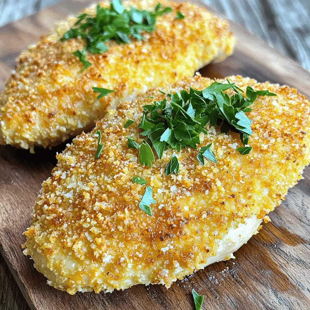 - 2 boneless, skinless chicken breasts - 1 cup finely grated Parmesan cheese - 1 cup panko breadcrumbs - 2 teaspoons garlic powder - 1 teaspoon Italian seasoning blend - 1/2 teaspoon smoked paprika - 2 large eggs - 1 tablespoon extra virgin olive oil - Fresh parsley, finely chopped To make the best Air Fryer Parmesan Crusted Chicken, you need a few key ingredients. The chicken is the star of the dish. It should be fresh and boneless for easy cooking. The Parmesan cheese adds a rich, nutty flavor. Finely grated cheese sticks well to the chicken, ensuring a crispy crust. Panko breadcrumbs are perfect for this recipe. They provide a light, crunchy texture that elevates the dish. When mixed with seasoning, they create a flavorful coating. For seasoning, garlic powder gives a nice kick. Italian seasoning blend adds herbs and depth. Smoked paprika offers a subtle smoky flavor that enhances the overall taste. You will also need eggs to help the coating stick. Olive oil adds moisture and richness. Finally, fresh parsley makes a lovely garnish. It brightens the dish and adds a pop of color. This recipe is simple to follow. You will find the full recipe easy to prepare. - Preheat Air Fryer: Set your air fryer to 400°F (200°C). This helps cook the chicken well. - Combine Coating Ingredients: In a bowl, mix Parmesan cheese, panko, garlic powder, Italian seasoning, smoked paprika, salt, and pepper. Stir until mixed well. - Prepare Egg Mixture: Crack two eggs into a bowl, add olive oil, and whisk them together. This mixture helps the coating stick. - Drying the Chicken: Use paper towels to pat the chicken breasts dry. This step is key for a good coating. - Dipping in Egg Mixture: Take a chicken breast, dip it in the egg mixture, and let excess drip off. - Coating with Breadcrumbs: Next, coat the chicken in the breadcrumb mix. Make sure to cover all sides for great flavor. - Arranging Chicken in Air Fryer: Place the coated chicken in the air fryer basket. Keep space between each piece. This allows hot air to circulate. - Cooking Time and Temperature: Cook the chicken for 12-15 minutes. Check at 12 minutes to see how it looks. - Checking Doneness: The chicken is ready when it is golden brown and reaches 165°F (75°C) inside. Use a meat thermometer for accuracy. - Proper Preheating: Always preheat your air fryer to 400°F (200°C). This step is key. It helps the chicken cook evenly and keeps the crust crispy. - Avoiding Overlapping Chicken: Place the chicken in a single layer. Avoid stacking or overlapping pieces. This allows hot air to flow freely around each piece. - Additional Seasonings Options: Feel free to add spices like cayenne for heat or onion powder for depth. These small changes make a big impact. - Using Fresh Herbs: Adding fresh herbs like thyme or basil can brighten the dish. Mix them into the breadcrumb mix for added flavor. - Plating Ideas: Serve the chicken on a vibrant platter. Garnish it with fresh parsley and lemon wedges. This adds color and freshness. - Accompaniments: Pair the chicken with a crisp salad or roasted veggies. These sides complement the rich flavors and balance the meal. For the full recipe, check out the detailed steps that guide you through making this delicious dish. {{image_4}} Adding Spices You can spice up the chicken by mixing in some cayenne pepper or chili powder. This will add a nice kick to your dish. You might also consider using smoked garlic powder for a deeper flavor. Try mixing in some herbs like thyme or rosemary for extra depth. Using Different Cheeses You can swap out Parmesan for other cheeses. Try using mozzarella for a melty texture or cheddar for a sharper taste. Goat cheese can add a creamy twist, while pecorino Romano gives a saltier flair. Each cheese will bring its unique flavor to the dish. Gluten-Free Options To make this dish gluten-free, use crushed gluten-free crackers or almond flour instead of panko. This keeps the crunch while making it safe for those with gluten allergies. You can also find gluten-free breadcrumbs at most grocery stores. Dairy-Free Alternatives For a dairy-free option, use nutritional yeast as a cheese substitute. It provides a cheesy flavor without dairy. You can also try a dairy-free cheese that melts well. Just check the labeling to ensure it fits your dietary needs. Oven-Baking Instructions If you prefer oven-baking, preheat your oven to 425°F (220°C). Place the coated chicken on a baking sheet lined with parchment paper. Bake for 20-25 minutes, flipping halfway through. This method gives a nice crisp, too. Grilling Tips For grilled chicken, marinate the coated chicken for extra flavor. Heat the grill to medium-high. Cook for about 6-8 minutes per side. Make sure to check the internal temperature to ensure it reaches 165°F (75°C). Grilling adds a lovely smoky flavor to the chicken. Feel free to explore these variations to make this dish truly yours! For the full recipe, check the link above. After you enjoy your Air Fryer Parmesan Crusted Chicken, store any leftovers in the fridge. Place the chicken in an airtight container. It will stay fresh for up to three days. When it's time to eat again, reheat the chicken in the air fryer. Set it to 350°F (175°C) for about 5-7 minutes. This keeps the chicken crispy and warm. If you want to save the chicken longer, freezing is a great option. Wrap each piece in plastic wrap, then place it in a freezer bag. This method helps prevent freezer burn. The chicken can stay frozen for up to three months. To thaw, move the chicken to the fridge overnight. This ensures it thaws safely and stays juicy. To keep the chicken crispy, avoid stacking the pieces in storage. Layering can make the crust soggy. When reheating, using the air fryer is best. This method restores that delicious crunch. You can also use a toaster oven if you don’t have an air fryer. Just remember to keep an eye on it to avoid burning. Yes, you can use chicken thighs. They are juicier and more flavorful. Just ensure they are boneless and skinless for best results. You may need to adjust the cooking time. Thighs may take a few minutes longer to cook through. Check the internal temperature with a meat thermometer. It should reach 165°F (75°C). The chicken will also look golden brown and crispy. If you cut into it, the juices should run clear. This chicken pairs well with many sides. Some great options include: - Steamed broccoli - Garlic mashed potatoes - Fresh salad - Roasted vegetables These sides add color and balance to your meal. To reheat, use the air fryer. Set it to 350°F (175°C) and cook for about 5-7 minutes. This method keeps the chicken crispy. You can also use an oven for the same effect. Just avoid the microwave, as it can make the chicken soggy. For one serving of Air Fryer Parmesan Crusted Chicken, you can expect: - Calories: 400 - Protein: 35g - Fat: 22g - Carbohydrates: 15g - Fiber: 1g These values may vary based on the exact ingredients and portion sizes used in the Full Recipe. This blog explains how to make Air Fryer Parmesan Crusted Chicken. You learned about the main ingredients, like chicken and Parmesan cheese, and how to coat and cook the chicken for the best results. You also found tips for a crispy finish and ways to modify the recipe. Experiment with flavors and enjoy your tasty meal. With these steps, you will make a dish that impresses everyone. Keep this guide handy for your next cooking adventure!