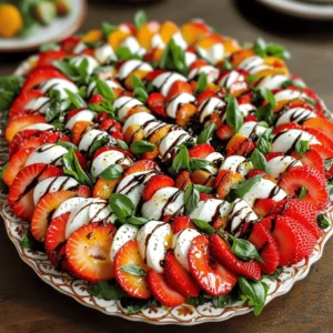 - Fresh strawberries - Mozzarella cheese - Fresh basil leaves - Balsamic glaze - Extra virgin olive oil - Salt and black pepper If you want to switch out strawberries, try using ripe peaches or figs. Both fruits add sweetness. For mozzarella, you can use burrata for a creamier texture. If you prefer a different glaze, a homemade balsamic reduction works well. You can also try honey or a fruit-based dressing. Instead of extra virgin olive oil, avocado oil can add a nice flavor. Start by rinsing the fresh strawberries under cool water. After that, hull them by removing the green tops. Slice the strawberries into thin, even rounds. This helps with presentation and ensures each bite is tasty. Slice the mozzarella cheese into rounds. Aim for a thickness that matches the strawberry slices. About 1/4 inch thick works best. This keeps the balance of flavors and textures just right. Take a large serving platter and start layering the ingredients. Place a layer of strawberry slices first. Then add a layer of mozzarella rounds. Follow this with fresh basil leaves. Repeat until all the ingredients are used. Finish with a layer of basil on top for a pretty look. You can adjust how much balsamic glaze you use. More glaze gives a stronger flavor. You can also add herbs like mint or oregano for extra depth. Serve this salad on a bright platter or in individual bowls. For a fancy touch, garnish with more basil leaves. This adds color and freshness. You can prepare the salad ahead of time. Just keep the layers separate until you're ready to serve. Store the ingredients in the fridge but avoid mixing them too early. This keeps everything fresh. For a twist, use seasonal fruits like figs or nectarines. You can also add thinly sliced cucumbers or bell peppers for crunch. To make it vegan, swap mozzarella for a plant-based cheese. If you want low-carb, use more veggies and skip the glaze. Store leftovers in an airtight container in the fridge. They will stay fresh for about two days. This salad is best enjoyed cold. There’s no need to reheat it, as the flavors shine when served fresh. Start by preparing your strawberries and mozzarella. Layer them with basil on a platter, drizzle with glaze and olive oil, and season to taste. Frozen strawberries will change the taste and texture. They may be mushy and less sweet when thawed. This salad pairs well with grilled chicken, crusty bread, or a light pasta dish. This guide covers how to prepare Balsamic Strawberry Caprese. We explored key ingredients, including strawberries and mozzarella. I shared tips for customizing flavors, enhancing presentation, and making it ahead. You can swap ingredients to suit your taste or dietary needs. Enjoy this dish fresh or store leftovers using the best practices noted. With easy steps and fun variations, you can impress friends and family. Dive into this tasty recipe and elevate your meals with flavor and style. Enjoy creating your own Caprese masterpiece!