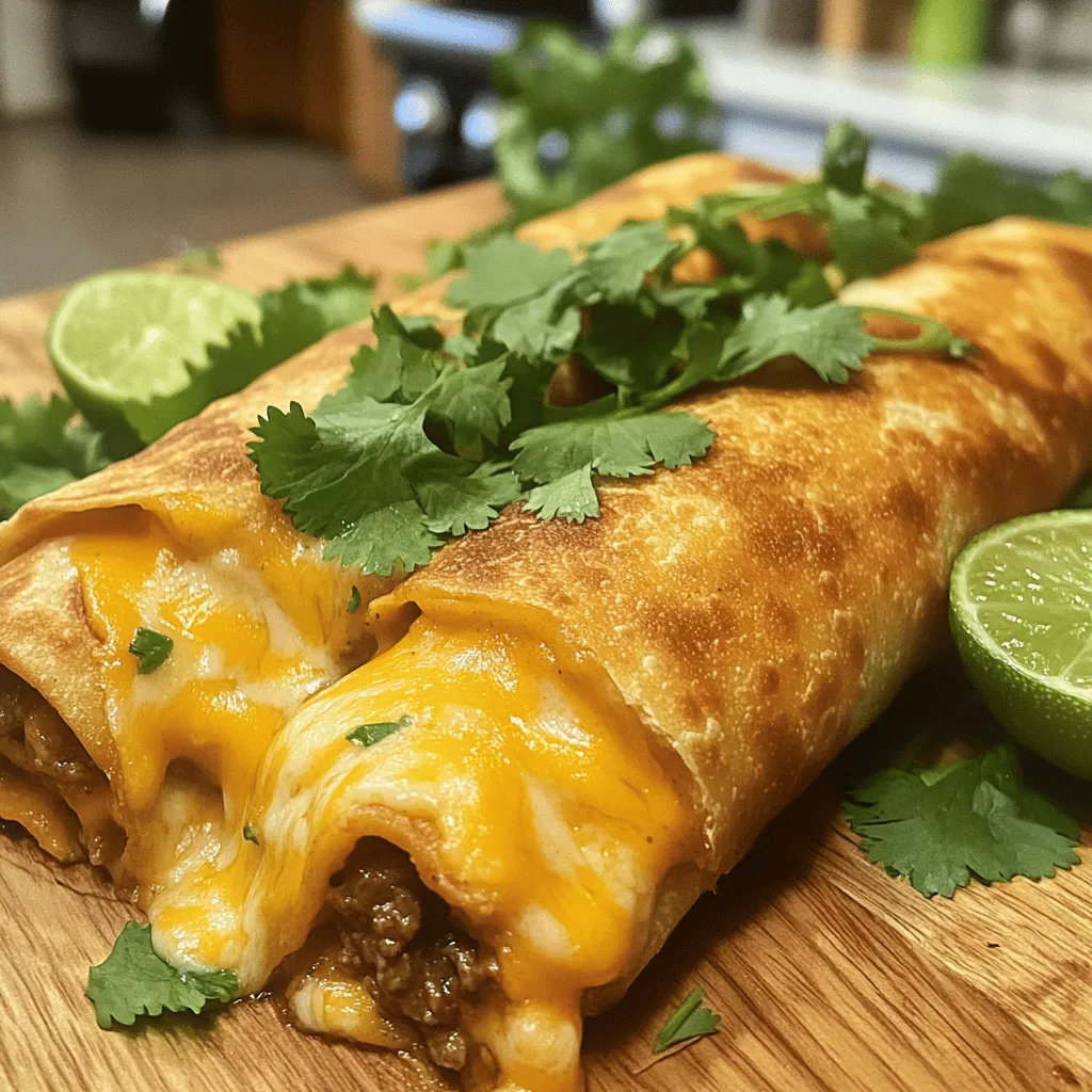 - 1 pound ground beef - 1 cup shredded cheddar cheese - ½ cup shredded Monterey Jack cheese - 8 large flour tortillas - 1 teaspoon cumin - 1 teaspoon chili powder - 1 teaspoon salt - ½ teaspoon black pepper - 2 cups vegetable oil for frying - Fresh cilantro, finely chopped - Lime wedges When I make crispy beef and cheese chimichangas, I focus on fresh, quality ingredients. The ground beef gives a rich flavor and texture. I love using both cheddar and Monterey Jack cheese. They melt beautifully and create a creamy filling. For the tortillas, I prefer large flour ones. They hold the filling well and fry up nicely. The seasonings play a key role in the taste. Cumin adds warmth, chili powder gives it a kick, and salt enhances all the flavors. Black pepper rounds it out with a bit of spice. Frying oil is crucial for that perfect crisp. Vegetable oil works best for frying. It has a high smoke point and cooks the chimichangas evenly. Finally, I love adding fresh cilantro and lime wedges as garnishes. They brighten the dish and enhance the flavors. You can find the Full Recipe for all these steps to create this delightful treat. - First, heat 1 tablespoon of oil in a skillet over medium heat. - Add the finely chopped onion and sauté for 3-4 minutes until it is soft. - Next, add 2 minced garlic cloves and cook for 1 minute. Stir it well to avoid burning. - Now, add 1 pound of ground beef to the skillet. Break it apart with a spatula and cook for 5-7 minutes. The meat should be browned and cooked through. - Stir in 1 teaspoon of cumin, 1 teaspoon of chili powder, 1 teaspoon of salt, and ½ teaspoon of black pepper. - Mix well and let it cook for 2 minutes. This step enhances the flavor of the beef. - Remove the skillet from heat and allow the mixture to cool slightly. - In a bowl, combine the beef mixture with 1 cup of shredded cheddar and ½ cup of Monterey Jack cheese. Mix until the cheeses blend in well. - Lay out a tortilla on a flat surface. Spoon about ¼ cup of the beef and cheese filling into the center. - Fold the sides of the tortilla inward over the filling. Then roll it tightly from the bottom to the top. - Make sure each chimichanga is tightly rolled to keep the filling inside while frying. Repeat with the rest. - In a deep skillet, heat 2 cups of vegetable oil over medium-high heat. The oil should shimmer when ready, about 350°F (175°C). - Carefully place 2-3 chimichangas into the hot oil. Fry them for 3-4 minutes on each side. - Look for a golden brown color and crispy texture. - Use a slotted spoon to take them out and place them on paper towels to drain excess oil. - Serve the chimichangas hot, with cilantro and lime wedges for a fresh touch. For the complete cooking method, check the Full Recipe. To make your chimichangas crispy, oil temperature is key. Heat your oil to about 350°F. Use a thermometer for accuracy. If the oil is too cool, the chimichangas will soak up oil and turn soggy. If it's too hot, they may burn quickly. Fry in small batches. This helps keep the oil temperature steady. Overcrowding the pan can lead to uneven cooking. For a fun and colorful presentation, arrange your chimichangas on a bright platter. Add lime wedges around the edges for a zesty touch. Sprinkle fresh cilantro on top for a pop of green. Pair your chimichangas with dips like salsa, guacamole, or sour cream. These sides add flavor and fun to your meal. One common mistake is overfilling the tortillas. Stick to about ¼ cup of filling. This ensures they close well and fry evenly. Another mistake is not sealing the edges properly. Use a bit of water on the edges before folding them. This helps them stick and keeps the filling inside. Avoid these mistakes for the best results. For the complete recipe, see the [Full Recipe]. {{image_4}} You can swap beef for beans and veggies. Black beans or pinto beans work great. Add bell peppers, corn, and zucchini for more flavor. This option is hearty and full of nutrients. You won’t miss the meat at all! Want some heat? Add jalapeños or a splash of hot sauce to the filling. You can slice fresh jalapeños or use pickled ones for an extra zing. This twist brings exciting flavors and a kick to your chimichangas! Cheese lovers can play with flavors. Try pepper jack for a spicy kick or queso blanco for a creamier texture. Mixing different cheeses can make your chimichangas even more delicious. Experiment with your favorites for a fun taste adventure! For the full recipe, check out the link above. To store leftover chimichangas, let them cool first. Place them in an airtight container. You can also wrap them in foil or plastic wrap. When stored this way, they stay fresh for 3 to 4 days in the fridge. Always check for any signs of spoilage before eating. To freeze chimichangas, wrap each one tightly in plastic wrap. Then, place them in a freezer-safe bag. They can last for up to 2 months in the freezer without losing flavor. When you want to eat them, take out a chimichanga and let it thaw in the fridge overnight. To reheat frozen chimichangas, preheat your oven to 375°F (190°C). Unwrap the chimichanga and place it on a baking sheet. Bake for about 20-25 minutes until it's hot and crispy. You can also reheat them in an air fryer for a quicker option, cooking them for about 10 minutes at 350°F (175°C). Enjoy your crispy beef and cheese chimichangas, even after storing! To reheat chimichangas and keep them crispy, use an oven. Preheat the oven to 375°F. Place the chimichangas on a baking sheet lined with parchment paper. Heat them for about 10-15 minutes. Check if they are warm and crispy. You can also use an air fryer for a quick option. Set it to 350°F and heat for around 5-7 minutes. This method helps maintain their crunch. Yes, you can bake chimichangas. Baking is a healthier method. Preheat your oven to 400°F. Brush the chimichangas lightly with oil. Place them on a baking sheet. Bake for 25-30 minutes. Turn them halfway through for even cooking. They may not get as crispy as fried ones, but they will still be tasty. Crispy beef and cheese chimichangas pair well with various sides. Here are some great options: - Mexican rice - Refried beans - Guacamole - Salsa - Sour cream - Fresh salad - Corn on the cob For drinks, try serving with a cold soda, agua fresca, or a refreshing margarita. For the complete recipe, check out the [Full Recipe]. This blog post covered how to make delicious chimichangas. We discussed key ingredients like ground beef, cheese, and spices. I shared step-by-step instructions for preparing, seasoning, and frying. I also gave tips for crispiness and ways to serve. Remember to avoid overfilling your tortillas and sealing them tightly. Whether you choose a vegetarian option or add spice, enjoy your tasty creations. Now you have everything needed to make great chimichangas at home!
