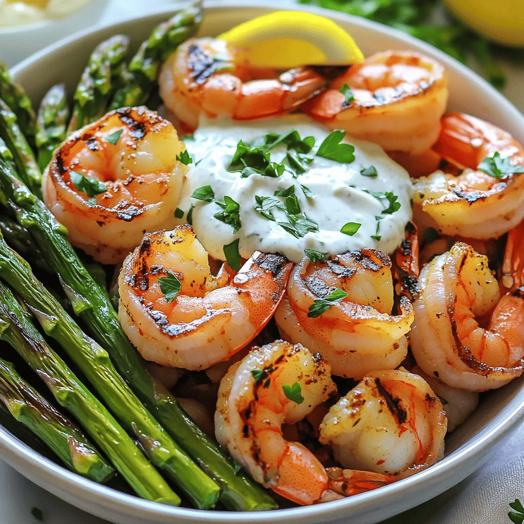To make the Grilled Shrimp Bowl with Asparagus & Creamy Garlic Sauce, you will need some fresh and simple ingredients. Here’s what you will gather: - 1 lb large shrimp, peeled and deveined - 1 bunch asparagus, trimmed and cut into thirds - 2 tablespoons olive oil - 1 teaspoon smoked paprika - 1 teaspoon garlic powder - Salt and pepper to taste - 1/2 cup Greek yogurt - 2 cloves garlic, finely minced - 1 tablespoon fresh lemon juice - 1 tablespoon freshly chopped parsley Each ingredient plays an important role in this dish. The large shrimp give the bowl a nice protein boost. Asparagus adds a fresh crunch and color. Olive oil helps to enhance the flavors while grilling. The seasonings, such as smoked paprika and garlic powder, bring warmth and depth to the dish. The creamy garlic sauce, made from Greek yogurt, minced garlic, lemon juice, and parsley, adds a rich and zesty finish. It is a perfect complement to the grilled shrimp and asparagus. By using fresh ingredients, you make this meal not only delicious but also healthy. You can find the full recipe for detailed steps on how to prepare this bowl. Enjoy the vibrant flavors as you create this delightful dish! To start, you need to marinate the shrimp. In a medium bowl, mix together the shrimp, olive oil, smoked paprika, garlic powder, salt, and pepper. Toss the shrimp gently to coat them well. Let them sit for 15 minutes. This lets the flavors soak in. While the shrimp marinates, it’s time to prepare the asparagus. Boil a large pot of water. Add the asparagus pieces and blanch them for 2-3 minutes. They should be tender but still a bit crunchy. Once done, drain the asparagus. Quickly put them in a bowl of ice water. This stops the cooking and keeps their bright green color. Now, let's make the creamy garlic sauce. In a small bowl, mix Greek yogurt, minced garlic, lemon juice, a pinch of salt, and chopped parsley. Stir until smooth. Taste it and adjust the flavors if needed. Set the sauce aside for later. Next, preheat your grill or grill pan to medium-high heat. Thread the marinated shrimp onto skewers. Make sure they are close but not too crowded. Grill the shrimp for about 2-3 minutes on each side. They should turn pink and opaque when done. If you want to boost the flavor, sauté the asparagus. Heat a little olive oil in a pan over medium heat. Add the blanched asparagus and sauté for 2-3 minutes. This will add a nice char and sweetness. Finally, it’s time to assemble your bowl. In a large serving bowl, arrange a generous portion of grilled shrimp next to or on top of the asparagus. Drizzle the creamy garlic sauce over the shrimp or serve it in a small bowl on the side. For a beautiful finish, garnish with extra chopped parsley and a slice of lemon. For the full recipe, check out the detailed instructions above. Enjoy your delicious Grilled Shrimp Bowl with Asparagus & Creamy Garlic Sauce! When choosing shrimp, you have two main options: fresh or frozen. Fresh shrimp often tastes better but can be hard to find. Frozen shrimp is usually just as good if you buy high-quality brands. Look for large shrimp, around 16 to 20 per pound, as they grill nicely. Always check the label for any additives. Wild-caught shrimp often has a better flavor than farmed. To make the creamy garlic sauce just right, start with Greek yogurt. It gives that rich texture. Add minced garlic and lemon juice for a fresh kick. Taste the sauce as you mix it. If it needs more flavor, add a pinch of salt or more garlic. If it’s too thick, mix in a little water or extra lemon juice for a smoother consistency. When serving your grilled shrimp bowl, think about sides or drinks that pair well. A light salad or some crusty bread complements the dish nicely. For drinks, try a crisp white wine or sparkling water with lemon. You can also serve the creamy garlic sauce on the side for dipping. This lets everyone enjoy as much sauce as they want. For the full recipe, refer to the detailed steps above. {{image_4}} You can change the protein in this dish. Try using chicken or tofu instead of shrimp. Both options work well with the creamy garlic sauce. If you want more veggies, swap asparagus for bell peppers or zucchini. These choices add different flavors and textures, making your bowl unique. If you need gluten-free options, this recipe is already safe! The shrimp and veggies are naturally gluten-free. For a dairy-free version, use coconut yogurt instead of Greek yogurt. This keeps the creamy texture while making it suitable for lactose-free diets. Boost the flavor with spices or herbs. Add a pinch of cayenne for heat or fresh basil for a different taste. Try using lemon zest for a bright twist. These small changes can elevate your dish and make it even more enjoyable. Feel free to explore these variations to keep your grilled shrimp bowl exciting. Check out the Full Recipe for more details on how to make this dish! Store leftover shrimp and sauce in separate airtight containers. This keeps the shrimp juicy and the sauce creamy. Place them in the fridge within two hours of cooking. Use them within three days for the best taste. If you want to enjoy them longer, consider freezing. When reheating, use the stovetop or microwave. For the shrimp, warm them gently on low heat. This helps maintain their texture. Heat the creamy garlic sauce separately in a small pan over low heat. Stir often to keep the sauce smooth. If using a microwave, heat in short bursts to avoid overheating. Freezing is great for long-term storage. Wrap the shrimp tightly in plastic wrap and place them in a freezer bag. You can freeze the creamy garlic sauce too, but it might change texture. Use frozen shrimp within three months for the best quality. When ready to use, thaw in the fridge overnight before reheating. You can tell when shrimp is done by its color. Cooked shrimp turns a bright pink. The flesh also becomes opaque. This usually takes about 2-3 minutes per side on the grill. If the shrimp curls into a tight "C" shape, it's likely overcooked. Aim for a gentle curve instead. Yes, you can use frozen shrimp. To get the best results, thaw them first. Place them in the fridge overnight or run them under cold water for a quick thaw. Once thawed, pat them dry before marinating. This helps the marinade stick better and prevents excess water from making the shrimp soggy. If you need a substitute for Greek yogurt, try sour cream or plain yogurt. Both options give a creamy texture. You can also use cashew cream for a dairy-free option. Just make sure to adjust the seasoning, as flavors might vary slightly. This blog post guides you through making a delicious shrimp and asparagus dish. You learned about the key ingredients, marinating techniques, and how to prepare a creamy garlic sauce. I shared tips for choosing fresh shrimp and suggestions for variations, so you can tailor it to your taste. Remember, leftovers need proper storage to keep flavors intact. Enjoy crafting your meal! Simple steps lead to great flavor and fun in the kitchen.