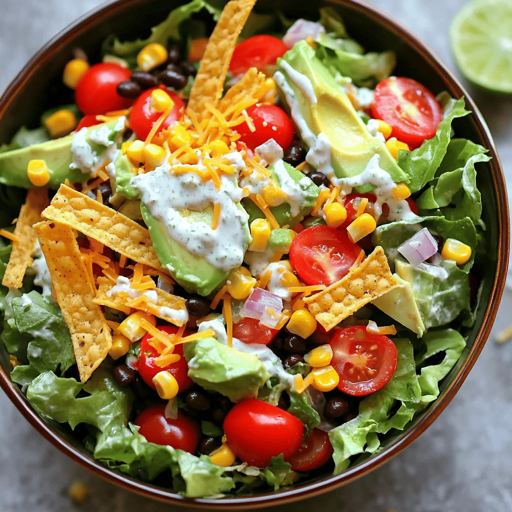 - 1 can black beans, drained and rinsed - 2 cups fresh romaine lettuce, chopped - 1 cup cherry tomatoes, halved - 1 cup corn kernels (fresh or frozen) - 1 ripe avocado, diced - 1/2 medium red bell pepper, diced - 1/2 cup plain Greek yogurt - 1/4 cup salsa - 1 tablespoon fresh lime juice When I make this black bean taco salad, I love how vibrant and fresh it looks. The black beans bring protein and a nice texture. Romaine lettuce adds crunch, while cherry tomatoes give a juicy burst. Corn kernels add sweetness, and ripe avocado brings creaminess. The red bell pepper adds color and a slight crisp. Each bite is a mix of flavors and textures. For the dressing, I use Greek yogurt for creaminess without being heavy. Salsa gives it a fresh taste, and lime juice adds a zesty kick. This dressing ties all the ingredients together beautifully. If you want the full experience, check out the Full Recipe. It gives you all the steps to create this delightful dish! To make the creamy salsa dressing, gather your ingredients. In a medium bowl, add the Greek yogurt, salsa, lime juice, olive oil, minced garlic, and cayenne pepper if you want some spice. Mix these ingredients together with a whisk until smooth. This dressing is creamy and tangy. Once mixed, set it aside for later. Now, it's time for the salad. Take a large mixing bowl and add the drained black beans, chopped romaine lettuce, halved cherry tomatoes, corn, diced avocado, diced red bell pepper, and finely chopped red onion. Each ingredient adds flavor and color. Toss all the ingredients together gently. This ensures they mix evenly and look great. Next, add your seasonings. Sprinkle in the ground cumin, chili powder, and a pinch of salt and pepper. Toss the salad again to coat everything with the spices. This step brings all the flavors together. Now, layer the salad mixture on individual plates or in a large bowl. Top each serving with crispy tortilla strips and shredded cheese. Just before serving, drizzle the creamy salsa dressing over the salad. You can also serve it on the side for guests to add as they like. For the full recipe, check out the complete instructions. You can make your Black Bean Taco Salad even better! Here are some ideas: - Add proteins: Grilled chicken or shrimp boosts flavor and makes the meal heartier. - Include extra veggies: Try adding bell peppers, cucumbers, or carrots for more nutrition and taste. These simple changes can help you create a salad that fits your cravings and needs. A beautiful dish makes any meal more fun. Here’s how to present your salad: - Use colorful bowls: Bright bowls enhance the salad's look and make it more inviting. - Garnish with lime wedges: Add lime wedges and extra toppings. This gives a nice touch and adds extra flavor. These tips will help your salad shine at any gathering or family meal. For the full recipe, check out the Black Bean Taco Salad Fiesta. {{image_4}} You can easily make this salad vegetarian or vegan. If you want to keep it vegan, here are some swaps: - Cheese: Substitute the regular cheese with vegan cheese. Look for options made from nuts or soy. - Dressing: Instead of Greek yogurt, use tahini or ripe avocado. Both give a creamy texture and rich flavor. These changes keep the taste delicious while meeting dietary needs. Feel free to play with different ingredients to make the salad your own. Here are a few ideas: - Grain Base: Swap black beans for quinoa or farro. Both add a nice texture and extra nutrition. - Bean Choices: If you want to change up the flavors, try kidney beans or pinto beans instead of black beans. They all work great in this salad. These simple swaps can enhance the salad and keep it interesting. You can find the full recipe [here](#). To keep your salad fresh, store the salad components separately. This way, your lettuce stays crisp. Place the black beans, corn, tomatoes, and other veggies in a bowl or container. For the dressing, use an airtight container. This helps keep it creamy and delicious. Your salad components will last about 2-3 days in the fridge. This gives you time to enjoy leftovers without worry. The creamy salsa dressing can last up to a week. Just check for freshness before using it again. Keeping track of these times helps you enjoy every bite of your Black Bean Taco Salad with Creamy Salsa Dressing! Yes, you can prepare the ingredients ahead of time. Just keep them separate in the fridge. Wait to assemble the salad until right before serving. This keeps the salad fresh and crisp. Yes, this recipe can be gluten-free. Just make sure your tortilla strips are labeled gluten-free. This ensures no hidden gluten sneaks into your meal. To add heat to your dressing, mix in more cayenne pepper. You can also add diced jalapeños for an extra kick. Adjust the spice level to fit your taste. This blog post shared how to make a tasty Black Bean Taco Salad. You learned the main ingredients, like black beans and fresh veggies, and how to make a creamy dressing. I included tips to customize it and store leftovers. You can easily adapt this salad to fit your taste or dietary needs. I hope you feel inspired to try this recipe! Enjoy making your delicious and healthy salad.