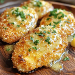 - 4 boneless, skinless chicken breasts - 1 cup all-purpose flour, seasoned with salt and pepper - 2 large eggs, beaten until frothy - 1 cup breadcrumbs - 1 cup grated Parmesan cheese - 1 teaspoon garlic powder - 1 teaspoon Italian seasoning - 4 cloves garlic, finely minced - 1/2 cup chicken broth - 1 tablespoon fresh lemon juice - 1/2 cup olive oil, for frying To create the best Crispy Parmesan Chicken, you need to gather fresh and quality ingredients. Start with boneless, skinless chicken breasts. They are easy to work with and cook evenly. Seasoned all-purpose flour gives the chicken a great base. You’ll also need eggs, which help the coating stick. The next step is to focus on the coating. Breadcrumbs add crunch and texture. Grated Parmesan cheese brings rich flavor. Adding garlic powder and Italian seasoning will enhance the taste and aroma. Finally, let’s not forget the garlic sauce. Fresh minced garlic is key, as it packs a ton of flavor. Chicken broth adds depth, while fresh lemon juice brightens it all up. Olive oil is essential for frying the chicken to golden perfection. For the full recipe, see the earlier section. Start by pounding the chicken. Place each breast between two sheets of plastic wrap. Use a meat mallet or a rolling pin to pound the chicken until it is about 1/2 inch thick. This step helps the chicken cook evenly. Next, set up your breading station. You need three shallow bowls for this. In the first bowl, add the seasoned flour. In the second bowl, pour in the beaten eggs. The third bowl needs a mix of breadcrumbs, Parmesan cheese, garlic powder, and Italian seasoning. Now, it's time to bread the chicken. Take one breast and dredge it in the flour first. Make sure you coat all sides well. Shake off any extra flour. Next, dip the chicken into the beaten eggs. Let any excess egg drip off. Finally, roll the chicken in the breadcrumb mix. Press gently to make a thick coat. Heat olive oil in a large skillet over medium-high heat. Once the oil shimmers, carefully add the breaded chicken breasts. Cook them in batches so they don’t overcrowd. Each piece needs about 5-6 minutes on each side. You want them golden brown and crispy. After cooking, transfer the chicken to a plate lined with paper towels. This helps absorb any extra oil. For the complete recipe, check out the Full Recipe. To get a crispy texture on your chicken, dry the meat first. Pat each chicken breast with paper towels. Removing moisture helps the coating stick better and fry up crispier. Next, heat your oil to the right temperature. You want it to shimmer but not smoke. A medium-high heat works best. If the oil is too cool, the chicken will soak up oil and become greasy. Timing is key when adding garlic to your sauce. Add it after frying the chicken and let it cook for only 30 seconds. This quick sauté brings out the garlic's flavor without burning it. Simmer the sauce for a few minutes. This helps the flavors blend together. The chicken broth and lemon juice will mix to create a rich sauce that enhances the chicken. Serve your crispy chicken on a white platter. This contrast makes the dish pop. You can also add a lemon wedge on the side for a fresh touch. For garnishing, sprinkle fresh parsley on top. This adds color and a hint of flavor. It makes the dish look fancy and appetizing. For the full recipe, check out the complete guide! {{image_4}} You can change the flavor of crispy Parmesan chicken easily. Add spices like paprika or cayenne for heat. Fresh herbs like basil or thyme can enhance the dish too. Consider mixing different cheeses into the breadcrumbs. Mozzarella or cheddar can add a new cheesy twist. You can also try a spicy cheese blend for a kick. You can bake or air fry the chicken for a healthier option. Baking gives the chicken a nice crunch without much oil. Set your oven to 400°F and bake for about 20-25 minutes. The chicken will be golden and crisp. Air frying works well too. It cooks quickly while keeping the chicken juicy inside. Cook at 380°F for 15-20 minutes, flipping halfway through. If you need gluten-free options, use gluten-free breadcrumbs. They work just as well for a crispy coating. For vegetarians, swap chicken for eggplant. Cut eggplant into thick slices, bread, and cook the same way. You'll get a delightful dish that everyone can enjoy. Try these swaps to make the recipe fit your needs. For the full recipe, check the details above. To keep your crispy Parmesan chicken fresh, follow these steps. First, let the chicken cool to room temperature. Then, place it in airtight containers. This keeps moisture out and helps it last longer. Store the leftovers in the fridge. They will stay good for about three days. For best taste, eat them within two days. When you're ready to enjoy leftovers, you have a few options for reheating. The oven works best. Preheat it to 375°F (190°C). Place the chicken on a baking sheet. Heat for about 10 to 15 minutes. This method keeps the chicken crispy. You can also use a skillet. Heat it over medium heat and add a little oil. Cook the chicken for about 5 minutes on each side. Make sure it gets hot all the way through. You can freeze this chicken too! You can freeze it before or after cooking. If you freeze it raw, wrap each piece tightly in plastic wrap. Then, place them in a freezer bag. If you cook it first, let it cool completely. Then, store it in an airtight container. Frozen chicken lasts about three months. To thaw, place the chicken in the fridge overnight. You can also use the microwave. Just be careful to thaw it evenly. For the full recipe, check out the detailed instructions above! Cook the chicken for about 5-6 minutes on each side. This gives a nice golden color. Make sure the chicken reaches 165°F (74°C) inside. Use a meat thermometer for accuracy. Cooking time may vary based on thickness, so check carefully. Yes, you can! Use gluten-free breadcrumbs instead of regular ones. You may also use rice flour instead of all-purpose flour. This keeps the crispy texture while being gluten-free. Always check labels to ensure all ingredients are safe for your diet. A few delicious sides include: - Garlic mashed potatoes - Steamed broccoli - Caesar salad - Roasted carrots These sides pair well and balance the flavors of the chicken. Each dish adds a nice touch to your meal. To add heat, try these tips: - Add red pepper flakes to the breadcrumb mixture. - Mix in cayenne pepper with the garlic sauce. - Serve with a spicy dipping sauce, like sriracha. These options will give your chicken a nice kick without overpowering the dish. Adjust the spice level to your taste! For the detailed cooking process, check the Full Recipe. You now have all the steps for making Crispy Parmesan Chicken. We covered ingredients, cooking methods, and even tips to improve your dish. Don’t forget that storing and reheating correctly maintains that delicious crunch. With these insights, you can customize the flavors or try different cooking methods. Enjoy your cooking journey and the tasty meals ahead! Cooking is fun, so embrace your creativity in the kitchen.