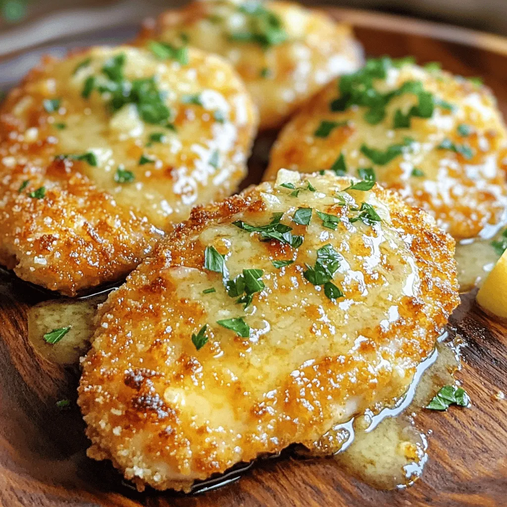 - 4 boneless, skinless chicken breasts - 1 cup all-purpose flour, seasoned with salt and pepper - 2 large eggs, beaten until frothy - 1 cup breadcrumbs - 1 cup grated Parmesan cheese - 1 teaspoon garlic powder - 1 teaspoon Italian seasoning - 4 cloves garlic, finely minced - 1/2 cup chicken broth - 1 tablespoon fresh lemon juice - 1/2 cup olive oil, for frying To create the best Crispy Parmesan Chicken, you need to gather fresh and quality ingredients. Start with boneless, skinless chicken breasts. They are easy to work with and cook evenly. Seasoned all-purpose flour gives the chicken a great base. You’ll also need eggs, which help the coating stick. The next step is to focus on the coating. Breadcrumbs add crunch and texture. Grated Parmesan cheese brings rich flavor. Adding garlic powder and Italian seasoning will enhance the taste and aroma. Finally, let’s not forget the garlic sauce. Fresh minced garlic is key, as it packs a ton of flavor. Chicken broth adds depth, while fresh lemon juice brightens it all up. Olive oil is essential for frying the chicken to golden perfection. For the full recipe, see the earlier section. Start by pounding the chicken. Place each breast between two sheets of plastic wrap. Use a meat mallet or a rolling pin to pound the chicken until it is about 1/2 inch thick. This step helps the chicken cook evenly. Next, set up your breading station. You need three shallow bowls for this. In the first bowl, add the seasoned flour. In the second bowl, pour in the beaten eggs. The third bowl needs a mix of breadcrumbs, Parmesan cheese, garlic powder, and Italian seasoning. Now, it's time to bread the chicken. Take one breast and dredge it in the flour first. Make sure you coat all sides well. Shake off any extra flour. Next, dip the chicken into the beaten eggs. Let any excess egg drip off. Finally, roll the chicken in the breadcrumb mix. Press gently to make a thick coat. Heat olive oil in a large skillet over medium-high heat. Once the oil shimmers, carefully add the breaded chicken breasts. Cook them in batches so they don’t overcrowd. Each piece needs about 5-6 minutes on each side. You want them golden brown and crispy. After cooking, transfer the chicken to a plate lined with paper towels. This helps absorb any extra oil. For the complete recipe, check out the Full Recipe. To get a crispy texture on your chicken, dry the meat first. Pat each chicken breast with paper towels. Removing moisture helps the coating stick better and fry up crispier. Next, heat your oil to the right temperature. You want it to shimmer but not smoke. A medium-high heat works best. If the oil is too cool, the chicken will soak up oil and become greasy. Timing is key when adding garlic to your sauce. Add it after frying the chicken and let it cook for only 30 seconds. This quick sauté brings out the garlic's flavor without burning it. Simmer the sauce for a few minutes. This helps the flavors blend together. The chicken broth and lemon juice will mix to create a rich sauce that enhances the chicken. Serve your crispy chicken on a white platter. This contrast makes the dish pop. You can also add a lemon wedge on the side for a fresh touch. For garnishing, sprinkle fresh parsley on top. This adds color and a hint of flavor. It makes the dish look fancy and appetizing. For the full recipe, check out the complete guide! {{image_4}} You can change the flavor of crispy Parmesan chicken easily. Add spices like paprika or cayenne for heat. Fresh herbs like basil or thyme can enhance the dish too. Consider mixing different cheeses into the breadcrumbs. Mozzarella or cheddar can add a new cheesy twist. You can also try a spicy cheese blend for a kick. You can bake or air fry the chicken for a healthier option. Baking gives the chicken a nice crunch without much oil. Set your oven to 400°F and bake for about 20-25 minutes. The chicken will be golden and crisp. Air frying works well too. It cooks quickly while keeping the chicken juicy inside. Cook at 380°F for 15-20 minutes, flipping halfway through. If you need gluten-free options, use gluten-free breadcrumbs. They work just as well for a crispy coating. For vegetarians, swap chicken for eggplant. Cut eggplant into thick slices, bread, and cook the same way. You'll get a delightful dish that everyone can enjoy. Try these swaps to make the recipe fit your needs. For the full recipe, check the details above. To keep your crispy Parmesan chicken fresh, follow these steps. First, let the chicken cool to room temperature. Then, place it in airtight containers. This keeps moisture out and helps it last longer. Store the leftovers in the fridge. They will stay good for about three days. For best taste, eat them within two days. When you're ready to enjoy leftovers, you have a few options for reheating. The oven works best. Preheat it to 375°F (190°C). Place the chicken on a baking sheet. Heat for about 10 to 15 minutes. This method keeps the chicken crispy. You can also use a skillet. Heat it over medium heat and add a little oil. Cook the chicken for about 5 minutes on each side. Make sure it gets hot all the way through. You can freeze this chicken too! You can freeze it before or after cooking. If you freeze it raw, wrap each piece tightly in plastic wrap. Then, place them in a freezer bag. If you cook it first, let it cool completely. Then, store it in an airtight container. Frozen chicken lasts about three months. To thaw, place the chicken in the fridge overnight. You can also use the microwave. Just be careful to thaw it evenly. For the full recipe, check out the detailed instructions above! Cook the chicken for about 5-6 minutes on each side. This gives a nice golden color. Make sure the chicken reaches 165°F (74°C) inside. Use a meat thermometer for accuracy. Cooking time may vary based on thickness, so check carefully. Yes, you can! Use gluten-free breadcrumbs instead of regular ones. You may also use rice flour instead of all-purpose flour. This keeps the crispy texture while being gluten-free. Always check labels to ensure all ingredients are safe for your diet. A few delicious sides include: - Garlic mashed potatoes - Steamed broccoli - Caesar salad - Roasted carrots These sides pair well and balance the flavors of the chicken. Each dish adds a nice touch to your meal. To add heat, try these tips: - Add red pepper flakes to the breadcrumb mixture. - Mix in cayenne pepper with the garlic sauce. - Serve with a spicy dipping sauce, like sriracha. These options will give your chicken a nice kick without overpowering the dish. Adjust the spice level to your taste! For the detailed cooking process, check the Full Recipe. You now have all the steps for making Crispy Parmesan Chicken. We covered ingredients, cooking methods, and even tips to improve your dish. Don’t forget that storing and reheating correctly maintains that delicious crunch. With these insights, you can customize the flavors or try different cooking methods. Enjoy your cooking journey and the tasty meals ahead! Cooking is fun, so embrace your creativity in the kitchen.