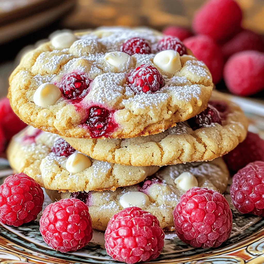 To make delicious raspberry cookies, you need the following ingredients: - 1 cup unsalted butter, softened to room temperature - 1 cup granulated sugar - 1 large egg, at room temperature - 2 teaspoons pure vanilla extract - 2 cups all-purpose flour - 1 teaspoon baking powder - 1/2 teaspoon baking soda - 1/4 teaspoon fine salt - 1 cup fresh raspberries (or thawed frozen raspberries) - 1/2 cup white chocolate chips (optional but recommended) - Powdered sugar for dusting (optional) Each ingredient plays a key role. The butter gives the cookies a rich flavor. Sugar adds sweetness and helps with texture. Raspberries bring a tartness that balances the sweetness. You can swap out some ingredients if needed: - Use coconut oil instead of butter for a dairy-free option. - Brown sugar can replace granulated sugar for a deeper flavor. - Applesauce can work in place of the egg for a vegan choice. - Whole wheat flour can replace all-purpose flour for added nutrition. These substitutes can change the taste and texture but will still yield tasty cookies. You can customize your cookies with extras: - Add nuts like walnuts or pecans for crunch. - Include lemon zest for a citrus twist. - Try almond extract instead of vanilla for a different flavor. - A sprinkle of sea salt on top enhances sweetness. These fun additions can make your raspberry cookies unique and exciting. For the full recipe, check out my detailed guide! First, preheat your oven to 350°F (175°C). This step is key for even baking. While the oven warms up, gather your ingredients. You'll need unsalted butter, sugar, an egg, vanilla, flour, baking powder, baking soda, salt, fresh raspberries, and white chocolate chips if you want. Line two baking sheets with parchment paper to keep cookies from sticking. In a large bowl, mix the softened butter and sugar together. Use an electric mixer on medium speed. Beat them for about 3 to 5 minutes. Your goal is to make the mix light and fluffy. This process adds air, which helps your cookies rise. Next, add the egg and vanilla extract to your butter-sugar mix. Mix until everything is smooth. In another bowl, sift the flour, baking powder, baking soda, and salt together. This helps the leavening agents spread evenly. Gradually add the dry mix to the wet mix. Use a spatula or wooden spoon. Be gentle, so you don’t overmix. Overmixing can make cookies tough. Now comes the fun part! Carefully fold in the fresh raspberries. Go slow to keep the berries intact. You want those tasty bursts of flavor. If you like, fold in white chocolate chips for extra sweetness. This adds a nice touch to your cookies. Scoop about one tablespoon of dough for each cookie. Place them on the prepared baking sheets, leaving about 2 inches of space between them. This space is important for spreading. Bake in the preheated oven for 12 to 15 minutes. Watch them closely; the edges should turn lightly golden. After baking, let the cookies cool on the sheets for 5 minutes. This helps them set. Then, move them to a wire rack to cool completely. If you want, dust cooled cookies with powdered sugar for a lovely finish. For the full recipe, check out Raspberry Bliss Cookies. Enjoy your baking adventure! To get the best texture, use softened butter. This helps mix air into the dough. Cream the butter and sugar well. Aim for a light and fluffy mix. Don't rush this step. It makes a big difference! Avoid overmixing after adding the flour. Overmixing can make cookies tough. You want them soft and chewy with a slight crunch. To stop cookies from spreading too much, chill the dough before baking. After scooping the dough, place it in the fridge for 30 minutes. This helps firm up the butter. Also, use parchment paper on your baking sheets. It keeps cookies from sticking and helps them hold shape. Be sure to space them well on the sheet, about two inches apart. Let cookies cool on the baking sheets for five minutes first. Then, move them to a wire rack. This step lets air circulate around the cookies, preventing sogginess. Store cooled cookies in an airtight container. They stay fresh for about a week at room temperature. For longer storage, freeze them. Just place them in a freezer bag, and they can last up to three months. {{image_4}} You can use both fresh and frozen raspberries in your cookies. Fresh raspberries have a juicy taste and a nice texture. They create bursts of flavor in each bite. Frozen raspberries are great for convenience. They are often picked at peak ripeness, so they taste good, too. Just remember to thaw them first and drain excess water before mixing them into the dough. Raspberry cookies can be more than just sweet. Try adding lemon zest for a bright twist. The tartness of lemon pairs well with the sweetness of raspberries. You can also add almond extract for a nutty flavor. This adds depth and richness to your cookie. For a fun mix, consider adding coconut or even a pinch of cinnamon. Each of these flavors enhances the cookie without overpowering the raspberries. If you want a vegan version, swap the butter for coconut oil or vegan butter. Use a flax egg instead of a regular egg. Just mix one tablespoon of ground flaxseed with three tablespoons of water, let it sit, and use it in your recipe. For gluten-free cookies, replace all-purpose flour with a gluten-free blend. Make sure it has xanthan gum to help with texture. These options keep the cookies tasty while meeting dietary needs. Check the Full Recipe for all the details! To keep your raspberry cookies fresh, store them in an airtight container. This helps keep them soft and tasty. Place parchment paper between layers to avoid sticking. Keep the cookies at room temperature for up to five days. If you want to enjoy them longer, consider freezing. To freeze raspberry cookies, first let them cool completely. Once cool, place them in a single layer on a baking sheet. Freeze for about one hour. Then, transfer the cookies to a freezer-safe bag or container. Remove as much air as possible. They will stay fresh for up to three months. When you want to eat them, thaw them in the fridge overnight. To enjoy your cookies warm, preheat your oven to 350°F (175°C). Place the cookies on a baking sheet. Heat for about 5-10 minutes. This will bring back their soft texture. You can also use the microwave for a quick fix. Heat a single cookie for about 10-15 seconds. Enjoy the warm, gooey goodness! Yes, you can use frozen raspberries! Just thaw them first. This helps prevent the cookies from becoming too wet. Gently pat them dry with a paper towel to remove excess moisture. Using frozen raspberries gives you that lovely burst of flavor, just like fresh ones. To make your raspberry cookies chewier, try a few tricks. First, add an extra egg yolk. This adds moisture and fat, making cookies softer. Second, reduce the baking time slightly. Cookies will keep cooking after you take them out, so take them out when they are just set. Lastly, use brown sugar instead of white sugar for added moisture. Raspberries offer many health benefits. They are low in calories and high in fiber. This helps with digestion and keeps you feeling full. Raspberries also contain vitamins C and K, which support your immune system and bone health. Adding raspberries to cookies makes them a more nutritious treat! Raspberry cookies stay fresh for about a week when stored properly. Place them in an airtight container at room temperature. If you want them to last longer, you can freeze them. They can stay good in the freezer for up to three months. Just let them thaw at room temperature before enjoying them again. For the full recipe, check out the details above! Raspberry cookies are a simple and fun treat to make. We covered essential ingredients and some tasty substitutes. I shared easy steps to prep, mix, and bake your cookies. Plus, I gave tips to get the right texture and how to store them. You learned about different raspberry types and flavor mixes, too. Now it’s time to get baking! Enjoy your cookies fresh or saved for later.