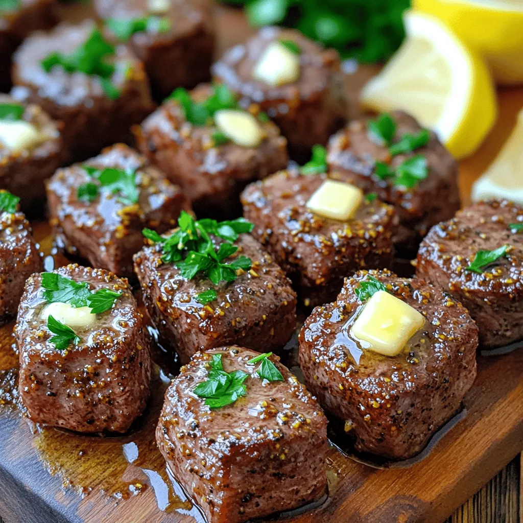 - 1 pound sirloin steak, cut into cubes - 2 tablespoons Cajun seasoning blend - 4 tablespoons unsalted butter, divided - 4 cloves garlic, minced - 1 tablespoon fresh parsley, for garnish - Juice of 1/2 lemon - 1 teaspoon olive oil (optional for extra richness) - Salt and pepper to taste When I cook Cajun Garlic Butter Steak Bites, I focus on simple yet bold flavors. The main ingredient is sirloin steak. I cut it into bite-sized cubes to ensure quick cooking. The Cajun seasoning adds a great kick. I like to use a blend that has paprika, garlic powder, and cayenne. This mix gives the steak its signature taste. Next, I use unsalted butter for richness. I divide it into parts: one for searing the meat and the rest for the sauce. Fresh garlic is key. I always mince it myself to get the best flavor. For garnish, I use fresh parsley. It adds color and freshness to the dish. A squeeze of lemon juice brightens the flavors. If you want a richer taste, a little olive oil works well too. Finally, I always season with salt and pepper. This step is important to enhance all the flavors. You can find the full recipe linked above. To start, you need to coat the steak with Cajun seasoning. Take 1 pound of sirloin steak cut into bite-sized cubes. In a mixing bowl, add 2 tablespoons of Cajun seasoning, along with salt and pepper. Toss the steak until every piece is well coated. This seasoning gives the steak that bold Cajun flavor. Next, set the cooking environment by heating the skillet. Use a large skillet and put it over medium-high heat. Add 1 tablespoon of unsalted butter. Wait until the butter melts and bubbles but does not brown. This is the perfect time to add your steak. Now, let’s sear the steak bites. Carefully add the seasoned steak cubes to the hot skillet in a single layer. Avoid overcrowding the pan. Sear them for about 2-3 minutes on each side. Look for a golden crust. Check for your preferred doneness—medium-rare is often the best choice. Once done, transfer the steak bites to a plate. While the steak rests, it’s time to make the garlic butter sauce. Lower the skillet heat to medium. Add the remaining 3 tablespoons of butter to the skillet. Allow it to melt completely. Then, sauté the garlic. Stir in 4 cloves of minced garlic. Cook for about 30 seconds until fragrant. Be careful not to let it brown, as burnt garlic can spoil the sauce. Now, combine the steak with the garlic butter. Return the cooked steak bites to the skillet, tossing them in the garlic butter. For a zesty twist, squeeze the juice of 1/2 lemon over the top. Sprinkle in 1 tablespoon of finely chopped fresh parsley. Mix well to coat the steak in that delicious sauce. For a final touch, cook everything together for one more minute. This helps the flavors blend beautifully. Now, your Cajun Garlic Butter Steak Bites are ready to serve. For the full recipe, check the details above. Enjoy every bite! For the best Cajun Garlic Butter Steak Bites, know your steak doneness levels. Medium-rare is your friend. It keeps the steak juicy and tender. Aim for an internal temperature of 130°F to 135°F. If you prefer it medium, go for 140°F to 145°F. To avoid overcooking, use a meat thermometer. Insert it into the thickest part of the steak. Also, let the meat rest for a few minutes after cooking. This helps the juices redistribute, making each bite flavorful. Plating matters! Arrange your steak bites on a rustic wooden board or a clean white plate. This makes the dish look inviting. Garnish with fresh parsley for color. Lemon wedges add a nice touch too. They brighten up the dish. Consider serving with a side of garlic bread or a fresh salad. These add color and balance to your plate. Your guests will love the look and taste of your meal. Want to boost the flavor? Try different seasonings. Smoked paprika can add a nice depth. A pinch of cayenne pepper gives heat without overwhelming the dish. Don't forget herbs! Fresh thyme or oregano can elevate the taste. Add them to the garlic butter for extra flavor. You can also mix in some fresh basil for a twist. For the full recipe, check out the details and enjoy making these delicious bites! {{image_4}} You can switch up the steak cut for your Cajun Garlic Butter Steak Bites. Sirloin is great, but ribeye or tenderloin works too. Each cut gives a different taste and texture. Butter is key in this recipe, but you can use ghee or coconut oil instead. Ghee offers a rich, nutty flavor. Coconut oil adds a hint of sweetness. Both options keep the dish delicious. Want extra heat? Add cayenne pepper or a splash of hot sauce. A little goes a long way, so adjust to your taste. This kick enhances the Cajun spices. You can also mix in vegetables for added nutrition. Bell peppers and mushrooms complement the steak well. Just sauté them in the garlic butter before adding the steak. This gives you a colorful and tasty dish. Cajun flavors can blend well with other cuisines. Try adding Italian herbs like oregano or basil for a twist. This adds a fresh layer to the dish. You can also fuse Cajun with Mexican flair. Adding cumin or chili powder brings warmth and depth. Each fusion creates a unique dish that surprises your taste buds. For the full recipe, check out the [Full Recipe]. Store leftover Cajun Garlic Butter Steak Bites in the fridge. Place them in an airtight container. This keeps the flavors fresh and tasty. It’s best to eat them within three days. To reheat, use a skillet over low heat. Add a splash of water or broth to keep them moist. Heat for about five minutes. You want them warm but not dry. Avoid the microwave if you can; it can make them tough. You can freeze Cajun Garlic Butter Steak Bites for later. Put them in a freezer-safe container. Try to remove as much air as possible. They can stay fresh for up to three months. When ready to eat, thaw them overnight in the fridge before reheating. For the full recipe, check out the Cajun Garlic Butter Steak Bites 🥩🧄 section earlier in this article. The best steak for steak bites is sirloin. It is tender and flavorful. Ribeye is also a good choice. It has more fat, making it juicy. Tenderloin is another option. It is very tender but can be pricey. Choose the cut that fits your taste and budget. Yes, you can make this dish ahead. Cook the steak bites and store them in the fridge. To reheat, use a skillet to warm them gently. This keeps the steak juicy. Avoid using the microwave, as it can dry out the meat. These steak bites pair well with many sides. Try serving them with rice or mashed potatoes. They also go nicely with grilled vegetables or a fresh salad. For a fun twist, serve them on skewers with bell peppers and onions. The spice level can vary. Cajun seasoning has a kick, but you can adjust it. If you like it mild, use less seasoning. For more heat, add cayenne pepper or hot sauce. This way, you can make it perfect for your taste. Cajun Garlic Butter Steak Bites are easy to make and packed with flavor. We looked at the main ingredients, including sirloin steak and Cajun seasoning. You learned step-by-step how to prepare, cook, and present these tasty bites. Tips on doneness and garnishing enhance your cooking skills. Feel free to experiment with variations and flavors. Store extras safely and reheat them well. Enjoy cooking, and make this dish your own!