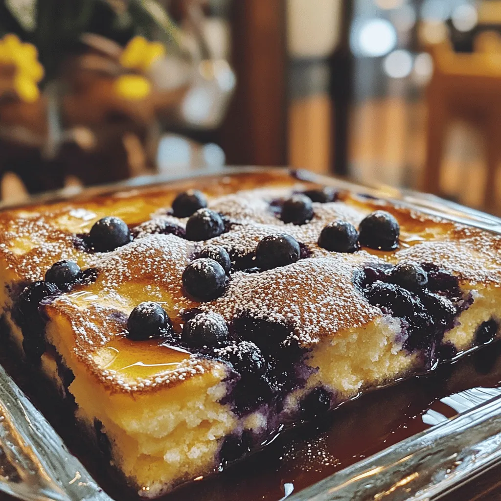 To make the Blueberry Buttermilk Pancake Casserole, you will need a few simple items. Here is the list: - 2 cups all-purpose flour - 1 tablespoon baking powder - 1/2 teaspoon baking soda - 1/4 teaspoon salt - 2 tablespoons sugar - 2 large eggs - 2 cups buttermilk (room temperature) - 1/4 cup unsalted butter, melted and slightly cooled - 1 teaspoon vanilla extract - 2 cups fresh or frozen blueberries - Maple syrup (for serving) - Powdered sugar (for garnish) These ingredients combine to create a soft, fluffy, and fruity casserole. The blueberries burst with flavor, making each bite a delight. The buttermilk adds a rich taste, while the eggs help it rise. This dish is perfect for breakfast or brunch. You can easily double the recipe for a crowd. Check out the Full Recipe for more details on how to prepare this tasty treat! - Preheat oven to 350°F (175°C). - Grease a 9x13 inch casserole dish. This helps the casserole release easily. - In a bowl, combine: - 2 cups all-purpose flour - 1 tablespoon baking powder - 1/2 teaspoon baking soda - 1/4 teaspoon salt - 2 tablespoons sugar - Whisk well. This ensures your casserole will rise evenly. - In another bowl, beat 2 large eggs. - Add 2 cups buttermilk, 1/4 cup melted butter, and 1 teaspoon vanilla extract. - Mix until smooth. This creates a rich batter. - Pour the wet mix into the dry mix. - Stir gently until just combined. A few lumps are okay for fluffiness. - Carefully fold in 2 cups of blueberries. Keep them whole for bursts of flavor. - Pour the batter into the greased dish. - Bake for 25-30 minutes. The top should be golden brown. - Use a toothpick to check if it’s done. It should come out clean. - Let the casserole cool for 5-10 minutes. - Slice it into squares. - Serve warm with maple syrup and a dusting of powdered sugar. Enjoy your tasty delight! To make your Blueberry Buttermilk Pancake Casserole fluffy, avoid overmixing. When you mix the wet and dry ingredients, stir just enough. A few lumps are okay. This keeps the batter light and airy. Also, use room temperature ingredients. Cold buttermilk can lead to a denser texture. Let your eggs and buttermilk sit out for a bit before starting. Check the doneness of your casserole with a toothpick. Insert it into the center; it should come out clean when the casserole is ready. If you use a different oven, you might need to adjust the baking time. Ovens can vary a lot, so keep an eye on your casserole as it bakes. Garnish your pancake casserole to make it look great. A dusting of powdered sugar adds sweetness and charm. You can also add fresh blueberries on top for color. Serve the casserole warm for the best flavor. The warmth enhances the taste and makes it more enjoyable. {{image_4}} You can switch up the fruit in this recipe. If you want a change, try using strawberries or raspberries instead of blueberries. Both fruits bring their own unique taste. Strawberries add sweetness, while raspberries bring a tart flavor. This way, you can enjoy different taste profiles each time you make the casserole. To make your pancake casserole even more exciting, think about adding nuts or chocolate chips. Chopped walnuts or pecans add a nice crunch and flavor. For a chocolate twist, toss in some chocolate chips. They melt and create gooey pockets of chocolate in every bite. These add-ins make the dish even more fun and tasty! If you need a gluten-free option, don't worry! You can easily swap out all-purpose flour for a gluten-free flour blend. Many blends work well, so pick one you like. Just check if it includes xanthan gum, as it helps with texture. This way, everyone can enjoy this tasty dish without worry. Store any leftovers in an airtight container. Place the container in the refrigerator. This keeps your blueberry buttermilk pancake casserole fresh for up to four days. You can freeze cut pieces of the casserole. Wrap them tightly in plastic wrap. Place these wrapped pieces in a freezer-safe bag. They last up to two months in the freezer. To reheat, you have a couple of good options. Use the oven for best results. Preheat the oven to 350°F (175°C). Place the pieces on a baking sheet for about 10 minutes. If you're in a hurry, use the microwave. Heat for 30 seconds to 1 minute, checking often. Enjoy your warm pancake squares just like they were fresh! Yes, no need to thaw before adding to the batter. Frozen blueberries work great in this dish. They hold their shape well and add bursts of flavor. Just fold them in gently. This keeps the berries intact and ensures a yummy experience. Typically lasts up to 3-4 days when stored properly. Make sure to place it in an airtight container. This keeps it fresh and tasty. You can enjoy it for breakfast or snack during the week. Yes, prepare the batter the night before and bake in the morning. This saves time and makes breakfast easier. Just mix the ingredients and let them sit in the fridge. In the morning, pour the batter into the dish and bake. It’s quick and simple! Fresh fruit, whipped cream, or yogurt make excellent accompaniments. They add color and flavor to your meal. Try serving it with a side of strawberries or raspberries. A dollop of whipped cream makes it feel extra special, too! You can also drizzle some maple syrup for extra sweetness. This pancake casserole is easy to make and full of flavor. You can use simple ingredients and follow clear steps to bake a delicious dish. Remember to avoid overmixing for the best texture. If you want to mix it up, try different fruits or add-ins. Don’t forget about storage—leftovers can last for days. Enjoy your warm, sweet creation with maple syrup or powdered sugar! This dish will surely impress and delight everyone at your table.