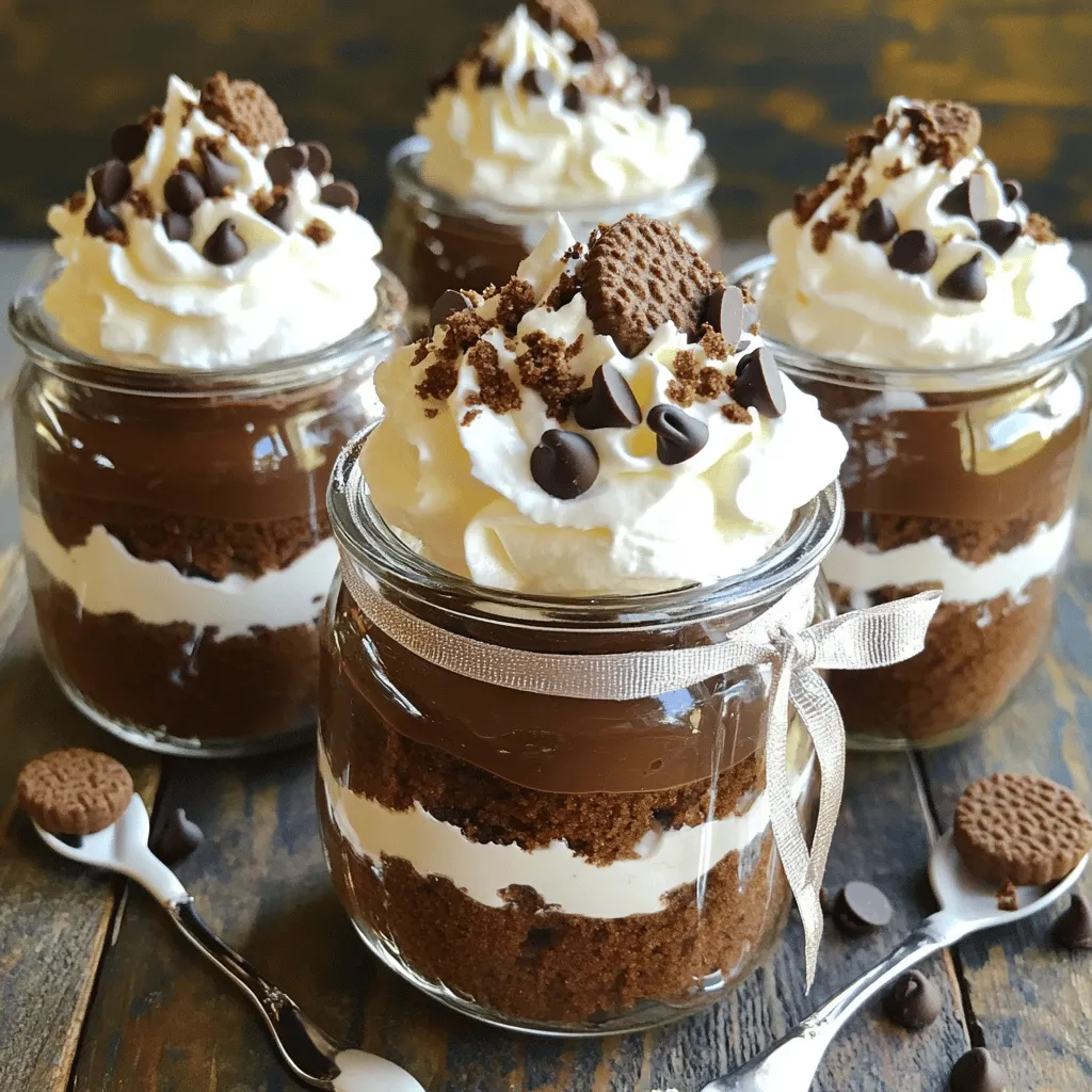 - 1 cup chocolate cake crumbs - 1 cup crushed chocolate sandwich cookies (such as Oreos) - 1 cup heavy whipping cream - 1/2 cup powdered sugar - 1 teaspoon vanilla extract - 1/4 cup cream cheese, softened - 1/2 cup mini chocolate chips - Extra crushed cookies for garnish - You can use coconut cream instead of heavy whipping cream. It gives a nice flavor. - For gluten-free options, choose gluten-free cookies and a gluten-free cake mix. - If you want lower sugar, try using a sugar substitute in the whipped cream. These ingredient options make it easy for everyone to enjoy the cookies and cream cake jar. You can pick what suits your needs best. Remember, the key is to keep the layers balanced and delicious. Enjoy making this sweet treat! To start, you need chocolate cake crumbs. You can bake a cake from scratch or use a mix. If you bake your cake, let it cool completely first. This step is key for a moist cake. Once cool, crumble the cake into fine pieces. Aim for about 1 cup of crumbs. This will give you a great base for your jar. Next, it’s time to make the whipped cream. In a medium bowl, mix heavy cream, powdered sugar, and vanilla extract. Use a hand mixer or stand mixer on medium speed. Beat the mixture until soft peaks form, which takes about 3-5 minutes. Now, gently fold in the softened cream cheese. This step is important as it adds a rich flavor. Be careful not to overmix; you want to keep that light and airy texture. Now for the fun part: layering your cake jar. Choose clear glass jars or cups. Start with a layer of chocolate cake crumbs at the bottom. This gives a solid base. Next, spoon a layer of whipped cream over the crumbs. Use the back of a spoon to smooth it out evenly. Aim to fill about 1/4 of the jar with this layer. Then, sprinkle a generous amount of crushed cookies on top. This adds great flavor and texture. Repeat these layers until the jars are full. Make sure the last layer is whipped cream for a clean finish. Garnish the top with mini chocolate chips and extra crushed cookies. This adds a nice touch and makes your dessert look appealing. Finally, cover the jars and refrigerate for at least 2 hours. This chill time helps the flavors mix well together. For the full recipe, check the earlier section. To get smooth whipped cream, use chilled heavy cream. Chill your mixing bowl too. Start mixing slowly, then increase speed. Stop when you see soft peaks. This takes about 3 to 5 minutes. To avoid soggy cake layers, use only the recommended amount of whipped cream. Make sure the cake crumbs are dry. Layer carefully, letting each layer rest before adding the next. This keeps everything light and fluffy. Cookies and cream cake jars are great for parties and birthdays. They work well for picnics too. You can enjoy them at family gatherings or movie nights. For drinks, pair these jars with milk or coffee. Chocolate milk complements the cookies well. Lemonade offers a nice contrast for a summer treat. Garnishing makes your cake jars pop. Use mini chocolate chips and crushed cookies on top. A sprig of mint can add color too. For special events, choose themed jars. Use festive colors for holidays. Label each jar with a cute tag for guests. This adds a personal touch and makes your dessert stand out. {{image_4}} You can easily change the cookies and cream cake jar's flavor. Try adding mint extract for a fresh twist. Just a few drops will make a big difference. You can also layer in some fruit. Berries add a sweet and tart flavor that pairs well with the creamy layers. Strawberries or raspberries work best. If you want a vegan version, swap the cream and cheese for plant-based choices. Use coconut cream instead of heavy cream. Look for vegan cream cheese to keep the texture. For nut allergies, ensure the cookies are nut-free. You can use graham crackers instead of chocolate cookies. This makes a safe and tasty treat for everyone. While jars are fun, you can get creative with serving. Use clear cups or bowls for a change. This lets you show off the pretty layers. You can also use small glasses for a more elegant look. Another idea is to layer the mix in a large dish. Guests can scoop their servings. This way, everyone enjoys the treat in their own way. To keep your Cookies and Cream Cake Jars fresh, store them in the fridge. Here are my best practices: - Use airtight containers or lids on your jars. This prevents drying out. - Keep the jars away from strong-smelling foods to avoid flavor transfer. - Layering the ingredients properly helps keep them fresh longer. The shelf life of prepared jars is about 3-5 days in the fridge. However, the texture may change over time. I recommend enjoying them within this window for the best taste. If you want to save some jars for later, freezing is a great option. Here’s how to freeze and thaw them successfully: - Freeze the jars without the whipped cream layer for better texture. The cake can get soggy if frozen with the cream. - Wrap the jars tightly with plastic wrap or foil. This prevents freezer burn. When you’re ready to enjoy them, thaw the jars in the fridge overnight. This keeps the texture nice and smooth. Here are tips for maintaining texture after freezing: - Avoid refreezing once thawed. This can change the quality. - If the whipped cream seems a bit runny after thawing, give it a gentle whip to restore its fluffiness. With these storage tips, you can always have a delightful Cookies and Cream Cake Jar ready! You can keep Cookies and Cream Cake Jars in the fridge for up to four days. Make sure to cover them well. If you want to store them longer, you can freeze them. In the freezer, they stay good for about two months. Just make sure to let them thaw in the fridge before you enjoy them. Yes, you can make these jars ahead of time! I recommend preparing them the day before your event. This allows the flavors to blend nicely. Just remember to chill them for at least two hours before serving. If you make them in advance, they will taste even better! If you need a non-dairy option, you can use coconut cream. It has a rich flavor and works well. You can also try almond milk cream or soy cream. Both can be whipped to create a nice texture. These substitutes will still give you that creamy layer in the cake jar. You learned how to create delicious Cookies and Cream Cake Jars. I shared the main ingredients, like chocolate cake crumbs and cream cheese. We explored substitutes for different diets and gave you step-by-step instructions for preparing and layering. Remember to garnish your jars for a fun touch. With these tips, you can impress anyone with your tasty treats. Now, get ready to enjoy your cake jars at your next event!