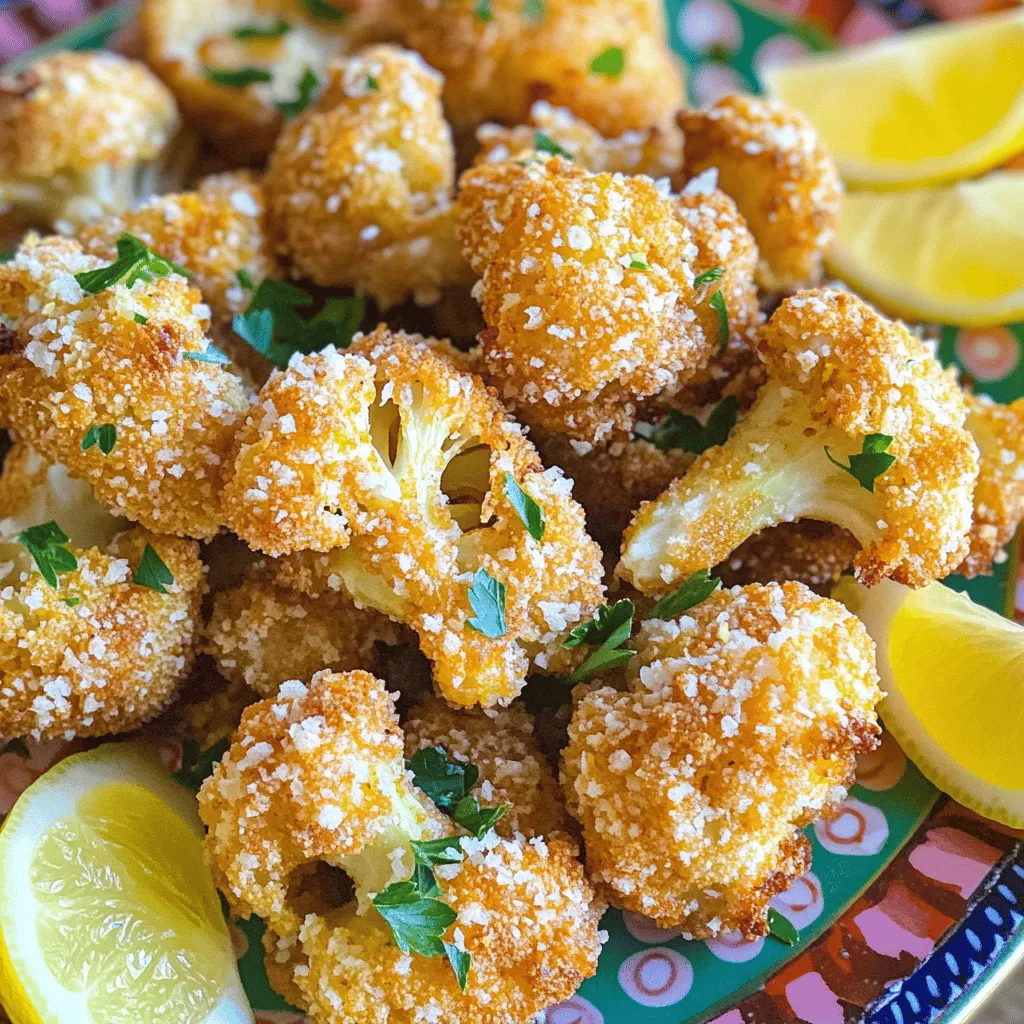 To make crispy fried cauliflower, you will need these key items: - 1 medium head of cauliflower, cut into even-sized florets - 1 cup all-purpose flour - 1 cup panko breadcrumbs (for extra crunch) - 2 large eggs - Vegetable oil (for frying) These seasonings give the cauliflower its amazing flavor: - 2 teaspoons garlic powder - 1 teaspoon onion powder - 1 teaspoon smoked paprika (for a hint of heat) - 1/2 teaspoon ground turmeric (for color) - Salt and freshly ground black pepper, to taste - 1 tablespoon freshly grated lemon zest To make your dish even better, consider these garnishes: - Fresh parsley, chopped - Lemon wedges (for serving) For the full recipe, check out Crispy Garlic-Lemon Fried Cauliflower. It’s a delight! Start by washing the cauliflower florets. Use cold water and make sure to rinse them well. After rinsing, pat them dry with a kitchen towel. This step is key for crispiness. Remove any excess moisture, as this can cause the batter to slide off. In a mixing bowl, whisk together the following: - 1 cup all-purpose flour - 2 teaspoons garlic powder - 1 teaspoon onion powder - 1 teaspoon smoked paprika - 1/2 teaspoon ground turmeric - Salt and pepper to taste This mix coats the cauliflower well. In a second bowl, crack two large eggs. Add 1 tablespoon of lemon zest for flavor. Whisk until frothy. In a third bowl, place 1 cup of panko breadcrumbs. This will give your cauliflower a nice crunch. Now, take each floret. Start by dipping it into the flour mix. Make sure it gets coated evenly. Shake off any extra flour. Next, dip it into the egg mixture. Finally, coat it in the panko breadcrumbs. Press gently to help them stick. Heat vegetable oil in a large skillet over medium heat. You need enough oil to cover the bottom. Wait until the oil shimmers but does not smoke. Add the breaded florets in batches. Do not crowd the pan. Fry for about 3-4 minutes on each side. You want them golden brown and crispy. Use a slotted spoon to transfer them to a paper towel-lined plate. This helps absorb extra oil. Once all the florets are fried, arrange them on a serving platter. Garnish with chopped parsley and serve with lemon wedges. Enjoy your crispy, delicious snack! For the full recipe, check the earlier sections. To make your cauliflower extra crispy, start with dry florets. After washing, pat them dry with a towel. A dry surface helps the batter stick better. Use cold water when making your batter. Cold water creates steam and adds to the crunch. Also, allow the breaded florets to rest for a few minutes before frying. This helps the coating set. Choose vegetable oil for frying. It has a high smoke point, which makes it ideal. Canola oil or peanut oil also work well. Make sure the oil is hot enough before adding the cauliflower. Test it by dropping a small piece of batter into the oil. If it sizzles, you’re ready to fry. To keep your cauliflower crispy, do not overcrowd the pan when frying. Fry in small batches. This allows hot air to circulate around each floret. After frying, place the cauliflower on paper towels. This absorbs excess oil and helps maintain crispiness. You can also serve them right away for the best texture. For the full recipe, check out Crispy Garlic-Lemon Fried Cauliflower 🥦. {{image_4}} You can mix up the flavors in your fried cauliflower easily. Here are some ideas: - Replace garlic powder with curry powder for a warm twist. - Add cayenne pepper for more heat if you like spice. - Try Italian seasoning for a herby flavor. - Use ranch seasoning for a fun, tangy kick. Want to try something different? Here are some coating ideas: - Use crushed cornflakes instead of panko for extra crunch. - Try a batter made with chickpea flour for a unique taste. - Coat the cauliflower in rice flour for a lighter texture. - Use ground nuts, like almonds or hazelnuts, for a nutty flavor. You can make this dish vegan and gluten-free with a few swaps: - Use chickpea flour mixed with water instead of eggs for the batter. - Replace all-purpose flour with gluten-free flour blends. - For panko, use gluten-free breadcrumbs or crushed gluten-free crackers. - Season with nutritional yeast for a cheesy flavor without dairy. Explore these variations to find your favorite way to enjoy fried cauliflower. You’ll find something for every taste! For the full recipe, see the Crispy Garlic-Lemon Fried Cauliflower section. When you have leftover fried cauliflower, let it cool first. Place it in an airtight container. Store it in the fridge for up to three days. If you want to keep it longer, you can freeze it. Just make sure to use a freezer-safe bag or container. Freezing can keep it fresh for about a month. To bring back the crunch, use your oven or air fryer. Preheat your oven to 375°F (190°C). Place the cauliflower on a baking sheet. Heat it for about 10-15 minutes. This will make it crispy again. Avoid using the microwave, as it can make the cauliflower soggy. For short-term storage, use glass or plastic containers with tight lids. If you freeze the cauliflower, use resealable freezer bags. Try to remove as much air as possible before sealing. This helps prevent freezer burn, keeping your snack tasty for longer. Don’t forget to label the bags with the date! For the full recipe of crispy garlic-lemon fried cauliflower, refer to the earlier sections. Fried cauliflower has about 150 calories per serving. This number can change based on the oil used and how much batter sticks to the cauliflower. If you want to lower calories, try using less oil or baking it instead. Yes, you can bake fried cauliflower! To bake, preheat your oven to 425°F (220°C). Place the breaded florets on a baking sheet lined with parchment paper. Spray them lightly with cooking oil. Bake for about 20-25 minutes, flipping halfway through. This method gives you a crispy texture with less oil. Some great dipping sauces for fried cauliflower include: - Garlic aioli - Spicy ranch - Sweet chili sauce - Lemon tahini sauce - Barbecue sauce These sauces add flavor and fun to your crispy snack. You can even mix and match! For more ideas, check out the Full Recipe. You learned about fried cauliflower, covering ingredients, prep steps, and tips. We explored how to achieve a crispy texture and tried different coatings. I shared storage info and answered common questions to guide your cooking. With these insights, you'll make tasty fried cauliflower, perfect for any meal. Enjoy creating and savoring your dish!