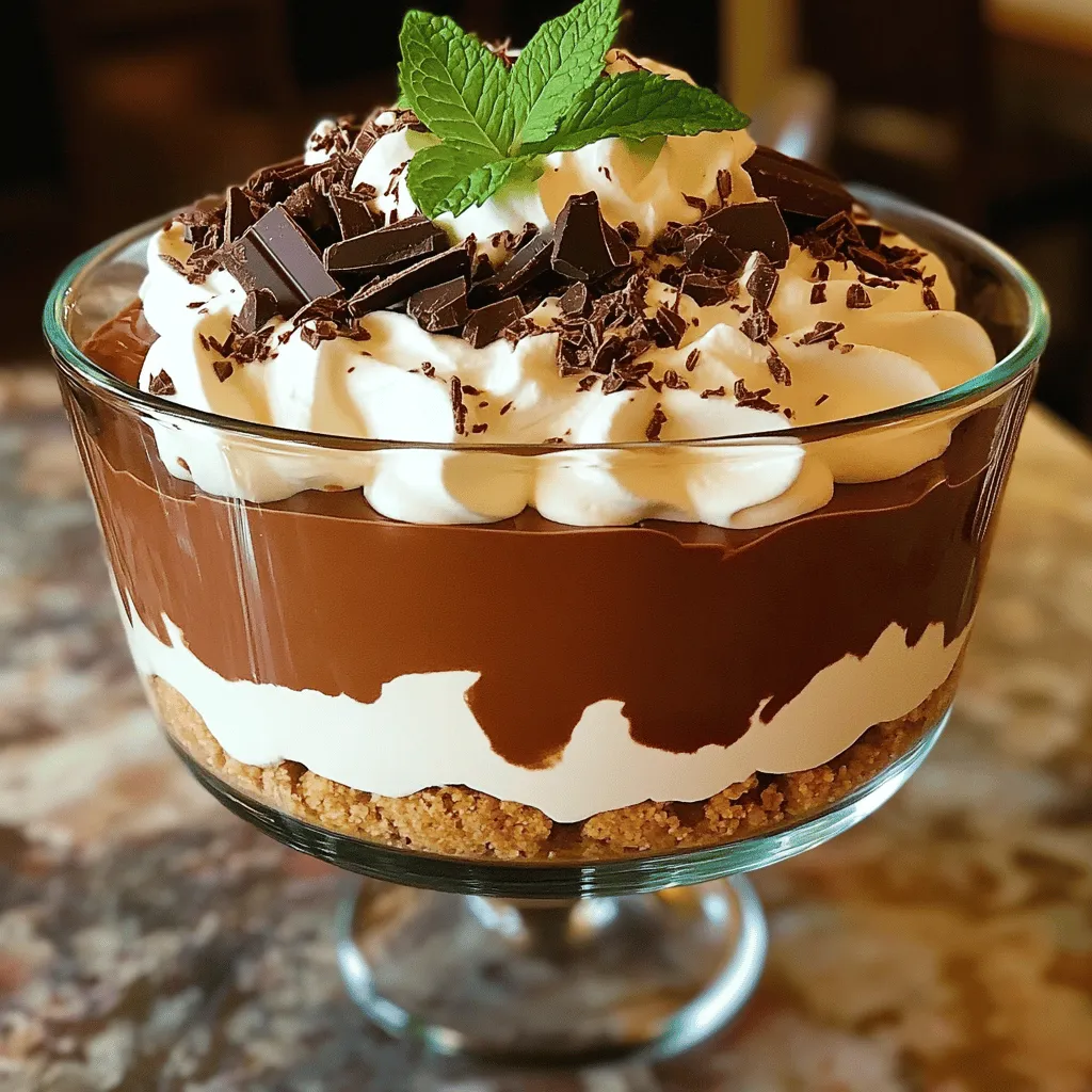 To make a delicious Triple-Chocolate Trifle, gather these ingredients: - 1 cup dark chocolate pudding (prepared) - 1 cup milk chocolate pudding (prepared) - 1 cup white chocolate pudding (prepared) - 1 cup heavy whipping cream - 2 tablespoons powdered sugar - 1 teaspoon vanilla extract - 1 cup chocolate cake, cubed (store-bought or homemade) - 1 cup crushed chocolate cookies (such as Oreos) - 1/2 cup assorted chocolate shavings (dark, milk, and/or white for garnish) - Fresh mint leaves for garnish (optional) You can swap some ingredients if needed. Here are a few ideas: - Use instant pudding mix instead of prepared puddings for speed. - Replace heavy cream with coconut cream for a dairy-free option. - If you don't have chocolate cake, use brownies or pound cake. - For a crunch, try granola instead of crushed cookies. Using high-quality ingredients can enhance your trifle's taste. Here are my top picks: - Choose premium brands for pudding for richer flavors. - Use fresh cream for the best texture in your whipped topping. - Select dark chocolate with at least 60% cocoa for deep flavor. - Opt for organic mint leaves to add a fresh touch. Feel free to explore these ideas as you prepare your Triple-Chocolate Trifle! You can find the Full Recipe to guide you through the steps. To start, you will need to make the puddings. Take three bowls and prepare dark, milk, and white chocolate puddings. Follow the instructions on the package. Once done, cover each bowl tightly with plastic wrap. This helps to keep the pudding fresh and prevents a skin from forming. Place the bowls in the fridge for about 1 to 2 hours. The puddings should be set firm and ready to use. While the puddings chill, let’s whip the cream. Grab a clean mixing bowl. In it, add the heavy whipping cream, powdered sugar, and vanilla extract. Use an electric mixer on medium speed. Beat the mixture until soft peaks form, which usually takes about 3 to 5 minutes. Be careful! If you whip too much, it can turn grainy. You want a smooth and creamy texture. Now comes the fun part: layering your trifle. Use a large clear glass trifle bowl or individual dessert cups. Start with a scoop of dark chocolate pudding at the bottom. Spread it evenly. Next, add cubed chocolate cake on top of the pudding. Then, follow with a layer of your whipped cream. Press it down gently to keep everything stable. Continue layering! Add the milk chocolate pudding, more cake cubes, and another layer of whipped cream. Repeat this process with white chocolate pudding and the remaining cake cubes. Aim to finish with a thick layer of whipped cream on top. For the final touch, sprinkle crushed chocolate cookies on the last layer of whipped cream. This gives a nice crunch. Add chocolate shavings and, if you like, fresh mint leaves for a pop of color. Once layered, place the trifle in the refrigerator for at least 1 hour. This lets the flavors mix and the layers set beautifully. Enjoy your delicious creation! For the full recipe, check the details above. When making a triple-chocolate trifle, avoid these common mistakes: - Skipping the chilling step: Always chill your puddings. This keeps them firm and helps layers hold their shape. - Over-whipping the cream: Aim for soft peaks. Over-whipped cream can become grainy and lose its smooth texture. - Not layering carefully: Layer gently. Pushing too hard can mix the layers, ruining the beautiful look. Serve your trifle in clear glass bowls. This lets everyone see the stunning layers. For a fun twist, offer individual cups. Guests love having their own dessert. Pair the trifle with coffee or a glass of milk for a perfect treat. Make your trifle eye-catching by following these tips: - Use a clear trifle bowl: This shows off the layers and colors beautifully. - Garnish creatively: Add chocolate shavings and crushed cookies on top. A mint leaf adds a fresh touch. - Chill before serving: This helps set the layers and enhances the flavors. Enjoy your dessert, and remember, the more colorful, the better! Check the Full Recipe for more details on making this delicious treat. {{image_4}} You can mix things up with flavors. Try adding fresh fruits. Berries like raspberries and strawberries add a nice touch. You can also layer in banana slices for added sweetness. These fruits pair well with chocolate. They bring a fresh taste that cuts through the richness. You can also use flavored puddings. Mint chocolate pudding can add a fun twist! For gluten-free options, swap the chocolate cake. Use gluten-free cake or brownies instead. They will work just as well in your trifle. You can also choose gluten-free cookies for the crushed layer. Look for brands that offer chocolate cookies labeled gluten-free. This way, you can still enjoy the trifle without worry. If you want a vegan trifle, there are great swaps. Use dairy-free chocolate puddings made from almond or coconut milk. You can whip coconut cream instead of heavy cream. It gives you a rich texture and flavor. For the cake, choose a vegan chocolate cake. There are many tasty mixes available. For cookies, select vegan chocolate cookies. These simple changes make the trifle vegan-friendly while still being delicious. For the complete recipe, check out the Full Recipe. Store any leftover trifle in an airtight container. It keeps well in the fridge for up to three days. Make sure to cover it tightly to keep it fresh. The layers may soften over time, but the taste will still be great. Always serve it cold for the best flavor. Freezing a triple-chocolate trifle isn’t ideal. The whipped cream and pudding may separate once thawed. If you want to freeze it, consider freezing the layers separately. You can freeze the cake and puddings for one to two months. Just remember to let them thaw in the fridge before you layer them again. - Keep chocolate pudding in the fridge until ready to use. - Store heavy cream in the coldest part of your fridge. - Use fresh mint leaves within a few days for the best flavor and look. - Keep crushed chocolate cookies in a sealed bag or container to stay fresh. Following these tips will help keep your ingredients in top shape for your triple-chocolate trifle. For the full recipe, check back on the steps outlined earlier. You can store a Triple-Chocolate Trifle in the fridge for up to three days. After that, the layers may start to blend, and the texture might change. Keep it in an airtight container to keep it fresh. If you notice any separation, it’s best to enjoy it sooner rather than later. Yes, you can make this dessert in advance! Preparing it a day ahead of time is a great idea. This allows the flavors to mix and the layers to set well. Just remember to cover the trifle with plastic wrap. This prevents it from absorbing other smells in the fridge. The best toppings for a Triple-Chocolate Trifle are crushed chocolate cookies, chocolate shavings, and fresh mint leaves. Crushed cookies add a nice crunch. Chocolate shavings give a fancy look. Mint leaves add a burst of color and freshness. You can also use berries for a fruity twist! Check the Full Recipe for more tips on presenting your trifle. This blog post covered everything you need for a perfect Triple-Chocolate Trifle. We explored the key ingredients, including substitutions for dietary needs. You learned step-by-step how to prepare, whip cream, and layer the dessert. I shared tips on avoiding common mistakes and enhancing presentation. Variations offer ways to customize your trifle with flavors and dietary options. Finally, proper storage ensures your trifle stays fresh longer. With these insights, you can create a delicious dessert that impresses all your guests. Enjoy making your own trifle creation!