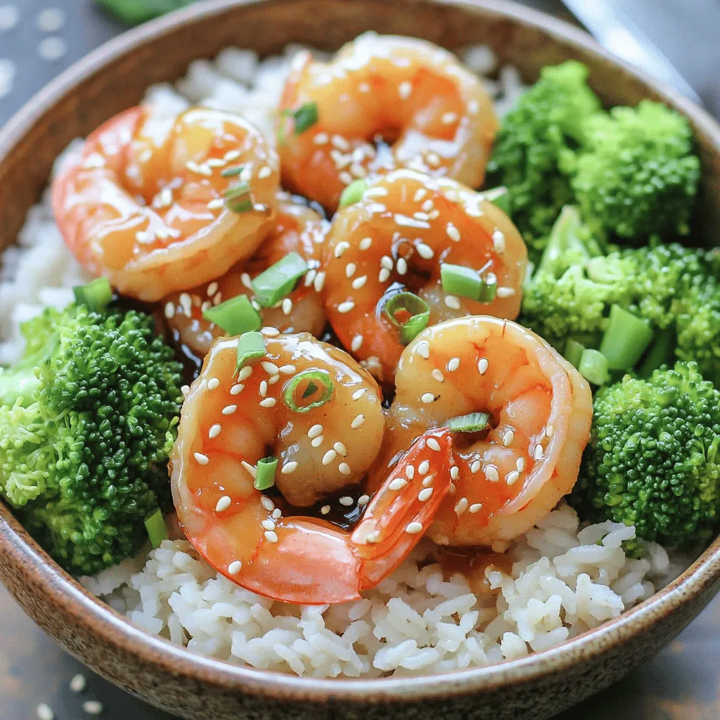 - 1 lb shrimp, peeled and deveined - 2 cups cooked jasmine rice - 4 cloves garlic, minced - 1/4 cup honey - 2 tablespoons soy sauce - 1 tablespoon olive oil - 1 tablespoon fresh ginger, minced - Salt and pepper to taste - Broccoli florets, steamed until tender - Green onions and sesame seeds for garnish Gather these ingredients to create a delightful meal. The shrimp are the star of the dish. They cook up sweet and tender, thanks to the honey and soy sauce. The garlic adds a nice kick that you will love. Cooked jasmine rice makes a perfect base for this bowl. You can add optional items for extra flavor. Olive oil adds richness. Fresh ginger gives a zesty note. Using steamed broccoli makes the dish colorful and healthy. Green onions and sesame seeds add a nice crunch and visual appeal. This dish is quick and fun to prepare. You will enjoy each step as you create your meal. For the full recipe, check out the detailed instructions. First, grab a medium bowl. Add the peeled and deveined shrimp. Next, pour in the honey, soy sauce, minced garlic, and minced ginger. Mix everything gently. You want the shrimp to be coated well. Let this sit for 5 minutes. This helps the shrimp soak up all that yummy flavor. While the shrimp marinates, take a skillet and heat some olive oil over medium heat. You want the oil to shimmer. Then, add the marinated shrimp to the skillet. Cook them for about 2-3 minutes on each side. You will know they are done when they turn pink and opaque. Once the shrimp are cooked, season them with salt and pepper. If you have leftover marinade, pour it over the shrimp and let it cook for one more minute. This helps thicken the sauce. If you have not cooked your jasmine rice yet, do that now. You want it hot and fluffy. Now, it’s time to serve! In each bowl, place a layer of jasmine rice. Top it with the cooked shrimp. Add a scoop of steamed broccoli for some color and nutrition. Finally, sprinkle sliced green onions and sesame seeds on top for a nice finish. Enjoy your meal! For the full recipe, check out the details above. To get the best taste from your shrimp, marinate them just right. Mix honey, soy sauce, garlic, and ginger in a bowl. Let the shrimp sit in this mix for about 5 minutes. This helps the shrimp absorb all the yummy flavors. For more flavor, try adding a pinch of red pepper flakes or a dash of lime juice. You can also use fresh herbs like cilantro or basil for a fresh twist. Cooking shrimp just right is key to a great dish. Cook the shrimp for only 2-3 minutes on each side. Look for a pink color, which means they are done. Do not rush this step. If you cook them too long, they will turn rubbery. The shrimp should be tender and juicy. Garnishing makes your dish look fun and tasty. Sprinkle sliced green onions and sesame seeds on top for color and crunch. Serve the shrimp over a bed of jasmine rice with broccoli on the side. You can also add a wedge of lime for a pop of color and flavor. This makes your meal look as good as it tastes. Enjoy making your 20 Minute Honey Garlic Shrimp & Rice Bowl! For the full recipe, check out the previous sections. {{image_4}} You can change the main protein in this dish. If you don’t have shrimp, try chicken or tofu. Both options cook up well with the honey garlic sauce. Chicken will take a bit longer to cook, so cut it into small pieces. Tofu soaks up flavor nicely and adds great texture. If you want to swap the rice, brown rice or quinoa works great. Brown rice has a nutty taste and is more filling. Quinoa is light and packed with protein. Just remember to adjust cooking times as needed. Want a sweeter sauce? Add more honey to the mix. Start with an extra tablespoon and taste it. You can always add more, but it’s hard to take away sweetness. If you like heat, sprinkle in some chili flakes or drizzle chili sauce over the shrimp. This adds a fun kick. You can also mix in a bit of sriracha for a spicy twist. Make this dish your own by adding seasonal veggies. In spring, toss in snap peas or asparagus. In the fall, try roasted squash or Brussels sprouts. Mixing in these vegetables makes the meal colorful and nutritious. You can also change the style of the dish. For a Mexican twist, add black beans and corn. For an Italian flair, mix in diced tomatoes and fresh basil. The options are endless, and you can make it fit your taste and the season. For the full recipe of this delicious meal, refer to the [Full Recipe]. To store your leftovers, let the dish cool first. Place it in an airtight container. This keeps it fresh and tasty. The shrimp will stay good in the fridge for up to three days. Be sure to eat it before then for the best flavor. You can freeze the assembled bowl for later meals. Make sure it is fully cooled. Use a freezer-safe container or a heavy-duty freezer bag. Remove as much air as possible to avoid freezer burn. It can last up to three months in the freezer. When you're ready to eat it, thaw it overnight in the fridge. To reheat, use the microwave or a skillet on low heat. If using a microwave, heat in short bursts to avoid overcooking. Stir the bowl halfway through to warm it evenly. If using a skillet, add a splash of water to keep it moist. This helps prevent the shrimp from becoming rubbery. How to make sure the shrimp are cooked perfectly? To cook shrimp well, watch their color. They should turn pink. When they are opaque, they are ready. Cook for 2-3 minutes on each side. Avoid overcooking, or they will become tough. Can I prepare this dish ahead of time? Yes, you can prep this dish in advance. Marinate the shrimp a few hours before cooking. Cook the rice and broccoli ahead too. Store them in the fridge and heat when ready to serve. What can I serve with the Honey Garlic Shrimp & Rice Bowl? You can serve this dish with a side salad. Steamed vegetables work well too. Try adding some crispy spring rolls for extra crunch. Is this recipe gluten-free? This recipe is not gluten-free due to soy sauce. You can use a gluten-free soy sauce. That way, you can enjoy this dish without worry. What are the nutritional details for this dish? The Honey Garlic Shrimp & Rice Bowl is high in protein. Shrimp provides lean protein. The dish has healthy carbs from rice. Broccoli adds fiber and vitamins. What is the total preparation and cooking time? The total time is just 20 minutes. You need 10 minutes to prep. Cooking takes another 10 minutes. How many servings does this recipe yield? This recipe serves 2-3 people. Perfect for a quick family meal or a date night. Enjoy your cooking! You now have all you need to make a delicious Honey Garlic Shrimp and Rice Bowl. Remember the key steps: marinating the shrimp, cooking it just right, and enhancing flavors with your favorite spices. Experiment with different ingredients to suit your taste. Whether you adjust the recipe or store leftovers, you’re set for a tasty meal. Enjoy your cooking and impress with this easy yet flavorful dish. Your dinner time will never be the same!