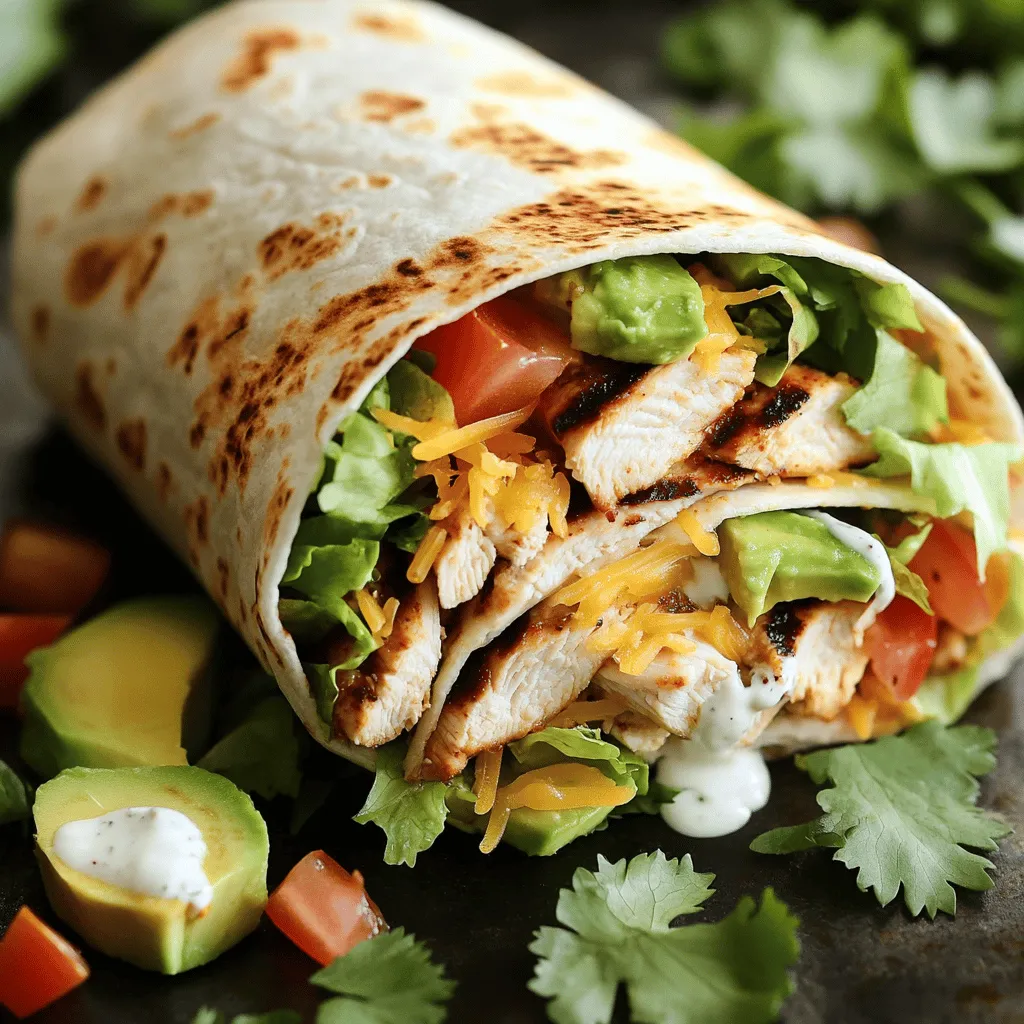 - 2 boneless, skinless chicken breasts - 1 tablespoon chipotle seasoning - 1 tablespoon olive oil - Salt and black pepper, to taste - 1 cup cooked brown rice - 1 cup black beans, drained and rinsed - 1 cup corn kernels (fresh or frozen) - 1 ripe avocado, sliced - 1 cup shredded lettuce - 1 cup diced tomatoes - 1/2 cup shredded cheese (cheddar or Monterey Jack) - 1/2 cup creamy ranch dressing - 4 large flour tortillas - Fresh cilantro, chopped (optional, for garnish) The secret to a great Chipotle Ranch Grilled Chicken Burrito lies in the ingredients. Each one plays a vital role in creating a burst of flavor. The chicken is your star. I love using boneless, skinless chicken breasts. They grill up nice and juicy. The chipotle seasoning adds a smoky kick that elevates the chicken. Don't skip the olive oil; it helps the spices stick and keeps the chicken moist. Next, let's talk about the base. Brown rice gives a hearty feel, while black beans pack in protein. Corn adds a sweet crunch that balances everything. The creamy avocado slices bring a cool creaminess that contrasts with the spicy chicken. Now, for the toppings. Shredded lettuce and diced tomatoes add freshness and texture. Cheese adds that gooey, melty goodness. And, the creamy ranch dressing ties it all together. When you combine all these elements in a warm tortilla, you create a flavor explosion. Each bite should be a perfect mix of spice, creaminess, and crunch. Don't forget, you can find the full recipe to guide you through the steps of making this delicious burrito! - Combine olive oil, chipotle seasoning, salt, and pepper. - Coat chicken breasts and refrigerate for 20 minutes. Marinating is key. It helps the chicken soak up all those tasty flavors. This mix of olive oil and chipotle seasoning adds depth. The salt and pepper enhance the taste, making every bite delicious. - Preheat grill to medium-high heat. - Cook chicken for 6-7 minutes on each side. Grilling adds a smoky flavor. Make sure your grill is hot before adding the chicken. Cook until the juices run clear. This shows the chicken is done. Always check for an internal temperature of 165°F (74°C). - Mix cooked brown rice, black beans, and corn in a bowl. - Stir gently to combine. The filling is where you can get creative. Brown rice gives a nutty taste. Black beans add protein, while corn brings sweetness. Mix well to get all the flavors working together. - Lay out tortillas and spoon filling into the center. - Layer with grilled chicken, avocado, toppings, and ranch dressing. Assembling is fun! Spread the filling in the middle of the tortilla. Then, add your grilled chicken and fresh avocado. Don’t forget the ranch dressing! It ties everything together with creamy goodness. - Fold and roll the burrito tightly. - Optionally toast for a golden finish. Folding a burrito can be tricky. Start by folding the sides inward. Then roll it from the bottom up. For a crispy touch, toast it in a skillet. This adds a nice crunch to the outside. For the full recipe, check the [Full Recipe]. Enjoy your flavorful Chipotle Ranch Grilled Chicken Burrito! To make your burrito shine, ensure the chicken is fully cooked. The safe internal temperature is 165°F (74°C). Use a meat thermometer for the best results. This step keeps your chicken juicy and safe to eat. Fresh, quality ingredients make a big difference in flavor. Choose ripe avocados, crisp lettuce, and flavorful tomatoes. The taste of your burrito will improve with fresh items. I love serving my burritos with extra ranch dressing on the side. This adds a creamy touch when you dip. You can also pair them with crispy chips or a simple side salad. This adds crunch and balances the meal. If grilling is not an option, you can cook the chicken in the oven or on the stovetop. For the oven, preheat to 375°F (190°C) and bake for 25-30 minutes. For stovetop, heat a pan over medium heat and cook for about 6-7 minutes per side. Both methods will yield tasty chicken for your burrito. For the full recipe, check the earlier sections. {{image_4}} You can easily change up the main ingredients in your burrito. Try using quinoa or cauliflower rice instead of brown rice. These swaps add unique flavors and nutrients. If you want a vegetarian option, substitute grilled veggies for the beans. This keeps the burrito filling and tasty. To give your burrito a kick, spice it up with jalapeños or taco seasoning. Both options add heat and flavor. You can also experiment with different dressings or salsas. For instance, a zesty salsa verde can give a fresh twist. Mixing flavors keeps your meals exciting. When it comes to tortillas, you have options. Whole wheat or corn tortillas work great as alternatives. They add their own taste and texture. If you want fun-sized bites, try using smaller tortillas. These are perfect for snacks or parties. You can enjoy the same delicious filling in a smaller package. For the full recipe, check out the details above! To keep your burritos fresh, store them in the fridge for up to 2 days. Wrap each burrito in plastic wrap or foil. This will stop them from drying out. When you’re ready to eat, simply unwrap and enjoy! You can freeze your burritos too! For best results, freeze unassembled or cooked burritos. This way, you have a tasty meal ready for busy days. When you want to eat one, reheat it evenly from frozen. You can also thaw it in the fridge overnight for easy reheating. For the best texture, reheat your burritos in an oven or skillet. This method keeps the outside nice and crispy. If you're short on time, you can use a microwave. Just be sure to keep an eye on it, so it doesn’t get too hot. Enjoy your delicious Chipotle Ranch Grilled Chicken Burrito anytime! The best chipotle seasoning blends smoky and spicy flavors. Look for one with chili powder, garlic, and cumin. You can find many good options at local stores or online. I like using a blend that has no added sugar. This keeps the taste pure and strong. Yes, you can make these burritos in advance. Prepare them and store them in the fridge for up to two days. You can also freeze them for longer storage. Just wrap each burrito in foil or plastic wrap before freezing. To change the spice level, adjust the chipotle seasoning. Use less for a milder flavor. Add jalapeños or hot sauce for more heat. You can also try using a spicier ranch dressing. It adds a nice kick without overwhelming the burrito. You can find Chipotle Ranch Grilled Chicken Burritos at many restaurants, especially those that focus on Tex-Mex cuisine. If you want to try them at home, check out the Full Recipe. It’s easy to make and tastes great! Yes, this recipe is perfect for meal prepping. You can cook everything in advance and assemble the burritos when ready to eat. Just store the filling and tortillas separately to keep them fresh. This way, you have a healthy meal ready to go! This recipe for Chipotle Ranch Grilled Chicken Burritos is easy and fun to make. You learned about the main ingredients, how to marinate and grill the chicken, and assemble the dish. Don't forget the tasty toppings. Feel free to switch up ingredients or flavors to suit your taste. These burritos keep well in the fridge and freeze nicely, too. Enjoy making this meal for family or friends. Your culinary skills will impress everyone!