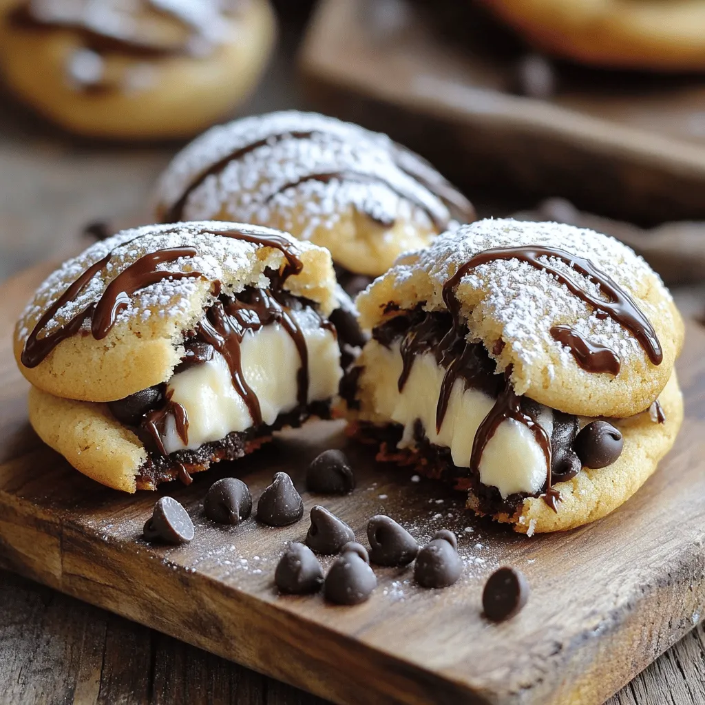 - 1 cup all-purpose flour - 1/2 teaspoon baking soda - 1/4 teaspoon salt - 1/2 cup unsalted butter, softened to room temperature - 1/4 cup granulated sugar - 1/4 cup light brown sugar, packed - 1 large egg - 1 teaspoon pure vanilla extract - 1 cup semi-sweet chocolate chips - 8 oz cream cheese, softened to room temperature - 1/4 cup powdered sugar - 1/2 teaspoon pure vanilla extract Gather these ingredients before you start. Each one plays a key role in making these cookies special. The all-purpose flour gives the cookies their structure. Baking soda helps them rise, while salt enhances all the flavors. Softened butter makes the cookies rich and creamy. The sugars add sweetness. Granulated sugar keeps the cookie crisp. Light brown sugar adds moisture and flavor. The egg binds the dough together, and vanilla gives it a warm aroma. Don’t forget the chocolate chips! They add bursts of flavor in every bite. For the cheesecake filling, cream cheese is essential. It gives that rich, creamy taste. Powdered sugar sweetens it without adding grittiness. The extra vanilla adds a lovely touch, making every bite delicious. Now that you have your ingredients ready, let's dive into the fun part: making the cookies! You can find the Full Recipe to guide you through the process. Start by preheating your oven to 350°F (175°C). This is important for even baking. While the oven heats, line a baking sheet with parchment paper. This helps keep cookies from sticking and makes cleanup easy. In a medium mixing bowl, combine 8 oz of softened cream cheese, 1/4 cup of powdered sugar, and 1/2 teaspoon of vanilla extract. Use a hand mixer or whisk to beat until the mixture is smooth and creamy. Once done, set it aside. This filling gives your cookies a rich flavor. In a large bowl, whisk together 1 cup of all-purpose flour, 1/2 teaspoon of baking soda, and 1/4 teaspoon of salt. Make sure these dry ingredients are mixed well. In another bowl, cream 1/2 cup of softened unsalted butter with 1/4 cup of granulated sugar and 1/4 cup of packed light brown sugar. Beat until it's light and fluffy. Add in 1 large egg and 1 teaspoon of pure vanilla extract, mixing well. Gradually add the dry ingredients to the wet mixture. Stir until just combined. Be careful not to overmix; this keeps your cookies tender. Finally, gently fold in 1 cup of semi-sweet chocolate chips. Take a tablespoon-sized scoop of the cookie dough and flatten it in your hand. Place about 1 teaspoon of the cheesecake filling in the center. Carefully wrap the dough around the filling, rolling it into a ball. Repeat this with the rest of the dough and filling. Place the stuffed cookie balls on the prepared baking sheet. Space them a few inches apart to allow for spreading. Bake in the preheated oven for 10-12 minutes. You want the edges to be lightly golden, while the centers should still look soft. Once baked, let the cookies cool on the baking sheet for about 5 minutes. Then, transfer them to a wire rack to cool completely. For serving, arrange the cookies on a rustic board or a classic plate. You can lightly dust them with powdered sugar or drizzle melted chocolate on top for extra flair. Enjoy your delicious treats! To make soft cookies, avoid overmixing the dough. When you mix the wet and dry ingredients, stop as soon as they blend. The dough should look a little lumpy. This keeps the cookies tender and soft after baking. If you mix too much, your cookies can become tough. Remember, a little mixing goes a long way in cookie making! To keep your cookies fresh, store them in an airtight container. Place a piece of bread in the container to help keep them soft. The bread adds moisture, and your cookies stay chewy. You can also refrigerate them for a longer shelf life. Just make sure to let them come to room temperature before enjoying them again. For a beautiful display, arrange the cookies on a rustic wooden board or a classic white plate. Dusting them with powdered sugar adds a nice touch. If you want to impress guests, drizzle melted chocolate over the top. You can also serve them with a scoop of vanilla ice cream on the side. This adds a fun and delicious twist! For more details on how to make these treats, check out the Full Recipe. {{image_4}} You can boost the flavor of these cookies in fun ways. Adding nuts gives a nice crunch. Chopped walnuts or pecans work great. You can also use different types of chocolate. Try dark chocolate chips or white chocolate for a twist. Mixing flavors keeps things exciting. If you want a healthier treat, swap out regular sugar for a natural sweetener. Honey or maple syrup can work well. You can also use whole wheat flour instead of all-purpose flour. These changes can make the cookies a bit more nutritious while still tasting great. For those with dietary needs, you can easily adapt this recipe. Use gluten-free flour to make these cookies safe for people with gluten allergies. For a dairy-free option, consider using vegan cream cheese. With these small changes, everyone can enjoy cheesecake stuffed chocolate chip cookies. Don't forget to check the Full Recipe for all the details! Cheesecake stuffed chocolate chip cookies stay fresh for up to three days at room temperature. Place them in an airtight container to keep them soft. This way, you can enjoy their rich flavors without worrying about them drying out. If you want to store the cookies longer, put them in the fridge. They can last up to one week when sealed in an airtight container. Just remember to let them come to room temperature before eating. This helps restore their soft and gooey texture. Freezing cookies is a great way to save some for later. To freeze, place the cookies in a single layer on a baking sheet. Freeze them for about two hours until firm, then transfer them to a zip-top bag. They can stay fresh for up to three months. When you want a cookie, take one out and let it thaw at room temperature. If you want a warm treat, pop it in the microwave for a few seconds. Enjoy your delicious cheesecake stuffed chocolate chip cookies anytime! Yes, you can make these cookies ahead of time. Prepare the cookie dough and the cheesecake filling. Then, store each in separate airtight containers in the fridge for up to two days. When you are ready to bake, just form the cookies and fill them as directed. This way, you save time on busy days and still enjoy fresh cookies. For the best cheesecake filling, I recommend using full-fat cream cheese. It gives the filling a rich, creamy texture. Brands like Philadelphia work well, as they blend smoothly and taste great. Avoid low-fat or whipped cream cheese, as they may not hold up in the filling. To make these cookies extra chewy, try these tips: - Use brown sugar instead of white sugar. Brown sugar adds moisture. - Chill the cookie dough for at least 30 minutes before baking. This helps the cookies stay thick. - Do not overbake. Take them out when the edges are golden, and the center looks soft. These steps will help you achieve that perfect chewy texture. For the complete details on making these delightful cookies, check out the Full Recipe. You now have a detailed guide to make delicious cheesecake-filled cookies. From choosing the right ingredients to perfecting the dough, each step adds flavor and texture. Remember to check the baking time for that golden finish, and follow storage tips to keep leftovers fresh. Explore fun variations to suit your taste. Baking is an adventure, so enjoy every moment. Try this recipe and impress everyone with your sweet treats!
