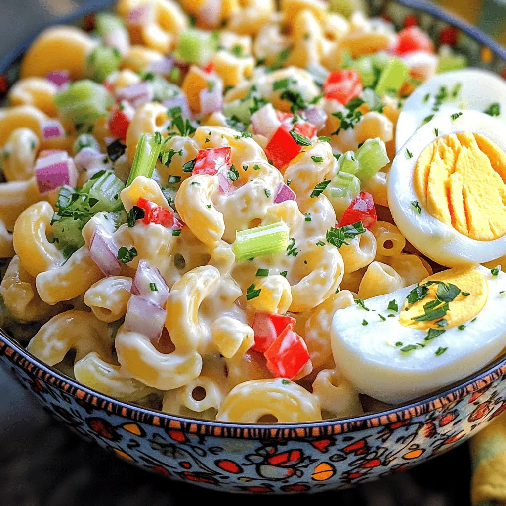 - 2 cups elbow macaroni - 1 cup mayonnaise - 1 tablespoon Dijon mustard - 1 teaspoon apple cider vinegar - 1 cup celery, finely chopped - 1 cup red bell pepper, diced - 1/2 cup red onion, finely chopped - 1/2 cup sweet pickle relish - 1/4 cup fresh parsley, chopped - Salt and freshly cracked pepper to taste - 1 tablespoon hot sauce (for a spicy kick) Guy Fieri’s macaroni salad shines because of its balance. The elbow macaroni forms the base. You want to cook it just right, so it stays firm. The creamy dressing blends perfectly with the crunch of veggies. The mayonnaise gives it a rich texture. Dijon mustard adds a nice zing. The apple cider vinegar brings a touch of tang. Together, these create a dressing that is both creamy and bright. Now, let’s talk about the veggies. Celery adds crunch. Red bell pepper provides sweetness. Red onion gives a bite, while sweet pickle relish adds a unique taste. Fresh parsley brightens the dish with its color and flavor. Don’t skip the salt and pepper; they enhance every bite. If you like a kick, add hot sauce. It’s optional, but it can take the salad up a notch. You can mix and match these ingredients as you like, but this combo makes the salad a crowd-pleaser. This simple but tasty recipe is perfect for gatherings or a quick side. Check the [Full Recipe] for complete instructions, and get ready to impress! To cook al dente macaroni, start by filling a large pot with salted water. Bring the water to a rolling boil. Add 2 cups of elbow macaroni. Cook it for about 7 to 8 minutes. Check the package for exact times. You want it firm but not hard. Once the macaroni is done, drain it in a colander. Rinse it quickly under cold water. This stops the cooking process. After rinsing, transfer the pasta to a large mixing bowl. Let it cool completely. For the creamy dressing, gather these ingredients: - 1 cup mayonnaise - 1 tablespoon Dijon mustard - 1 teaspoon apple cider vinegar - 1 tablespoon hot sauce (optional) In a separate bowl, whisk together the mayonnaise, Dijon mustard, and apple cider vinegar. If you want some heat, mix in the hot sauce. Blend everything until it is smooth and creamy. This will give the salad its rich flavor. To combine the pasta and vegetables, add the cooled macaroni to the large mixing bowl. Now, add: - 1 cup celery, finely chopped - 1 cup red bell pepper, diced - 1/2 cup red onion, finely chopped - 1/2 cup sweet pickle relish - 1/4 cup fresh parsley, chopped Gently fold the chopped veggies into the pasta. This keeps everything intact. Next, pour the creamy dressing over the mixture. Using a spatula or wooden spoon, fold everything together. Make sure all the ingredients are well-coated. Season with salt and freshly cracked pepper to taste. Adjust the seasoning as needed. For a full recipe, check out the section on Guy Fieri’s Flavorful Mac Attack Salad. To make Guy Fieri’s macaroni salad extra tasty, you can add a splash of acidity. A little apple cider vinegar brightens the flavors. It makes each bite pop! For advanced seasoning, consider adding fresh herbs. Basil or dill can add a nice touch. You might also add a pinch of garlic powder for depth. These little tweaks can elevate your dish! When serving, choose a vibrant bowl. A colorful dish draws the eye and makes the food look appealing. You can also layer the salad for a fun look. Garnishing is key! A sprinkle of fresh parsley adds color. You can also place slices of hard-boiled eggs around the salad. This not only looks good but adds extra protein too! Chilling is crucial for flavor. After you mix the salad, cover it and put it in the fridge. Let it chill for at least one hour. If you can, chill it overnight. This allows the flavors to meld. Timing matters! The longer it sits, the tastier it gets. Just remember: before serving, give it a gentle stir. This helps to mix the flavors again and keeps it fresh. {{image_4}} You can change up the veggies in Guy Fieri's macaroni salad. Try adding: - 1 cup of diced cucumbers for crunch - 1 cup of shredded carrots for sweetness - 1 cup of chopped green onions for a fresh bite For dressings, you can switch things up too. Try using: - Greek yogurt instead of mayonnaise for a healthier twist - Ranch dressing for a creamy, zesty flavor - A vinaigrette for a lighter taste If you need gluten-free options, use gluten-free elbow pasta. It cooks the same way as regular pasta. For a vegan version, swap mayonnaise with a plant-based mayo or silken tofu. This keeps the creamy texture while making it lighter. You can also add more veggies for extra health benefits. Every region has its unique tastes. Consider adding: - Bacon bits for a smoky flavor - Avocado for a creamy, rich texture - Spicy jalapeños for a kick You can also personalize the salad to fit your taste. Add your favorite herbs or spices. These simple swaps make this salad your own. Check out the full recipe for more tips! To store macaroni salad, place it in an airtight container. This keeps it fresh and safe. Make sure to seal it tightly. In the fridge, it lasts for about 3 to 5 days. If you see any signs of spoilage, like off smells or mold, throw it away. Yes, you can freeze macaroni salad, but it may change in texture. To freeze, use a freezer-safe container. Leave some space at the top for expansion. When you're ready to eat, thaw it in the fridge overnight. Serve it cold, and stir well to mix everything again. Before serving, taste the salad and refresh the flavors. You might want to add a bit more mayonnaise or vinegar. This helps bring back the taste after storage. Always check for safety. If it smells odd or looks strange, do not serve it. Enjoy your meal safely! Chill macaroni salad for at least one hour. This time helps all the flavors blend well. If you can chill it longer, even better! Letting it sit overnight is best for taste. Yes, you can make this salad ahead of time! Just prepare it and store it in the fridge. It will stay fresh for about three days. Making it a day before can save time for your event. You can add many tasty ingredients! Here are some ideas: - Chopped pickles for crunch - Diced ham or chicken for protein - Chopped olives for a briny kick - Fresh herbs like dill or chives - Cheese cubes for creaminess Feel free to mix and match to create your own version! This macaroni salad is a fun dish that packs a lot of flavor. You can whip it up in no time. Here’s a summary of what you need and how to make it. Ingredients: - 2 cups elbow macaroni - 1 cup mayonnaise - 1 tablespoon Dijon mustard - 1 teaspoon apple cider vinegar - 1 cup celery, finely chopped - 1 cup red bell pepper, diced - 1/2 cup red onion, finely chopped - 1/2 cup sweet pickle relish - 1/4 cup fresh parsley, chopped - Salt and freshly cracked pepper to taste - 1 tablespoon hot sauce (optional for a spicy kick) Steps: 1. Cook the Pasta: Start by boiling water in a big pot. Add salt and macaroni. Cook it until it's al dente, about 7-8 minutes. 2. Drain and Cool: Drain the pasta in a colander. Rinse it under cold water to stop cooking. Move it to a big bowl and let it cool. 3. Prepare the Dressing: In another bowl, mix mayonnaise, Dijon mustard, apple cider vinegar, and hot sauce if you want some heat. Blend it until smooth. 4. Combine Ingredients: Add the chopped celery, diced red bell pepper, chopped red onion, sweet pickle relish, and parsley to the macaroni. 5. Mix in Dressing: Pour the dressing over the salad. Use a spatula to fold everything together gently. 6. Season to Taste: Add salt and pepper as needed to get the right flavor. 7. Chill: Cover and refrigerate the salad for at least 1 hour. If you can, let it chill longer for better flavor. 8. Final Touches: Before serving, stir the salad again. Taste it and add more seasoning if you need to. Feel free to check out the Full Recipe for more details! This blog post covered how to create a tasty macaroni salad. We explored the main ingredients, including pasta, savory veggies, and creamy dressing. I shared tips for mixing and enhancing flavors. You learned about variations to suit different diets and hands-on advice for storage. Remember, the key to this dish is balance and fresh flavors. Enjoy making your version, and don't be afraid to experiment with new ingredients!