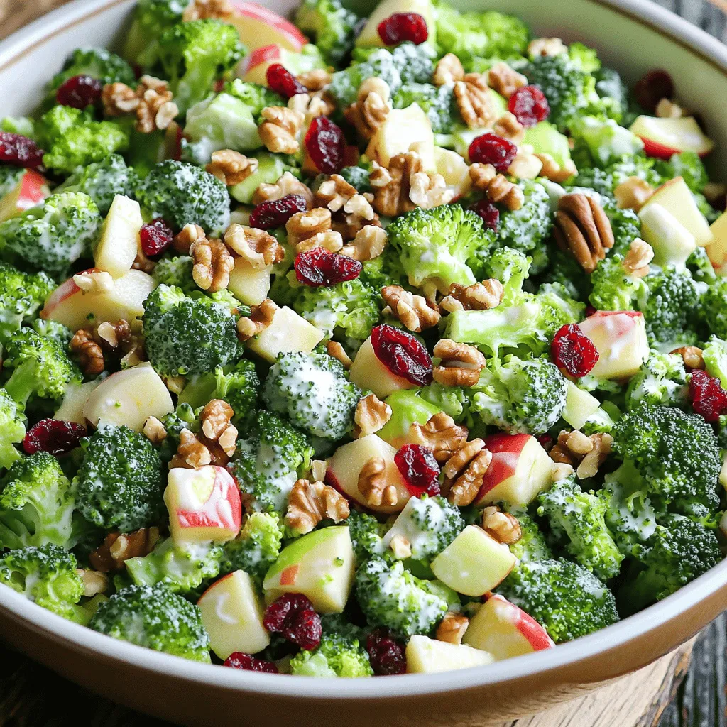 To make this Honeycrisp Apple Broccoli Salad, you need: - 2 cups fresh broccoli florets - 1 large Honeycrisp apple, diced into bite-sized pieces - 1/2 cup dried cranberries - 1/2 cup walnuts, roughly chopped - 1/4 cup red onion, finely diced These ingredients bring bright colors and flavors to your dish. You can add some fun extras to enhance your salad. Here are some ideas: - Shredded carrots for crunch - Feta cheese for creaminess - Sunflower seeds for a nutty flavor - Cooked bacon bits for a savory touch Feel free to mix and match based on what you love or have at home. The dressing ties everything together. For the creamy dressing, gather: - 1/2 cup creamy Greek yogurt - 2 tablespoons golden honey - 1 tablespoon apple cider vinegar - Salt and pepper, to taste Whisk these ingredients together until smooth. This dressing adds a sweet and tangy kick, making the salad truly special. For the full recipe, check out the detailed instructions. Start by rinsing the broccoli florets in cold water. This helps remove any dirt. If needed, cut them into smaller pieces. Next, bring a pot of water to a rolling boil. Carefully add the broccoli florets and blanch them for just 2 minutes. This keeps the broccoli bright and crisp. After blanching, transfer the broccoli to a bowl of ice water. This stops the cooking. Once cool, drain the broccoli well and set it aside. In a big mixing bowl, combine the diced Honeycrisp apple, blanched broccoli, dried cranberries, chopped walnuts, and diced red onion. Gently stir the mixture together. Make sure each ingredient is evenly distributed. This creates a great base for your salad. Take a small mixing bowl and whisk together the creamy Greek yogurt, golden honey, and apple cider vinegar. Add a pinch of salt and a dash of pepper. Keep whisking until the dressing is smooth. Taste it and adjust the seasoning if you like. The dressing should balance the sweetness of the apple and the tartness of the cranberries. Now, pour the dressing over your salad mixture. Use a gentle folding motion to combine everything. Make sure every piece of the salad is covered in the creamy dressing. This step brings all the flavors together. To let the flavors blend, cover the bowl with plastic wrap. Place it in the fridge for at least 30 minutes. This chilling time is key for a tasty salad. When ready to serve, take it out and enjoy. For a fun touch, garnish with extra walnuts and cranberries. This adds color and crunch. For the full recipe, click here. Choose the freshest broccoli florets you can find. Look for bright green color and firm texture. For Honeycrisp apples, pick ones that feel heavy for their size. This means they are juicy and crisp. Wash all produce under cold water before use. Keeping ingredients cold helps maintain their crunch. You can easily change this salad to fit your taste. Add other fruits like pears or grapes for a twist. Try different nuts, such as pecans or almonds, for varied flavors. If you prefer more crunch, include celery or bell peppers. You can also swap the Greek yogurt for a vegan option like cashew cream. A pinch of salt can brighten the flavors in your salad. Consider adding spices like garlic powder or paprika for a kick. For a zesty touch, squeeze a bit of lemon juice on top. If you love sweetness, add more honey to the dressing. Adjust to your taste for the perfect balance. For the complete recipe, check out the [Full Recipe]. {{image_4}} You can add fruits based on the season. In fall, try pears or pomegranate seeds. In summer, fresh berries like strawberries or blueberries work great. The sweetness of these fruits pairs well with the Honeycrisp apple. You can mix and match to keep the flavors exciting. Each fruit adds its own twist, making the salad feel new every time. If you want to switch up the nuts, try almonds or pecans. They both add crunch and flavor. If you prefer seeds, sunflower seeds or pumpkin seeds are excellent choices. They bring a fun crunch and boost the nutrition. You can also skip the nuts and seeds if you have allergies, and the salad will still taste amazing. To make this salad vegan, swap Greek yogurt for a plant-based yogurt. You can use coconut yogurt or almond yogurt for a creamy texture. Instead of honey, maple syrup works well to keep it sweet. This way, you can still enjoy the flavor without any animal products. The salad remains fresh and delicious while meeting your dietary needs. Try these options to see what you like best! To keep your Honeycrisp Apple Broccoli Salad fresh, store it in an airtight container. This helps prevent any drying out or wilting. Make sure to chill the salad in the fridge right after serving. It stays good for up to three days. However, the apples may brown a bit over time. To slow this down, add a splash of lemon juice on top before sealing the container. I do not recommend freezing this salad. Freezing can change the texture of the apples and broccoli. The creamy dressing can also separate and become watery when thawed. If you have extra dressing, you can freeze it in ice cube trays. This way, you can use it later for other salads. To keep your salad tasting fresh, use vibrant ingredients. Choose bright green broccoli and firm Honeycrisp apples. Store the salad separately from the dressing if you plan to eat it later. This helps maintain the crunch of the vegetables and the creaminess of the dressing. Enjoy the salad soon after making it for the best flavor and texture. For the complete recipe, check out the Full Recipe section. You can store this salad in the fridge for up to three days. To keep it fresh, use an airtight container. After a day, the apples may brown a bit. To avoid this, add some lemon juice on the apples. Yes, you can use other apples. Try Fuji or Gala for sweetness. Each type adds a unique taste. Keep in mind, the texture may change slightly based on the apple. Broccoli is full of vitamins and minerals. It helps with digestion and boosts your immune system. Apples provide fiber and antioxidants, which are great for heart health. Together, they make a tasty and healthy dish. This salad is already gluten-free! Just ensure that the ingredients, like the yogurt and honey, are gluten-free. Always check the labels to confirm they meet your dietary needs. This blog post covered how to make a delicious Honeycrisp Apple Broccoli Salad. You learned about fresh ingredients, optional add-ins, and dressing components. I provided step-by-step instructions for prepping, mixing, and serving. Tips shared will help you customize the salad for added flair. We discussed variations and best storage practices for leftovers. Enjoy experimenting with different flavors. You can make this salad your own. It’s healthy, tasty, and perfect for every meal. Dive in and enjoy!