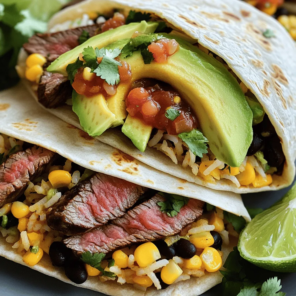 To make juicy steak burritos, gather these key ingredients: - 1 lb flank steak, trimmed - 1 tablespoon olive oil - 1 teaspoon smoked paprika - 1 teaspoon garlic powder - 1 teaspoon ground cumin - 1 teaspoon chili powder - Salt and pepper, to taste - 4 large flour tortillas - 1 cup cooked rice (white or brown) - 1 can (15 oz) black beans, rinsed and drained - 1 cup corn (fresh or frozen) - 1 avocado, sliced - 1 cup shredded cheese (cheddar or Mexican blend) - 1 cup salsa - Fresh cilantro for garnish - Lime wedges for serving These ingredients create a rich and satisfying taste that you'll love. You can add extra flavors with these options: - Jalapeños for heat - Sour cream for creaminess - Pickled onions for tang - Green onions for freshness These ingredients boost the taste and make your burritos even more exciting. If you can't find certain ingredients, try these substitutions: - Skirt steak instead of flank steak - Brown rice or quinoa instead of white rice - Pinto beans instead of black beans - Tortilla wraps made from whole wheat or corn These alternatives will still give you a tasty burrito while fitting your needs. For the full recipe, check out the details above! To make juicy steak burritos, start by marinating the flank steak. In a bowl, mix one tablespoon of olive oil, one teaspoon of smoked paprika, garlic powder, ground cumin, and chili powder. Add a pinch of salt and pepper. Rub this mixture all over the steak. This helps to add great flavor. Let the steak sit for at least 30 minutes at room temperature. If you have more time, refrigerate it for up to two hours. This step makes the steak even tastier. Next, cook the steak to get the best taste. Preheat your grill pan or outdoor grill to medium-high heat. Once hot, add the marinated steak. Grill it for about 5-7 minutes on each side. You want it to reach your favorite doneness. Once cooked, take the steak off the grill. Let it rest on a cutting board for 5-10 minutes. This helps the juices stay inside. After resting, slice the steak thinly against the grain. This makes the steak tender and easy to eat. Now, let’s prepare the filling. In a large bowl, mix cooked rice, rinsed black beans, corn, and half of the shredded cheese. Stir well to combine everything. This mix is the heart of your burrito. To assemble, take a large flour tortilla. Place it on a flat surface. In the center, add a scoop of the rice and bean mixture, some sliced steak, avocado, and a spoonful of salsa. Top with the remaining cheese for extra flavor. For an added crunch, cook the wrapped burritos. Heat a skillet over medium heat. Place each burrito seam-side down in the skillet. Toast for 1-2 minutes on each side until golden brown and crispy. This step makes the burritos even more satisfying. Enjoy your delicious, juicy steak burritos! For the complete recipe, check out the Full Recipe. To grill the perfect steak, start with high-quality flank steak. Trim off any excess fat for better grilling. Marinating the steak is key. Use olive oil, spices, and a pinch of salt for flavor. Let it sit for at least 30 minutes. Preheat your grill to medium-high heat. A hot grill creates a nice sear. Grill for 5-7 minutes on each side. Always slice against the grain for the best texture. Wrapping a burrito may seem tricky, but it’s easy with practice. Start with a large, warm flour tortilla. Place your filling in the center and leave space on the sides. Fold the sides in first, then roll from the bottom. Tuck the filling tightly as you roll. This keeps everything inside. If you want a crispy burrito, heat it in a skillet after wrapping. Serve your juicy steak burritos with fresh lime wedges and extra salsa for dipping. You can also add a side of guacamole for extra creaminess. A light salad with tomatoes and avocado pairs well, too. If you enjoy a kick, serve with jalapeños or hot sauce. For drinks, try a refreshing iced tea or a cold beer. Enjoy this meal with friends for a fun gathering! {{image_4}} If you want to make a vegetarian burrito, you can swap the steak with veggies. Grilled peppers, mushrooms, and zucchini work great. You can also use beans for protein. Black beans or pinto beans add good flavor and texture. For a fresh taste, add spinach or kale. Don't forget to pile on the cheese and guacamole! You can switch out the flank steak for other meats. Chicken, pork, or even shrimp make tasty alternatives. Season them the same way as the steak for great flavor. If you want a quick option, try using rotisserie chicken. It saves time and still tastes amazing. For a vegan choice, use tofu or tempeh. Marinate them in the same spices for a lovely taste. Spice up your burrito with different seasonings. Try adding chipotle powder for heat or cinnamon for warmth. You can also mix in fresh herbs like cilantro or parsley. For extra crunch, add fresh veggies like radishes or shredded lettuce. Experiment with your favorite flavors to find what you love. Each time you make these burritos, you can create something unique. Check out the Full Recipe for the base ingredients to start your culinary journey! To keep your leftover burritos fresh, wrap each one tightly in plastic wrap. This helps keep them from drying out. You can also store them in an airtight container. Make sure to place them in the fridge. Leftover burritos can last up to three days in the fridge. If you want to enjoy them later, freezing is a great option. When you’re ready to eat the leftovers, you have a few options. You can reheat burritos in the microwave or on the stove. For the microwave, unwrap the burrito and place it on a plate. Heat it for one minute, then check if it's warm. If not, heat in 30-second bursts until hot. For the stove, place the burrito in a skillet over low heat. Cook for about 5 minutes, turning it often. This method keeps the outside crispy. Freezing burritos is simple and smart. First, let them cool completely. Then, wrap each burrito in plastic wrap. After that, place the wrapped burritos in a freezer bag. Label the bag with the date. They can last up to three months in the freezer. When you’re ready to eat, thaw them in the fridge overnight before reheating. Enjoy your juicy steak burritos anytime! For the full recipe, check back with the earlier sections. To make your steak more tender, always slice it against the grain. This cuts through the muscle fibers and makes each bite easier to chew. You can also marinate the steak for a longer time. Using a mix of olive oil with spices helps break down tough fibers. Try using citrus juice in your marinade for added tenderness. Yes, you can use different tortillas. Corn tortillas are a popular choice for a gluten-free option. Whole wheat tortillas provide a healthier twist. You can also find spinach or tomato tortillas for added flavor. Just make sure the tortillas are large enough to hold all the tasty fillings. Steak burritos pair well with many sides. You can serve them with a fresh salad or tortilla chips and salsa. Guacamole is another great choice. For a heartier meal, consider a side of Mexican rice or refried beans. These sides will complement the flavors of the burritos nicely. To make a gluten-free version, simply use gluten-free tortillas. Many brands offer tasty options made from rice or corn. Ensure that all other ingredients, like beans and sauces, are gluten-free. Always check labels to avoid hidden gluten in processed foods. This way, everyone can enjoy the deliciousness! You learned about making juicy steak burritos, from key ingredients to storage tips. Each step ensures robust flavor and easy assembly. Whether you grill or fry, there’s a method for everyone. You can even swap ingredients to suit your taste. Use these ideas to craft a meal that pleases everyone. Don't hesitate to experiment with spices and fillings. Enjoy your cooking adventure and share it with friends. There's nothing like a homemade burrito!