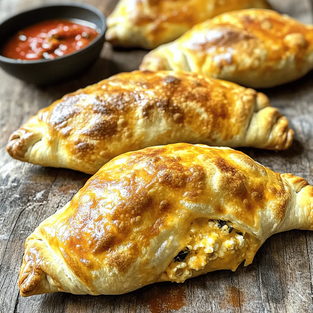 When making air fryer calzones, you need fresh and simple ingredients. Here’s what you will need: - 2 cups all-purpose flour - 1 packet (2 ¼ teaspoons) instant yeast - ½ teaspoon salt - 1 teaspoon sugar - ¾ cup warm water (about 110°F) - 1 tablespoon olive oil (plus more for brushing) - 1 cup ricotta cheese - 1 cup shredded mozzarella cheese - ½ cup cooked Italian sausage, crumbled - ½ cup fresh spinach, chopped - ½ teaspoon garlic powder - ½ teaspoon dried oregano - Salt and black pepper to taste - Marinara sauce for dipping Each ingredient plays a key role. The flour gives the calzone its structure. Instant yeast makes it rise and become fluffy. Salt brings out flavor, while sugar helps with browning. Warm water activates the yeast. Olive oil adds richness and helps the dough stay soft. For the filling, ricotta and mozzarella create a creamy texture. Cooked Italian sausage adds savory flavor. Spinach adds color and nutrition. Garlic powder and oregano enhance the taste, making it aromatic. Finally, season with salt and pepper to your liking. This recipe allows for creativity. You can mix and match ingredients based on your taste. Check the full recipe for detailed amounts and steps. Enjoy your cooking adventure! 1. Start by mixing the dry ingredients in a large bowl. Combine 2 cups of all-purpose flour, 1 packet of instant yeast, ½ teaspoon of salt, and 1 teaspoon of sugar. This mix will create a great base for your calzone. 2. Next, add the wet ingredients. Pour in ¾ cup of warm water and 1 tablespoon of olive oil. Stir with a wooden spoon until a rough dough forms. 3. Now, knead the dough. Transfer it to a floured surface and knead for 5-7 minutes. You want the dough to be smooth and elastic. After that, shape it into a ball, place it in a greased bowl, and cover it. Let it rise in a warm area for about 30 minutes until it doubles in size. 1. While the dough rises, prepare the filling. In a medium bowl, mix 1 cup of ricotta cheese and 1 cup of shredded mozzarella cheese. 2. Next, add ½ cup of cooked Italian sausage and ½ cup of chopped spinach. Don’t forget to sprinkle in ½ teaspoon of garlic powder, ½ teaspoon of dried oregano, and a pinch of salt and pepper. Stir well until everything is combined. 1. After the dough has risen, punch it down to release air. Divide it into four equal parts. Roll each part into a circle about 6-7 inches wide on a floured surface. 2. Spoon a generous amount of the filling onto one half of each dough circle. Leave about ½ inch around the edges for sealing. 3. Fold the other half of the dough over the filling. Pinch the edges to seal. For a secure seal, use a fork to crimp the edges. 1. Preheat your air fryer to 375°F. This step ensures even cooking. 2. Lightly brush the tops of each calzone with olive oil. Place them in the air fryer basket, making sure they don’t touch. 3. Air fry the calzones for 12-15 minutes. They should be golden brown and crispy. You may need to cook them in batches based on your air fryer size. 4. Once cooked, remove the calzones and let them cool for a few minutes. Enjoy with marinara sauce for dipping! To get the best texture, kneading is key. Knead the dough for about 5-7 minutes. This helps build gluten, making the dough stretchy. A smooth, elastic dough is what you want. If it feels sticky, sprinkle a bit more flour while kneading. To ensure even cooking, avoid overcrowding the air fryer. Place calzones in a single layer. Give them space to expand. This helps them cook evenly and get crispy all around. Seasoning makes a big difference in taste. Add herbs like basil or thyme to the filling. A pinch of red pepper flakes can add a nice kick. Don't be afraid to experiment! You can also swap cheeses. Try using provolone or feta instead of ricotta. This gives a new twist to the flavor. Feel free to mix in more veggies like bell peppers or mushrooms. If your dough does not rise, check the yeast. Ensure it is fresh and active. Warm water should be around 110°F. Too hot can kill the yeast. If calzones leak during cooking, make sure to seal them well. Pinch the edges tightly. Using a fork to crimp edges helps secure the filling. If they still leak, try not to overfill them next time. Remember, cooking is all about learning. Each try gets you closer to the perfect calzone! {{image_4}} You can easily make air fryer calzones vegetarian. Start by substituting meat with your favorite vegetables. Try using bell peppers, mushrooms, or zucchini. These veggies add great taste and texture. Next, explore different cheese varieties. Instead of ricotta or mozzarella, you can use feta, goat cheese, or even vegan cheese. Each cheese brings a unique flavor to your calzones. Want to spice things up? Add spices for a Mediterranean twist. Consider using oregano, basil, or crushed red pepper. These spices boost flavor and create an exciting taste experience. Don't forget about sauce pairings! While marinara is classic, you can try pesto or a spicy arrabbiata sauce. Each sauce gives a different taste to your calzones. For those needing gluten-free options, try using gluten-free dough. You can find mixes at stores or make your own. This option ensures everyone can enjoy delicious calzones. If you need dairy-free, use plant-based cheese and skip the ricotta. Silken tofu also works well as a creamy base. This swap keeps your calzones tasty and suitable for all diets. For more details, check the Full Recipe. To keep your air fryer calzones fresh, follow these simple steps: - Refrigeration: Place leftover calzones in an airtight container. They will stay good for up to 3 days. Make sure they cool down first to avoid steam buildup inside the container. - Freezing Calzones: If you want to save them longer, freeze the calzones. Wrap each one in plastic wrap and then place them in a freezer bag. They can last for up to 3 months. To reheat, just take them out and thaw in the fridge overnight. When it's time to enjoy your leftovers, here are some ways to reheat them: - Air Fryer Reheating Techniques: Preheat your air fryer to 350°F. Place the calzones in the basket for about 5-7 minutes. This method keeps them crispy and warm. - Oven or Microwave Alternatives: You can also use an oven. Preheat it to 350°F and place the calzones on a baking sheet for about 10 minutes. If you're in a hurry, use the microwave. Heat them for about 30-60 seconds, but this may make them a bit soft. Use these tips to enjoy your air fryer calzones again and again! It takes about 45 minutes in total. Here’s the breakdown: - Prep time: 10 minutes - Dough rising time: 30 minutes - Cooking time: 12-15 minutes You can speed things up by preparing the filling while the dough rises. Yes, you can make the dough ahead. Store it in the fridge. Use a sealed bag or container. It can stay fresh for about 2 days. When ready, take it out and let it warm up before shaping. You can get creative with calzones! Here are some ideas: - Pepperoni and mozzarella - Veggies like mushrooms and bell peppers - Different cheeses like feta or goat cheese - Pesto and chicken Feel free to mix and match to suit your taste. Check for a golden-brown color on the outside. The texture should be crispy. You can also poke a calzone. If it feels firm, it’s likely done. Yes, you can use store-bought dough. Here are some pros and cons: Pros: - Saves time - Easy to use Cons: - May not taste as fresh - Texture might differ from homemade Try to find high-quality dough for the best results. You can find the Full Recipe for air fryer calzones [here](#). Enjoy making this delicious dish! Making air fryer calzones is simple and fun. We covered all the key steps, from gathering ingredients to air frying. You learned about the dough prep, filling choices, and how to assemble them. I also shared tips for perfect texture and flavor, along with variations to suit your tastes. Remember, experimenting with fillings can lead to new favorites. Store your leftovers wisely and reheat them for a tasty treat later. Enjoy your cooking, and have fun creating delicious calzones in your air fryer!