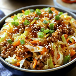 - 1 lb ground turkey or ground chicken - 4 cups coleslaw mix (a blend of cabbage and carrots) - 2 green onions, finely chopped - 3 cloves garlic, minced - 1 tablespoon fresh ginger, finely grated - 3 tablespoons soy sauce (or tamari if you prefer gluten-free) - 1 tablespoon sesame oil - 1 tablespoon rice vinegar - 1 teaspoon sriracha sauce (adjust to your heat preference) - Salt and pepper, to taste - Optional garnishes: sesame seeds, extra chopped green onions If you want to switch up the meat, use ground pork or beef. For a vegetarian option, try crumbled tofu or lentils. You can swap the coleslaw mix for any stir-fry veggie blend. Coconut aminos can replace soy sauce for a sweeter taste. If you dislike sriracha, use chili paste or hot sauce to add heat. Fresh herbs like cilantro can replace green onions for extra flavor. This dish is packed with protein and fiber, making it filling and healthy. A serving has about: - Calories: 350 - Protein: 30g - Carbohydrates: 15g - Fat: 20g - Fiber: 4g This makes it a great choice for a quick, nutritious meal. For the full recipe, check out the details above! To start, warm the sesame oil in a large skillet over medium-high heat. When the oil shimmers, add 1 lb of ground turkey or chicken. Cook it for about 5-7 minutes. Break the meat apart with a spatula as it browns evenly. Once it cooks through, stir in 3 cloves of minced garlic and 1 tablespoon of grated ginger. Sauté for another minute until you smell their amazing aroma. Next, add 4 cups of coleslaw mix to the skillet. Stir well to mix the veggies with the meat. Sauté for about 3-4 minutes until the cabbage is tender. After that, drizzle in 3 tablespoons of soy sauce, 1 tablespoon of rice vinegar, and 1 teaspoon of sriracha sauce. Mix everything well to coat all the ingredients. Taste and add salt and pepper as needed. Let it cook together for an extra 2-3 minutes. This step lets the flavors blend nicely. Finally, remove the skillet from heat and fold in 2 chopped green onions for a fresh touch. To enhance the flavor, use fresh ingredients like ginger and garlic. Fresh ingredients make a big difference. If you want more heat, add extra sriracha. You can also try adding a splash of lime juice for a zesty kick. Mixing the soy sauce and rice vinegar before adding them helps spread the flavor evenly. For a deeper taste, let the dish sit for a few minutes before serving. This resting time allows all the flavors to mingle. Also, remember to taste often and adjust seasonings as needed. - Warming sesame oil: 1 minute - Cooking meat: 5-7 minutes - Cooking garlic and ginger: 1 minute - Sautéing coleslaw mix: 3-4 minutes - Mixing sauces and final cooking: 2-3 minutes In total, you can whip up this quick meal in about 20 minutes. Enjoy this Easy Egg Roll in a Bowl! For the complete recipe, check out the Full Recipe section. You can easily change this dish to fit your taste. Want more veggies? Add bell peppers, snap peas, or mushrooms. Love heat? Toss in some diced jalapeños or use more sriracha. For extra crunch, top with chopped nuts like peanuts or cashews. You can even switch the meat. Try ground beef, pork, or a plant-based option. Many people forget to cook the meat fully. This can lead to a chewy texture. Make sure you break it apart and cook until it’s no longer pink. Another mistake is not seasoning enough. Taste your dish as you cook. Adjust salt and pepper to your liking. Finally, don’t skip the fresh ingredients. Green onions and sesame seeds add flavor and color. Serving makes a big difference! Use deep bowls to hold all the flavors well. Garnish with extra green onions and sesame seeds for a bright look. You can also serve it with rice or noodles to make it more filling. Consider adding a side of pickled vegetables for a tangy bite. Enjoy this meal hot for the best taste! For the complete recipe, check out the Full Recipe. {{image_4}} You can easily make this dish vegetarian or vegan. Replace the ground turkey or chicken with crumbled tofu or tempeh. Both options bring great texture and protein. Use soy sauce or tamari for flavor. Toss in some mushrooms for an umami boost. You can also add extra veggies like bell peppers or zucchini. This will make your bowl colorful and nutritious. If you love heat, change up the sauces. Sriracha is a great start, but you can try chili paste or hot sesame oil. For a sweet and spicy kick, add hoisin sauce. This will give your dish a nice twist. You can also mix in some red pepper flakes while cooking. Adjust the spice to match your taste. To make this dish low-carb, skip the coleslaw mix. Instead, use shredded cabbage or zucchini noodles. This keeps the crunch without the carbs. You can also add in some cauliflower rice for more volume. This keeps your meal filling and light. Adjust the sauces as needed to keep it tasty and low-carb. For the full recipe, you can check the detailed cooking guide. You can store leftover egg roll in a bowl in an airtight container. Keep it in the fridge. It stays fresh for up to three days. Let it cool before sealing. This helps avoid extra moisture. To reheat, use a skillet over medium heat. Add a splash of water for moisture. Stir often to heat evenly. This method keeps the veggies crisp. You can also use the microwave. Heat in short bursts, stirring in between. You can freeze this dish, but some ingredients may change. Let it cool completely before placing in a freezer-safe container. It can last for up to two months. For best results, freeze without toppings. Thaw overnight in the fridge before reheating. Enjoy your meal even later! You can use tamari for a gluten-free option. Coconut aminos offer a sweet flavor. You could also try homemade soy sauce substitutes. Mix vegetable broth with a splash of vinegar and a pinch of salt. This mix gives a nice umami taste. Yes, you can prepare Egg Roll in a Bowl ahead of time. Cook the dish and let it cool. Store it in an airtight container in the fridge. It stays fresh for up to three days. Just reheat it in a skillet or the microwave when ready to eat. Absolutely! This recipe is perfect for meal prep. It’s easy to portion into containers. Each serving reheats well, keeping its flavor and texture. You can enjoy a quick and tasty meal throughout the week. Check the Full Recipe for details on how to make it. This blog post covered how to make a tasty egg roll in a bowl. We looked at ingredients, cooking steps, variations, and storage tips. Remember, customizing is key to make it your own. Avoid common mistakes for the best taste. You can enjoy this dish for lunch or dinner. Whether you prefer spicy or vegetarian, this recipe fits all. Now, you have the tools to create something delicious and fun. Get cooking and enjoy every bite!