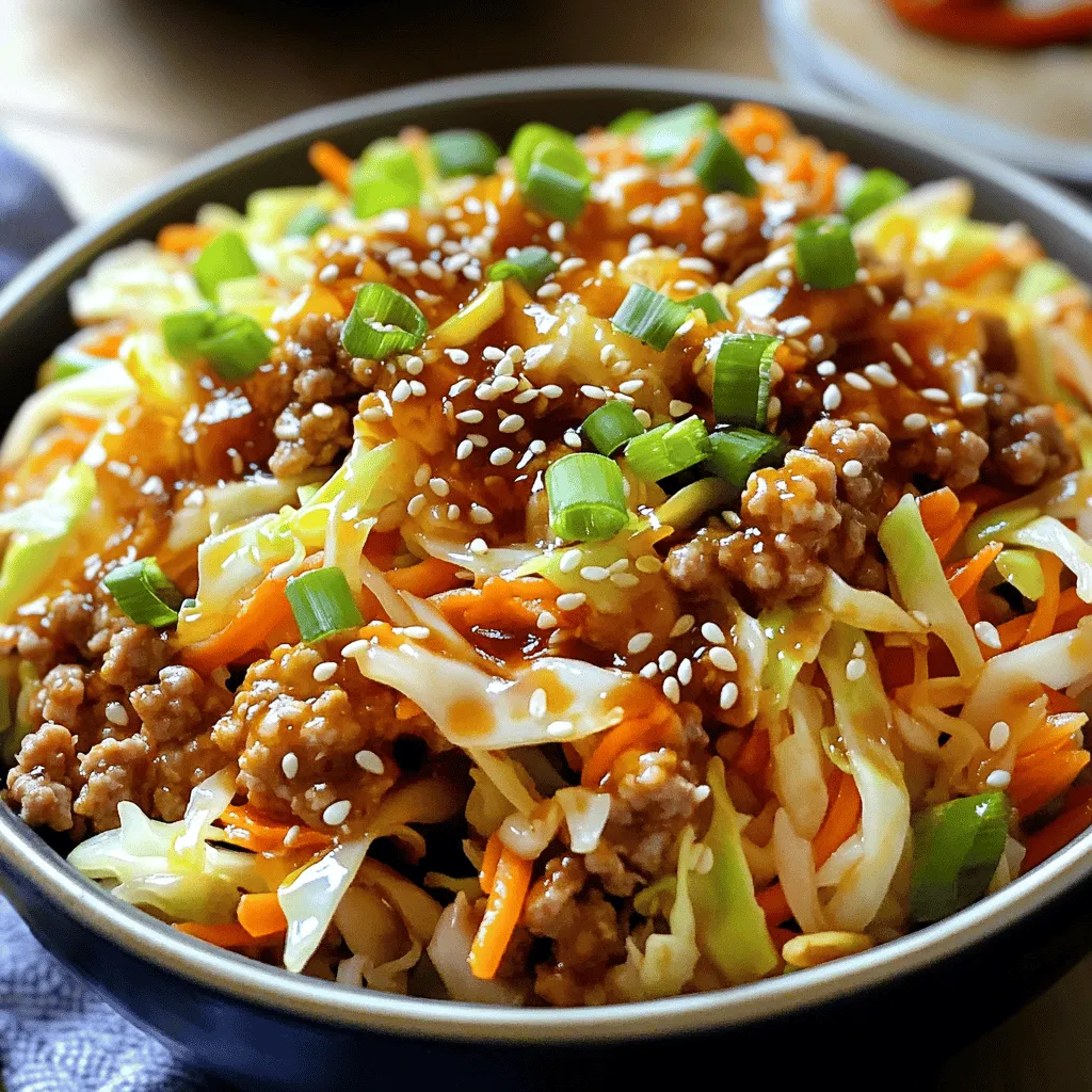 - 1 lb ground turkey or ground chicken - 4 cups coleslaw mix (a blend of cabbage and carrots) - 2 green onions, finely chopped - 3 cloves garlic, minced - 1 tablespoon fresh ginger, finely grated - 3 tablespoons soy sauce (or tamari if you prefer gluten-free) - 1 tablespoon sesame oil - 1 tablespoon rice vinegar - 1 teaspoon sriracha sauce (adjust to your heat preference) - Salt and pepper, to taste - Optional garnishes: sesame seeds, extra chopped green onions If you want to switch up the meat, use ground pork or beef. For a vegetarian option, try crumbled tofu or lentils. You can swap the coleslaw mix for any stir-fry veggie blend. Coconut aminos can replace soy sauce for a sweeter taste. If you dislike sriracha, use chili paste or hot sauce to add heat. Fresh herbs like cilantro can replace green onions for extra flavor. This dish is packed with protein and fiber, making it filling and healthy. A serving has about: - Calories: 350 - Protein: 30g - Carbohydrates: 15g - Fat: 20g - Fiber: 4g This makes it a great choice for a quick, nutritious meal. For the full recipe, check out the details above! To start, warm the sesame oil in a large skillet over medium-high heat. When the oil shimmers, add 1 lb of ground turkey or chicken. Cook it for about 5-7 minutes. Break the meat apart with a spatula as it browns evenly. Once it cooks through, stir in 3 cloves of minced garlic and 1 tablespoon of grated ginger. Sauté for another minute until you smell their amazing aroma. Next, add 4 cups of coleslaw mix to the skillet. Stir well to mix the veggies with the meat. Sauté for about 3-4 minutes until the cabbage is tender. After that, drizzle in 3 tablespoons of soy sauce, 1 tablespoon of rice vinegar, and 1 teaspoon of sriracha sauce. Mix everything well to coat all the ingredients. Taste and add salt and pepper as needed. Let it cook together for an extra 2-3 minutes. This step lets the flavors blend nicely. Finally, remove the skillet from heat and fold in 2 chopped green onions for a fresh touch. To enhance the flavor, use fresh ingredients like ginger and garlic. Fresh ingredients make a big difference. If you want more heat, add extra sriracha. You can also try adding a splash of lime juice for a zesty kick. Mixing the soy sauce and rice vinegar before adding them helps spread the flavor evenly. For a deeper taste, let the dish sit for a few minutes before serving. This resting time allows all the flavors to mingle. Also, remember to taste often and adjust seasonings as needed. - Warming sesame oil: 1 minute - Cooking meat: 5-7 minutes - Cooking garlic and ginger: 1 minute - Sautéing coleslaw mix: 3-4 minutes - Mixing sauces and final cooking: 2-3 minutes In total, you can whip up this quick meal in about 20 minutes. Enjoy this Easy Egg Roll in a Bowl! For the complete recipe, check out the Full Recipe section. You can easily change this dish to fit your taste. Want more veggies? Add bell peppers, snap peas, or mushrooms. Love heat? Toss in some diced jalapeños or use more sriracha. For extra crunch, top with chopped nuts like peanuts or cashews. You can even switch the meat. Try ground beef, pork, or a plant-based option. Many people forget to cook the meat fully. This can lead to a chewy texture. Make sure you break it apart and cook until it’s no longer pink. Another mistake is not seasoning enough. Taste your dish as you cook. Adjust salt and pepper to your liking. Finally, don’t skip the fresh ingredients. Green onions and sesame seeds add flavor and color. Serving makes a big difference! Use deep bowls to hold all the flavors well. Garnish with extra green onions and sesame seeds for a bright look. You can also serve it with rice or noodles to make it more filling. Consider adding a side of pickled vegetables for a tangy bite. Enjoy this meal hot for the best taste! For the complete recipe, check out the Full Recipe. {{image_4}} You can easily make this dish vegetarian or vegan. Replace the ground turkey or chicken with crumbled tofu or tempeh. Both options bring great texture and protein. Use soy sauce or tamari for flavor. Toss in some mushrooms for an umami boost. You can also add extra veggies like bell peppers or zucchini. This will make your bowl colorful and nutritious. If you love heat, change up the sauces. Sriracha is a great start, but you can try chili paste or hot sesame oil. For a sweet and spicy kick, add hoisin sauce. This will give your dish a nice twist. You can also mix in some red pepper flakes while cooking. Adjust the spice to match your taste. To make this dish low-carb, skip the coleslaw mix. Instead, use shredded cabbage or zucchini noodles. This keeps the crunch without the carbs. You can also add in some cauliflower rice for more volume. This keeps your meal filling and light. Adjust the sauces as needed to keep it tasty and low-carb. For the full recipe, you can check the detailed cooking guide. You can store leftover egg roll in a bowl in an airtight container. Keep it in the fridge. It stays fresh for up to three days. Let it cool before sealing. This helps avoid extra moisture. To reheat, use a skillet over medium heat. Add a splash of water for moisture. Stir often to heat evenly. This method keeps the veggies crisp. You can also use the microwave. Heat in short bursts, stirring in between. You can freeze this dish, but some ingredients may change. Let it cool completely before placing in a freezer-safe container. It can last for up to two months. For best results, freeze without toppings. Thaw overnight in the fridge before reheating. Enjoy your meal even later! You can use tamari for a gluten-free option. Coconut aminos offer a sweet flavor. You could also try homemade soy sauce substitutes. Mix vegetable broth with a splash of vinegar and a pinch of salt. This mix gives a nice umami taste. Yes, you can prepare Egg Roll in a Bowl ahead of time. Cook the dish and let it cool. Store it in an airtight container in the fridge. It stays fresh for up to three days. Just reheat it in a skillet or the microwave when ready to eat. Absolutely! This recipe is perfect for meal prep. It’s easy to portion into containers. Each serving reheats well, keeping its flavor and texture. You can enjoy a quick and tasty meal throughout the week. Check the Full Recipe for details on how to make it. This blog post covered how to make a tasty egg roll in a bowl. We looked at ingredients, cooking steps, variations, and storage tips. Remember, customizing is key to make it your own. Avoid common mistakes for the best taste. You can enjoy this dish for lunch or dinner. Whether you prefer spicy or vegetarian, this recipe fits all. Now, you have the tools to create something delicious and fun. Get cooking and enjoy every bite!