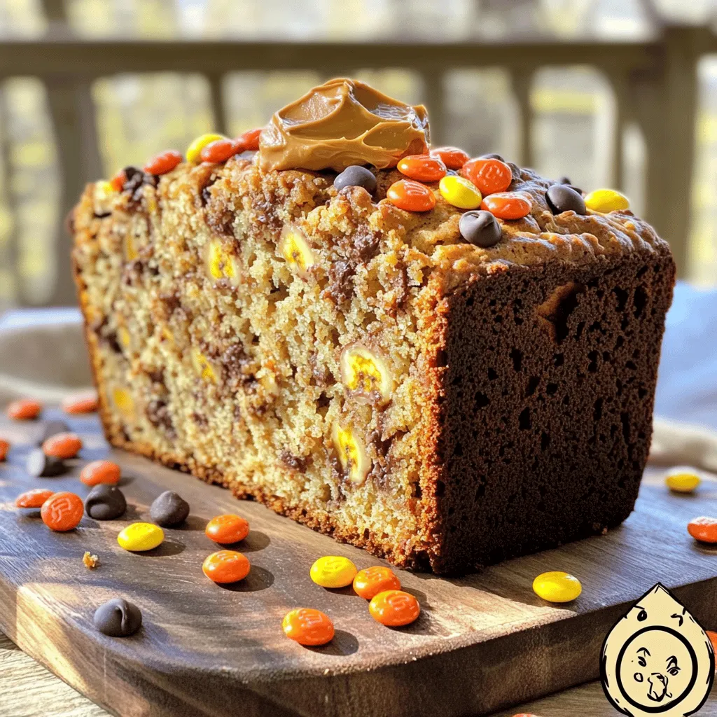 - 3 ripe bananas, well-mashed - 1/2 cup creamy peanut butter, at room temperature - 1/3 cup unsalted butter, melted and slightly cooled - 3/4 cup packed brown sugar - 1 large egg, beaten until frothy - 1 teaspoon pure vanilla extract - 1 teaspoon baking soda - 1/4 teaspoon fine sea salt - 1 1/2 cups all-purpose flour, sifted - 1/2 cup semi-sweet chocolate chips - 1/2 cup Reese’s Pieces candies The stars of this recipe are ripe bananas and creamy peanut butter. Ripe bananas add natural sweetness and moisture. You want them to be very soft and brown. Creamy peanut butter gives a rich flavor and adds to the texture. I suggest using unsalted butter to control the salt levels. Brown sugar brings a lovely caramel flavor, while the egg and vanilla extract bind everything together. Baking soda helps the bread rise, and sea salt balances the sweetness. The all-purpose flour creates the structure, while chocolate chips and Reese’s Pieces provide bursts of flavor in every bite. - Nuts (e.g., walnuts or pecans) - Dried fruits (like raisins or cranberries) - Additional chocolate chips If you want to switch things up, consider adding nuts for crunch. Walnuts or pecans work well here. Dried fruits like raisins or cranberries also add flavor and texture. For chocolate lovers, feel free to toss in more chocolate chips. The options are endless! Each choice can change the taste and feel of your banana bread. Always use fresh, high-quality ingredients for the best results. For the full recipe, check the link above. 1. First, preheat your oven to 350°F (175°C). This helps the bread bake evenly. 2. Grease a 9x5-inch loaf pan with butter or non-stick spray. This keeps the bread from sticking. 3. In a large bowl, mash three ripe bananas well. They should be smooth and creamy. 4. Add the melted butter and stir until mixed. This makes the base of your batter. 5. Pour in the creamy peanut butter and packed brown sugar. Mix until smooth. 6. Now, add one beaten egg and a teaspoon of vanilla extract. Stir until combined. 1. In a separate bowl, sift 1 ½ cups of all-purpose flour. This adds air and lightens the texture. 2. Sprinkle in one teaspoon of baking soda and ¼ teaspoon of sea salt. Mix well. 3. Gradually fold this dry mixture into your wet ingredients. Stop mixing once the flour is gone. 4. Now, add ½ cup of semi-sweet chocolate chips and ½ cup of Reese’s Pieces. Gently fold them in for bursts of flavor. 1. Pour the batter into your prepared loaf pan. Smooth the top with a spatula for even baking. 2. Place the pan in your preheated oven for 60-65 minutes. Check doneness with a toothpick. 3. If it comes out clean or with a few moist crumbs, your bread is ready. 4. Allow the bread to cool in the pan for about 10 minutes. Then transfer it to a wire rack. 5. For a great presentation, slice the bread and serve it warm. You can add a dollop of peanut butter and some extra Reese’s Pieces around it for a fun touch. Make sure to check the Full Recipe for more details! To get the best banana bread, start with ripe bananas. They should be soft and brown. Mash them well with a fork or a potato masher. This gives you a smooth consistency. Aim for no lumps in your banana mix. Mixing the batter is crucial. Combine dry and wet ingredients gently. When adding flour, fold it in slowly. Overmixing can make the bread tough. Stop mixing as soon as you see no dry flour. You can change the sweetener if you want. Try honey or maple syrup for a different taste. Just remember to adjust the amounts since these can be sweeter than sugar. Using different nut butters can also change the game. Almond butter or cashew butter can work well. Each nut butter adds its own unique flavor to the bread. For a fun way to serve, slice the bread warm. Top each slice with creamy peanut butter. Add a few Reese’s Pieces on top for color. If you want to gift the bread, wrap it in brown paper. Tie it with a twine bow to make it look special. This simple touch makes your gift feel extra thoughtful. For more details, check the Full Recipe. {{image_4}} You can lighten up this treat with smart swaps. Use less sugar or a sugar substitute. Applesauce works well in place of some butter, too. For a gluten-free option, try almond or coconut flour. These flours add a nice flavor and texture. Just remember to adjust the baking time, as gluten-free versions may cook faster. Want to change the taste? Add spices like cinnamon or nutmeg for warmth. These spices can make your bread smell divine. You can also mix in flavor extracts like almond or coconut. These will add a unique twist to your creation. Seasonal fruits can add fun flair. Try adding pumpkin for fall or zucchini in summer. You can also decorate for the holidays. Use festive spices and toppings to make it special. A sprinkle of nutmeg or a drizzle of chocolate can elevate your bread. Each variation gives you a new reason to bake. For the full recipe, check out the details above. To keep your Reese’s Peanut Butter Banana Bread fresh, store it right. When it’s cool, wrap it in plastic wrap or foil. If you plan to eat it within a few days, leave it at room temperature. Make sure it’s in a cool, dry place. If you want it to last longer, put it in the fridge. However, this might make it a bit dry. For long-term storage, freezing is a great option. Slice the banana bread first. This way, you can take out just what you need. Wrap each slice in plastic wrap tightly. Then, put the slices in a freezer bag. This helps keep them fresh for up to three months. The best way to store banana bread is to use airtight containers. These containers keep moisture in and air out. You can also wrap the loaf in plastic wrap or foil. If you prefer, use freezer bags for extra protection. Make sure to squeeze out as much air as possible before sealing. This helps prevent freezer burn. To check if your banana bread has gone bad, look for a few signs. First, check for mold. If you see any, throw it away. Next, smell the bread. If it has a sour or off smell, it’s best not to eat it. Banana bread stays good for about 3 to 5 days at room temperature. In the fridge, it can last about a week. When frozen, it can stay fresh for up to three months. Always trust your senses. If something seems off, it’s better to be safe! To ripen bananas fast, place them in a paper bag. This traps ethylene gas, which speeds up ripening. You can also add an apple to the bag for extra effect. If you need bananas today, bake them at 300°F (150°C) for 15-20 minutes. This will soften them quickly, but they will not taste as fresh. Yes, you can use frozen bananas! First, thaw them in the fridge overnight. If you’re in a hurry, place them in warm water for about an hour. Once thawed, drain any excess liquid and mash them. This will keep your banana bread moist and delicious. To make this recipe vegan, substitute the egg with a flax egg. Mix 1 tablespoon of ground flaxseed with 3 tablespoons of water. For butter, use a plant-based version like coconut oil or vegan butter. These swaps will keep the flavor rich and tasty. If your banana bread is too dense, check your mixing method. Overmixing can create a tough loaf. Make sure to fold the flour in gently until just combined. Also, ensure your baking soda is fresh. If it’s old, it may not rise well. Adding an extra ripe banana can add moisture and lightness, too. Reese’s Peanut Butter Banana Bread combines ripe bananas, peanut butter, and chocolate. Using simple steps, I showed how to prepare, bake, and store this delicious treat. I also shared tips on variations and optional add-ins. You can make it healthier or seasonal, depending on your taste. With this guide, you now have the tools to bake and enjoy a perfect loaf. Dive into this recipe, and share the joy of homemade banana bread!