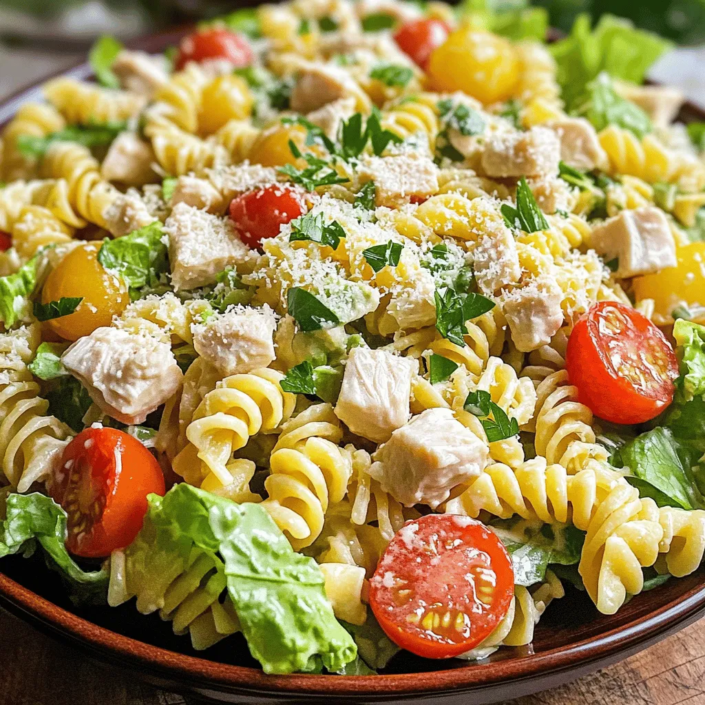 To make your Chicken Caesar Pasta Salad, gather the following ingredients: - 8 oz rotini pasta - 1 cup cooked chicken breast, diced - 1 cup romaine lettuce, chopped into bite-sized pieces - ½ cup cherry tomatoes, halved - ¼ cup freshly grated Parmesan cheese - ⅓ cup Caesar dressing (store-bought or homemade) - 2 tablespoons extra virgin olive oil - 1 teaspoon garlic powder - Salt and freshly cracked black pepper to taste - Fresh parsley, chopped, for garnish (optional) You can easily swap some ingredients to suit your taste or needs: - Pasta: Use penne or fusilli instead of rotini for a different shape. - Chicken: Substitute with grilled shrimp or diced tofu for a lighter option. - Lettuce: Try kale or spinach if you want more nutrients. - Tomatoes: Use diced bell peppers or cucumbers for crunch. - Cheese: Feta or goat cheese can replace Parmesan for a tangy twist. - Dressing: If you don’t have Caesar dressing, a ranch or vinaigrette works too. Each serving of Chicken Caesar Pasta Salad provides: - Calories: 450 - Protein: 30g - Carbohydrates: 40g - Fat: 20g - Fiber: 3g - Sugar: 2g This salad is balanced and filling, making it a great meal option. You can feel good knowing it has protein and fiber to keep you satisfied. For the full recipe, check out the details above. Enjoy making this dish! To make this Chicken Caesar Pasta Salad, start cooking the pasta first. Boil a large pot of salted water. Once boiling, add 8 oz of rotini pasta. Cook it for about 8-10 minutes until it is al dente. Drain the pasta and rinse it under cold water. This stops the cooking and cools it down. Set the pasta aside when it’s cool. Next, grab a big mixing bowl. In this bowl, combine the cooled pasta with 1 cup of cooked chicken breast, diced. Add in 1 cup of chopped romaine lettuce and ½ cup of halved cherry tomatoes. Use a gentle hand to toss the ingredients. This helps to mix everything evenly without breaking the lettuce. Now, let’s make the dressing. In a small bowl, whisk together ⅓ cup of Caesar dressing, 2 tablespoons of extra virgin olive oil, and 1 teaspoon of garlic powder. Add a pinch of salt and pepper. Mix until it is smooth. Pour the dressing over the pasta mixture next. Use tongs or a large spoon to toss the salad gently, ensuring every piece gets coated in that creamy dressing. Sprinkle ¼ cup of freshly grated Parmesan cheese on top. Fold it in lightly to let the cheese mix with the salad. Taste the salad and adjust the seasoning with salt and pepper if needed. Finally, cover the salad and chill it in the fridge for about 30 minutes. This step allows the flavors to blend and taste even better. - Use plenty of water: This helps the pasta cook evenly and prevents sticking. - Don’t overcook: Keep an eye on the clock. Al dente pasta has a nice bite. - Rinse with cold water: This stops the cooking process and cools the pasta fast. - Salt the water: It adds flavor right to the pasta as it cooks. If you want to try a homemade Caesar dressing, it’s simple! Here’s how: - Ingredients: - ½ cup mayonnaise - 2 tablespoons lemon juice - 1 teaspoon Dijon mustard - 1 clove garlic, minced - ⅓ cup freshly grated Parmesan cheese - Salt and pepper to taste - Instructions: 1. In a bowl, mix the mayonnaise, lemon juice, and Dijon mustard. 2. Add in the minced garlic and Parmesan cheese. 3. Season with salt and pepper. Mix until smooth. This homemade dressing adds a fresh touch to your Chicken Caesar Pasta Salad! When making Chicken Caesar Pasta Salad, watch out for a few key mistakes. First, don't overcook the pasta. It should be firm to the bite, or al dente. Next, cold pasta is best for the salad. Rinsing it under cold water helps it cool quickly. Also, be careful with the dressing. Too much can make the salad soggy. Start with a little dressing and add more if needed. Lastly, avoid using wilted lettuce. Fresh romaine makes the salad crisp and tasty. To boost the flavor of your Chicken Caesar Pasta Salad, consider adding fresh herbs. Basil or dill can add a fresh taste. You can also mix in some garlic. Roasted garlic gives a rich flavor. For a kick, try adding a pinch of red pepper flakes. If you love cheese, add more Parmesan for a creamy touch. Don't forget to balance the saltiness of the dressing with fresh black pepper. A squeeze of lemon juice can brighten the whole dish. Serve your Chicken Caesar Pasta Salad in a large bowl for sharing. For individual servings, use smaller bowls. Top with extra Parmesan and whole cherry tomatoes for color. You can add croutons for crunch or serve it with crusty bread. This salad is great for picnics and potlucks. If you want to make it a meal, pair it with grilled shrimp or chicken. For the best taste, chill it in the fridge for 30 minutes before serving. For the full recipe, check out the complete instructions above. {{image_4}} You can easily make this dish vegetarian. Replace the chicken with chickpeas or tofu. Both add protein and texture. You can also use roasted vegetables for a hearty bite. Try bell peppers, zucchini, or even artichokes. These swaps keep the salad fresh and vibrant. To make this salad gluten-free, simply select gluten-free rotini pasta. Many brands offer delicious options made from rice or corn. This way, you enjoy the same great flavor without gluten. Check the labels to ensure there are no hidden gluten ingredients. Seasonal ingredients can enhance your salad's flavor. In summer, add fresh corn or diced cucumber. In fall, consider roasted butternut squash or crispy apples for a sweet twist. Fresh herbs, like basil or cilantro, also work wonders. They bring brightness to your dish while keeping it light and fresh. For the full recipe, refer to the complete guide above. To store your Chicken Caesar Pasta Salad, use an airtight container. This helps keep the salad fresh. If you have leftovers, make sure to cool it first. Then, transfer it to the container. Keep the dressing separate if you plan to store it for more than a day. This keeps the lettuce crisp and prevents sogginess. You won’t need to reheat this salad since it’s best served cold. If you do prefer a warm dish, you can warm the chicken separately in a pan. Just heat it gently to avoid overcooking. Then, mix it back into the salad. Your Chicken Caesar Pasta Salad will last about 3 to 4 days in the fridge. After this time, the lettuce may start to wilt. Always check for any off smells or changes in texture before eating. This way, you enjoy it at its best! For more details, refer to the [Full Recipe]. Yes, you can! Rotini pasta adds a fun twist to any salad. Its spiral shape holds onto dressings and flavors well. You can try it in pasta salads with veggies, beans, or even tuna. Just cook it al dente for the best texture. Rotini works great in cold salads, too, keeping them fresh and tasty. No problem! If you lack Caesar dressing, you can make a simple substitute. Mix together some mayonnaise, lemon juice, and a touch of garlic powder. You can also add a bit of Worcestershire sauce for extra flavor. This mix gives you a creamy dressing that works well with your salad. Feel free to get creative with your ingredients! Absolutely! This salad is perfect for meal prep. You can make it a day ahead and store it in the fridge. Just keep the dressing separate until you’re ready to serve. This helps the salad stay crisp and fresh. Toss it all together right before eating, and enjoy a quick, tasty meal! This blog post covered how to make a delicious pasta salad. We explored the key ingredients, helpful cooking tips, and common mistakes. I shared ways to boost flavors and suggested fun variations. You learned about proper storage and got answers to your questions. Enjoy this versatile salad now or later. With these tips, you can create a dish everyone will love. Try it out and make it your own!