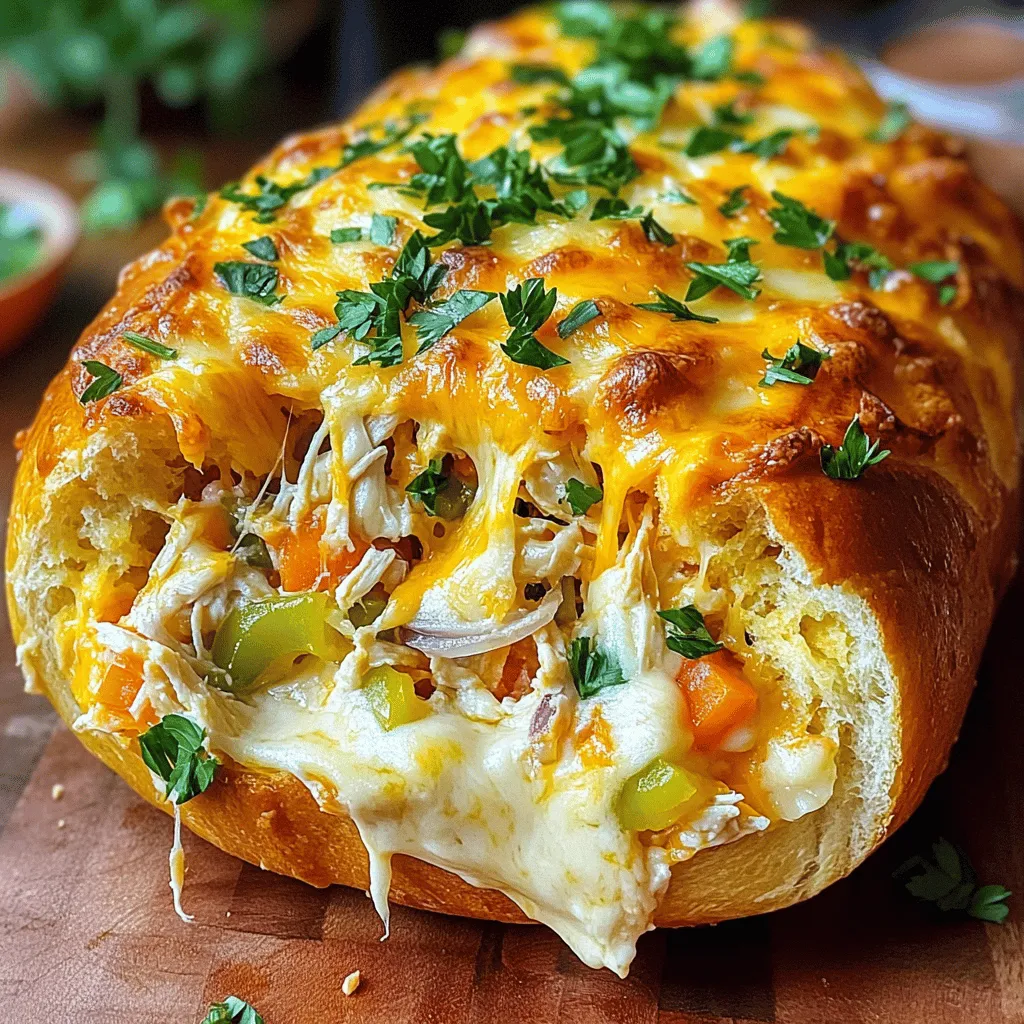 - 1 large loaf of fresh Italian bread - 1 cup shredded mozzarella cheese - 1 cup shredded sharp cheddar cheese - ½ cup cream cheese, softened - 1 cup mixed vegetables (diced bell peppers, onions, and mushrooms) - 1 cup cooked chicken or leftover rotisserie chicken, finely shredded - 2 tablespoons garlic butter, melted - 1 teaspoon Italian seasoning blend - Salt and black pepper to taste - Fresh parsley, chopped, for garnish For this recipe, the most special items are the cheeses and garlic butter. You can find shredded mozzarella and cheddar cheese at any grocery store. Look for the cream cheese in the dairy section. Garlic butter is easy to make at home. Just melt butter and mix in minced garlic. If you want a shortcut, some stores sell it ready-made. For the mixed vegetables, fresh ones are great, but frozen works too. Choose a mix of bell peppers, onions, and mushrooms to add flavor. If you have dietary needs, you can change some ingredients. For a vegetarian option, skip the chicken and add more veggies. Use a dairy-free cream cheese to make it vegan. If you're lactose intolerant, look for lactose-free cheese. You can also use gluten-free bread to make this dish suitable for those who avoid gluten. Just make sure the bread is fresh and has a good texture for the best results. 1. Preheat your oven to 375°F (190°C). This step warms the air for baking. 2. Prepare the bread by slicing the Italian loaf in half lengthwise. Set the halves aside. 3. In a large bowl, mix together the mozzarella, cheddar, and cream cheese. 4. Add the diced vegetables and shredded chicken to the cheese mixture. 5. Pour in the melted garlic butter and sprinkle the Italian seasoning. Stir well. 6. Taste the mixture and add salt and black pepper as needed for flavor. 7. Spread the cheesy filling evenly on the bottom half of the bread. 8. Place the top half back on the cheesy bottom. Press gently to hold it together. 9. Wrap the loaf in aluminum foil. This keeps the bread moist while it bakes. 10. Bake the wrapped loaf for about 20-25 minutes. This helps the flavors blend. 11. Remove the foil and bake for an extra 10-15 minutes. This makes the top golden and crispy. 12. Let the loaf cool for a few minutes. Then slice it into thick pieces. - Use fresh vegetables for the best flavor. Diced bell peppers, onions, and mushrooms work well. - Shred the chicken finely for even mixing. Leftover rotisserie chicken is a great option. - Soften the cream cheese first. This makes it easier to mix with other cheeses. - Set your oven to 375°F (190°C) before you start. - Bake wrapped for 20-25 minutes, then uncovered for 10-15 minutes. - Check for a golden brown top. This means it’s ready. For the complete instructions, refer to the Full Recipe. To get that perfect cheesy texture, use a mix of cheeses. I love combining mozzarella and sharp cheddar. Mozzarella adds stretch, while cheddar gives a rich taste. Make sure your cream cheese is soft. This helps it blend well with the other cheeses. When you mix them, stir until smooth. This makes every bite creamy and delicious. One common mistake is not preheating your oven. Always preheat to 375°F (190°C). If you skip this step, your bread may not cook evenly. Another mistake is overstuffing the bread. Use the right amount of filling to keep it from spilling out. Lastly, don’t skip the foil wrap. It helps keep the bread moist while baking. Serve Cheesy Garbage Bread Delight hot and fresh from the oven. It pairs well with marinara sauce for dipping. A side salad adds freshness and crunch. Try a simple green salad with a light vinaigrette. For drinks, a cold soda or a glass of iced tea works great. Sharing this bread at parties makes everyone happy! For detailed steps, check the Full Recipe. {{image_4}} You can make cheesy garbage bread your own! Use different meats or veggies. Here are some ideas: - Pepperoni: Add slices for a pizza twist. - Bacon: Crumble cooked bacon for a smoky flavor. - Spinach: Mix in fresh spinach for added greens. - Broccoli: Diced cooked broccoli gives a nice crunch. - Olives: Chopped olives can add a briny bite. Feel free to swap ingredients based on what you like. The filling is flexible and fun! You can easily make this dish vegetarian or vegan. For vegetarian, skip the meat and add more veggies. Try these options: - Mushrooms: They add a hearty flavor. - Zucchini: Shredded zucchini gives moisture and taste. - Sun-dried tomatoes: They add a sweet and tangy kick. For a vegan option, replace cheeses with plant-based versions. Use vegan cream cheese, vegan mozzarella, and nutritional yeast for a cheesy taste without dairy. To make your cheesy garbage bread even better, try these flavor boosters: - Spices: Add red pepper flakes for heat or smoked paprika for depth. - Herbs: Fresh basil or oregano can brighten the dish. - Sauces: Drizzle some hot sauce or ranch dressing before serving for extra flavor. Experiment with combinations that excite your taste buds. Each tweak can lead to a new favorite! For storing leftovers, wrap the cheesy garbage bread tightly in plastic wrap. Place it in an airtight container. You can also use aluminum foil if you don't have plastic wrap. This keeps the bread fresh and moist. To reheat, preheat your oven to 350°F (175°C). Unwrap the bread and place it on a baking sheet. Cover it with foil to keep it from drying out. Heat for about 10-15 minutes. You want the cheese to melt again and the bread to be warm. To freeze, slice the bread first. Wrap each slice in plastic wrap, then put them in a freezer bag. Remove as much air as possible. You can freeze it for up to three months. When ready to eat, thaw in the fridge overnight, then reheat as mentioned above. For the full recipe, check out the ingredients and steps to make this delight at home! You can use cooked turkey or sausage instead of chicken. Both add great flavor. If you want a meat-free option, try using extra vegetables. Mushrooms or spinach work well. You can also use tofu or tempeh for a protein boost. Just make sure to season your substitutes well for the best taste. Yes, you can prepare Cheesy Garbage Bread Delight ahead of time. Assemble the bread and filling, then wrap it in foil. Store it in the fridge for up to 24 hours. When you’re ready to bake, just pop it in the oven. This makes it a great option for meal prep or gatherings. To spice things up, add chopped jalapeños or red pepper flakes to the cheese mix. You can also use pepper jack cheese instead of regular cheese. For a smoky flavor, try adding chipotle peppers in adobo sauce. Adjust the spice level to suit your taste for a zingy twist! Cheesy Garbage Bread Delight is fun and tasty. We covered key ingredients and specialty items. You learned substitutions for different diets. The step-by-step guide helps you cook with ease. Tips ensure the perfect cheesy texture, avoiding common mistakes. Explore variations to fit your taste. Also, effective storage methods keep leftovers fresh. This dish is great for sharing, and your friends will love it. Enjoy making and savoring your Cheesy Garbage Bread Delight!