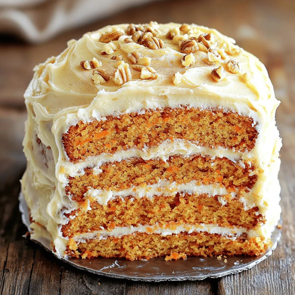 - 2 cups all-purpose flour - 2 cups granulated sugar - 1 teaspoon baking powder - 1 teaspoon baking soda - 1 teaspoon ground cinnamon - 1/2 teaspoon ground nutmeg - 1/2 teaspoon salt - 4 large eggs - 1 cup vegetable oil - 3 cups grated carrots (about 5-6 medium-sized carrots) - 1 cup crushed pineapple, drained and patted dry - 1/2 cup chopped walnuts or pecans (optional) The base of the carrot cake is simple and easy to find. I love using all-purpose flour for a nice texture. The granulated sugar gives it sweetness, while the baking powder and baking soda help it rise. Ground cinnamon and nutmeg add warm flavors. Grated carrots add moisture and sweetness, and crushed pineapple makes it even better. - 1/2 cup unsalted butter, softened - 1 teaspoon ground cinnamon - 2 tablespoons maple syrup Cinnamon butter is the star of this cake. Using unsalted butter allows the spice and sweetness to shine through. Ground cinnamon adds warmth, and maple syrup gives a lovely, rich taste. This butter not only tops the cake but also adds a burst of flavor. - Chopped walnuts or pecans If you like a crunch in your cake, add chopped walnuts or pecans. They bring a nutty flavor that pairs well with the sweet cake. You can skip them if you want a smooth texture, but I highly recommend trying them! For the full list of ingredients and their measurements, check the Full Recipe. 1. Preheat your oven to 350°F (175°C). This step is key for even baking. 2. Grease two 9-inch round cake pans with butter or oil. Then, lightly flour them. This helps the cake slide out easily. 1. In a large bowl, mix the following: - 2 cups all-purpose flour - 2 cups granulated sugar - 1 teaspoon baking powder - 1 teaspoon baking soda - 1 teaspoon ground cinnamon - 1/2 teaspoon ground nutmeg - 1/2 teaspoon salt 2. Whisk these until smooth. Remove any lumps for a fluffy cake. 1. In another bowl, crack 4 large eggs. Beat them lightly. 2. Add 1 cup vegetable oil and 1 teaspoon vanilla extract. Whisk until smooth. 1. Pour the wet mixture into the dry mixture. Use a spatula to stir gently. 2. Fold in: - 3 cups grated carrots - 1 cup crushed pineapple, drained - 1/2 cup chopped nuts (optional) 3. Mix until well combined, but do not overmix. This keeps the cake light. 1. Divide the batter evenly between the two pans. 2. Place the pans in the oven and bake for 25-30 minutes. 3. Check doneness by inserting a toothpick; it should come out clean or with a few crumbs. 1. Once baked, take the pans out and let them cool for about 10 minutes. 2. Carefully invert the cakes onto wire racks. Let them cool completely to avoid sogginess. 3. To make the cinnamon butter, mix: - 1/2 cup softened unsalted butter - 1 teaspoon ground cinnamon - 2 tablespoons maple syrup 4. Spread the cinnamon butter on the top of one cooled cake layer. 5. Place the second layer on top and frost the top and sides with more cinnamon butter. For the full recipe, check out the details above. Enjoy the sweet and spicy flavors of this carrot cake! To get the best texture in your cake, avoid overmixing. Mixing too much makes the cake dense. Stir until the ingredients just come together. This keeps the cake light and fluffy. Pineapple adds moisture to your cake. Use drained and patted dry pineapple for balance. This helps the cake stay moist without being soggy. To make your carrot cake even better, try extra spices. You can add ginger or allspice for a unique twist. This can make your cake stand out. Adjust the sweetness based on your taste. If you like it sweeter, add a bit more sugar. Just remember, the cinnamon butter also brings sweetness. Serve your cake with whipped cream or ice cream. These pairings add a cool contrast to the warm spices. For decoration, sprinkle chopped nuts on top. You can also add a light dusting of cinnamon. This makes the cake look beautiful and inviting. Explore the [Full Recipe](#) for the complete guide to making this delightful treat! {{image_4}} You can easily make this cake gluten-free. Just use a gluten-free flour blend instead of regular flour. Look for blends that include xanthan gum for better texture. This option keeps the cake moist and delicious. If you want a new twist, try different nuts. Almonds or hazelnuts work great as alternatives to walnuts or pecans. You can chop them finely and add them straight into the batter. They add a lovely crunch and flavor to the cake. Want to make a vegan version? Swap the eggs for flax eggs or applesauce. Use vegan butter for the cinnamon butter instead of regular butter. This way, you keep all the flavor while making it plant-based. Your friends will never know the difference! For more details, check the [Full Recipe]. To keep your carrot cake fresh, store it in the fridge. Place the cake in an airtight container. This helps maintain its moisture and flavor. If you have leftover cinnamon butter, store it separately in the fridge too. It will stay good for about five days. For longer storage, freeze the cake. First, let it cool completely. Then, wrap each cake layer tightly in plastic wrap. After that, put them in a freezer-safe bag or container. This method prevents freezer burn. You can freeze the cake for up to three months. When ready to enjoy, thaw it in the fridge overnight. To enjoy your cake warm, you can reheat it easily. Preheat your oven to 350°F (175°C). Place the cake on a baking sheet and cover it with aluminum foil. This helps keep it moist as it warms. Heat for about 10-15 minutes. If you like, warm individual slices in the microwave for 15-20 seconds. Serve with fresh cinnamon butter for a delightful treat. Baking the carrot cake usually takes about 25 to 30 minutes. To check if it’s ready, insert a toothpick into the center. If it comes out clean or with a few moist crumbs, your cake is done. Keep an eye on it toward the end of baking to avoid overcooking. Yes, you can make the batter ahead of time. Mix your wet and dry ingredients as usual. Store the batter in the fridge for up to 24 hours. Just remember to give it a gentle stir before pouring it into the pans for baking. Decorating a carrot cake can be fun! Start with a thick layer of cinnamon butter on top. You can also add chopped nuts, shredded coconut, or even a sprinkle of cinnamon. For a pop of color, consider adding some edible flowers or fresh fruit on top. Pineapple adds a nice sweetness and moisture to the cake. However, it’s not necessary. If you want to skip it, you can substitute it with extra grated carrots or applesauce. This will help keep the cake moist while still tasting great. To make the cake more moist, use fresh grated carrots. You can also add a bit more oil or an egg. If you want, try adding some yogurt or sour cream to the batter. These adjustments will help keep your carrot cake soft and delicious. In this article, I covered how to make a delicious carrot cake. We explored key ingredients like flour, sugar, and spices. I provided step-by-step instructions, including tips for texture and flavor. You can even try variations like gluten-free and vegan options. Remember, baking is about joy and creativity. So, have fun with it! Enjoy your carrot cake with loved ones, and don’t hesitate to try your own twists. Let your baking adventures begin!