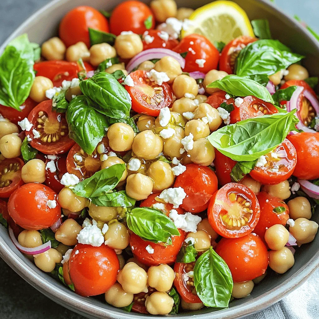 - Chickpeas (canned or cooked) - Fresh basil leaves - Cherry tomatoes - Red onion - Feta cheese (optional) - Olive oil and lemon juice for dressing - Additional vegetables (e.g., cucumber, bell pepper) - Spices and herbs (e.g., oregano, cumin) What are the nutritional benefits of chickpeas, tomatoes, and basil? Chickpeas pack a high protein punch. Just one cup gives you about 15 grams of protein. This makes them great for muscle health and energy. They also have fiber, which aids digestion. Tomatoes are rich in vitamins. They offer vitamin C and vitamin K. These vitamins help keep your skin healthy and your bones strong. They also contain antioxidants, which fight free radicals in your body. Basil adds flavor and health benefits too. It has anti-inflammatory properties and can help with digestion. Plus, it tastes great! With this mix of ingredients, this salad is not just tasty; it’s also good for you. For the full recipe, check out the details above! 1. Start by gathering your salad ingredients. You will need chickpeas, cherry tomatoes, basil, red onion, and feta cheese if you want. 2. In a big bowl, combine the rinsed chickpeas, halved cherry tomatoes, torn basil, and chopped red onion. Mix them gently. 3. If you like feta, sprinkle it over the mix for added flavor. 4. Now, let’s make the dressing. In a small bowl, whisk together olive oil, lemon juice, garlic powder, salt, and pepper. Ensure it is smooth. 1. Drizzle the dressing over the salad mixture. Toss everything carefully. You want even coating on all the ingredients. 2. Taste the salad. Add more salt or pepper if you want it bolder. 3. Let the salad rest for about 10 minutes. This helps the flavors blend together. 1. For presentation, serve the salad in a large bowl or on a colorful platter. 2. Garnish it with extra basil and a sprinkle of feta on top. This makes it look bright and fresh. 3. You can serve this salad chilled or at room temperature. Enjoy your delightful dish! For the full recipe, check out the details provided above. Selecting the best chickpeas (canned vs. dried): I recommend using canned chickpeas for this salad. They are quick and easy. Just rinse and drain them. If you prefer dried chickpeas, soak them overnight and cook until soft. Both options are tasty and packed with protein. Choosing ripe tomatoes for optimal flavor: Look for tomatoes that are firm but slightly soft to the touch. They should have a rich color and a sweet smell. Using fresh, ripe tomatoes makes your salad burst with flavor. Alternative dressings to complement the salad: You can try different dressings to mix things up. A balsamic vinaigrette adds a nice tang. For a spicy kick, mix in some sriracha or chili flakes. You can also use yogurt for a creamy, cool option. Tips for spicing up the base dressing: To enhance the simple olive oil and lemon dressing, add fresh herbs like dill or parsley. A dash of mustard can also give it a zesty twist. Don't be afraid to experiment to find your favorite flavor. Adding various proteins for a heartier salad: Want to make this salad even heartier? Add grilled chicken, shrimp, or even hard-boiled eggs. Each option boosts protein and makes the meal more filling. Suggestions for making it a complete meal: To transform this salad into a full meal, serve it with whole-grain pita or quinoa. Adding these sides brings in more nutrients and keeps you satisfied longer. Check out the [Full Recipe] for all the delicious details. {{image_4}} For those following vegan or vegetarian diets, this salad shines. You can skip the feta cheese. The salad remains delicious and protein-rich thanks to chickpeas. If you want a creamy texture, try avocado instead. If you need a gluten-free option, you’re in luck! All the ingredients here are naturally gluten-free. Enjoy it without worry. Seasons change, and so can your salad! In summer, use juicy heirloom tomatoes for sweetness. Add cucumber for crunch. In winter, try roasted vegetables like sweet potatoes. They add warmth and heartiness. For festive ideas, dress it up for holidays. In winter, add pomegranate seeds for color and a burst of flavor. In summer, serve it with grilled chicken or fish for a light meal. Let’s explore flavors from around the world! You can add herbs like cilantro or mint for a fresh twist. A sprinkle of cumin adds warmth and depth. If you love Mediterranean tastes, mix in olives or artichokes. For an Asian flair, toss in sesame oil and ginger. The options are endless! Each twist makes this classic salad unique and fun to enjoy. Remember, you can find the full recipe for this delightful salad above. Store your High Protein Chickpea, Basil & Tomato Salad in the fridge, not at room temperature. The cool temperature keeps the salad fresh. Use an airtight container for the best results. Glass containers work great, but plastic ones are fine too. Just make sure they are sealed well to keep the air out. Your salad will stay fresh for about 3 to 5 days in the fridge. Check for signs of spoilage like a sour smell or slimy texture. If the tomatoes look mushy or the basil turns brown, it is time to toss the salad. Always trust your senses; they will guide you. If your salad wilts, refresh it by adding more dressing or a splash of lemon juice. Toss it gently to coat. You can turn leftover salad into a wrap or a sandwich filling. Just scoop it onto bread or a tortilla and enjoy a new meal. Your creativity can make leftovers exciting again! For the complete recipe, check out [Full Recipe]. How many servings does this recipe make? This recipe makes four servings. It’s perfect for a light meal or side dish. Can I prepare this salad in advance? Yes, you can prepare this salad ahead of time. Just store it in the fridge. What is the protein content per serving? Each serving contains about 12 grams of protein. Chickpeas provide a great protein boost. Are there alternatives for low-sodium diets? Yes, you can use low-sodium chickpeas. You can also skip added salt in the dressing. Can I use dried chickpeas instead of canned ones? Yes, you can use dried chickpeas. Just cook and rinse them fully before use. What can I add to make it more filling? You can add quinoa, cooked grains, or even grilled chicken for extra protein and fiber. For more details on how to make this salad, check out the Full Recipe! This blog post covered how to make a tasty chickpea salad. We explored essential and optional ingredients that can boost flavor and nutrition. I shared steps for preparation, mixing, and serving. You also learned tips for ingredient selection and variations to suit any diet or season. You can easily adapt this salad to your taste and needs. Whether for a simple meal or a festive gathering, this dish shines. Enjoy the health benefits and fresh flavors. Your salad experience can be as creative as you want it to be!
