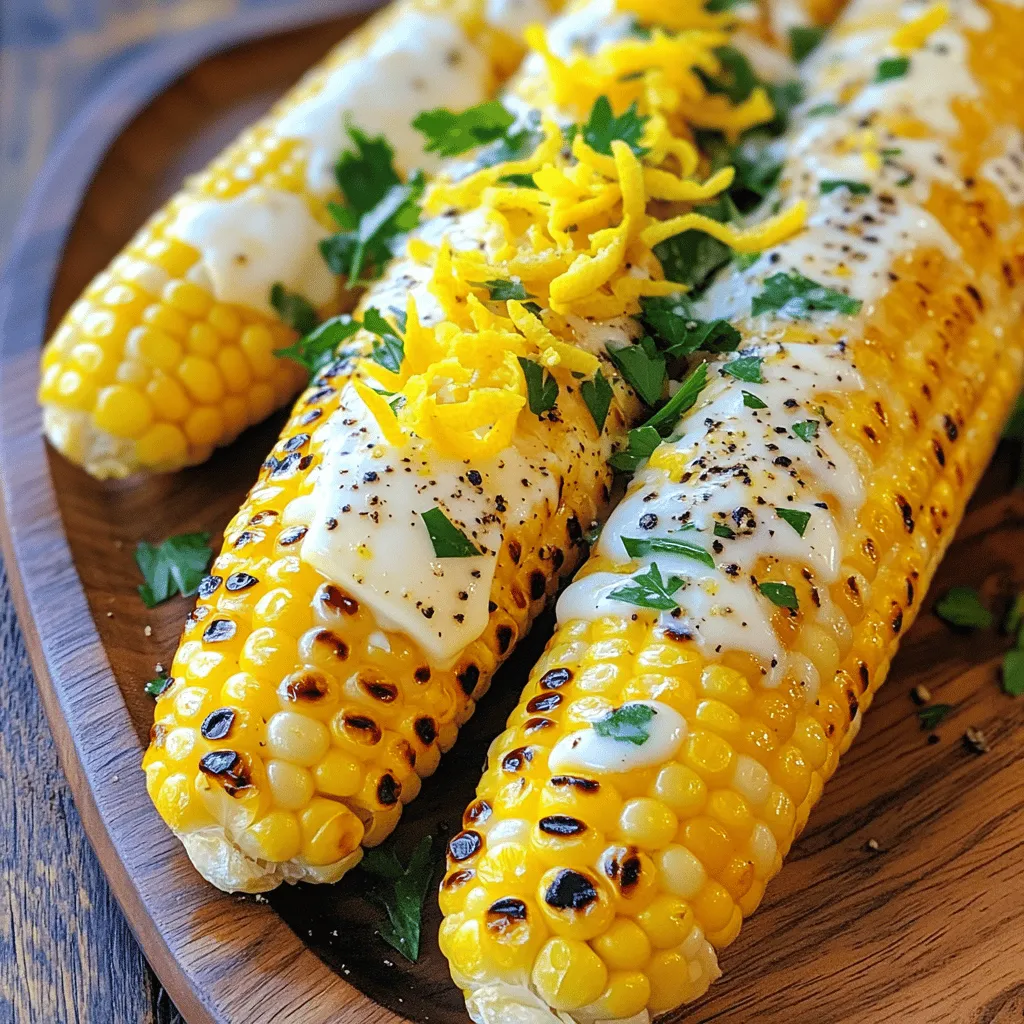 - Fresh sweet corn - Unsalted butter - Freshly squeezed lemon juice - Lemon zest - Freshly cracked black pepper - Garlic powder - Salt - Fresh parsley (for garnish) To make lemon pepper corn on the cob, gather these fresh ingredients. You want the best sweet corn you can find. Fresh corn adds great flavor. For the butter, use unsalted. This way, you control the salt level. Next, squeeze the juice from a lemon. This gives the corn a bright, zesty taste. The lemon zest adds even more lemon flavor. Freshly cracked black pepper provides a nice kick. Garlic powder adds depth to the taste. Don't forget the salt; it enhances all the flavors. Finally, fresh parsley gives a pop of color on top. With these ingredients ready, you're set to create a delicious grilled snack. For the complete cooking process, check out the Full Recipe. Start by husking the corn. Pull down the green outer leaves and remove them. Make sure to take off all the silk strands. This will help your corn cook well. Rinse each ear of corn under cool water. This removes any dirt. Pat the corn dry with a clean kitchen towel. This step is key for grilling. In a medium bowl, add melted butter, lemon juice, and lemon zest. Toss in black pepper and garlic powder. Add a pinch of salt. Whisk this mixture until it's smooth. Blending these flavors helps create a tasty coating. This lemon pepper butter will make the corn burst with flavor. Preheat your grill to medium-high heat, around 400°F. If you do not have a grill, you can boil the corn in salted water for 5-7 minutes. Place the corn directly on the grill grates. Use a pastry brush to coat each ear with the lemon butter mixture. Be generous for the best taste. Grill the corn for 10-12 minutes. Turn them every few minutes to cook evenly. Basting with the lemon butter every few minutes adds flavor and keeps the corn moist. When the corn is tender and has nice grill marks, take it off the grill. Drizzle any leftover lemon butter over the corn for more flavor. Finally, sprinkle chopped parsley on top for color and freshness. For the complete experience, check out the Full Recipe. Grilling corn gives it a smoky flavor. If you don’t have a grill, you can boil the corn. Boil each ear for 5-7 minutes in salted water. You can also use a grill pan on the stove. For great grill marks, preheat your grill to medium-high heat. To achieve the best grill marks, turn the corn every 2-3 minutes. This keeps it from burning and helps it cook evenly. Look for nice charred lines to know it’s ready. To boost the taste, try adding spices like paprika or chili powder. You can also mix in some cumin for a warm, earthy note. If you want something creamy, use different types of butter. Garlic butter or herb butter can add a special twist. When making your lemon butter, adjust the flavors to your liking. A bit more lemon juice can brighten the taste. You can even add a pinch of sugar to balance the flavors. Serving is just as important as cooking. Place the corn on a wooden board or a colorful plate. You can cut the corn into smaller pieces for easy eating. Drizzle with extra lemon butter for a shiny finish. For garnishing, sprinkle fresh parsley on top. It gives the dish a pop of color and a fresh taste. You can also use lime wedges on the side for an extra zing. For the full recipe, check out the Zesty Lemon Pepper Corn on the Cob. {{image_4}} You can switch up the flavor of your lemon pepper corn with simple changes. - Spicy lemon pepper version: Add chili powder or cayenne pepper to the lemon butter mix for heat. This twist gives your corn a zesty kick that will excite your taste buds. - Mediterranean twist with herbs: Mix in dried oregano and thyme for a fresh herb flavor. This will add a nice aroma and taste that enhances the corn's sweetness without overpowering it. Grilling corn is a great chance to cook other vegetables too. - Other vegetables to grill alongside corn: Try bell peppers, zucchini, or asparagus. These veggies grill well and share similar cooking times, making your meal colorful and delicious. - Ideas for corn on the cob variations: You can slice the corn off the cob after grilling and mix it with diced tomatoes and cucumbers for a fresh salad. This adds nice texture and flavor. Pairing your lemon pepper corn with other dishes can make any meal special. - Complementary dishes to serve with lemon pepper corn: Grilled chicken or fish works wonderfully. The bright flavors of the corn balance well with savory meats. - Meal pairings for special occasions: Serve this corn at barbecues or summer picnics. It brings a festive touch to gatherings, and everyone will enjoy the fresh taste. For the full recipe, check the details above! To keep leftover corn fresh, wrap each ear in plastic wrap. This helps seal in moisture. Place the wrapped corn in the fridge. Use it within three days for the best taste. If you want to keep the flavor, avoid soaking it in water before storing. To reheat grilled corn, you have a few options. You can use the microwave or grill. For the microwave, place the corn on a plate, cover it with a damp paper towel, and heat for 1-2 minutes. If using the grill, preheat it and grill for a few minutes. Keep an eye on it to prevent drying out. Basting with a little butter can help keep it juicy. Freezing lemon pepper corn is easy. Start by cutting the kernels off the cob or freeze them whole. Wrap the corn tightly in freezer bags or foil. Remove as much air as possible to prevent freezer burn. For best taste, use it within six months. When ready to use, thaw it in the fridge overnight before cooking. To make Lemon Pepper Corn on the Cob, follow these easy steps: 1. Start by husking 4 ears of fresh sweet corn. Remove all silk strands completely. 2. Rinse each ear under cool water and pat dry with a kitchen towel. 3. In a bowl, mix 1/4 cup melted unsalted butter, 2 tablespoons of lemon juice, 1 teaspoon lemon zest, 1 teaspoon black pepper, and 1 teaspoon garlic powder. Add a pinch of salt and stir until well combined. 4. Preheat your grill to medium-high heat, around 400°F. 5. Place the corn on the grill and brush it with the lemon butter mixture. 6. Grill for 10-12 minutes, turning often. Baste with the butter mix every few minutes. 7. When tender, remove from the grill, drizzle with remaining butter, and sprinkle with fresh parsley. You can use frozen corn, but fresh corn is better. Fresh corn has more flavor and texture. Frozen corn may cook faster but will lack the sweet crunch. If using frozen, thaw it first and adjust cooking time to avoid mushiness. If you need a lemon juice substitute, try lime juice or vinegar. Lime juice gives a nice tang. You can also use orange juice for a sweeter taste. Just keep in mind that it will change the flavor a bit. Grilling corn takes about 10-12 minutes. Turn the corn every few minutes to cook evenly. Pay attention to the color and grill marks. When tender, it’s ready to serve and enjoy! Lemon Pepper Corn on the Cob brings great flavor and joy. We reviewed the key ingredients and steps. I shared cooking techniques, seasoning options, and creative ways to serve. Remember, grilled corn is versatile and fun. Try new spices and pair with your favorite dishes. Store leftovers properly to enjoy later. Now, you're ready to impress at your next meal. Embrace this tasty, easy recipe any time!
