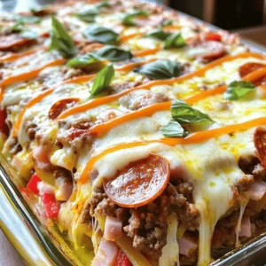 - 1 lb ground beef - 1 lb Italian sausage, casings removed - 1 cup pepperoni slices - 1 cup diced ham - 1 red bell pepper, diced - 1 medium onion, diced - 3 cups marinara sauce - 12 oz pasta (cavatappi or penne) - 2 cups shredded mozzarella cheese - 1 cup shredded cheddar cheese - 1 tablespoon Italian seasoning - Salt and pepper to taste - Olive oil for sautéing To create a hearty Meat Lovers Pizza Casserole, you need key ingredients. Start with meats like ground beef, Italian sausage, pepperoni, and ham. These add rich flavors and textures. Fresh veggies like red bell pepper and onion bring color and crunch. Marinara sauce serves as the base, binding everything together with its savory taste. Choose pasta, like cavatappi or penne, to hold the sauce well. The melted mozzarella and cheddar cheeses create a gooey, cheesy topping that everyone loves. Italian seasoning adds depth, while salt and pepper enhance all the flavors. Olive oil is crucial for sautéing your veggies and meats. Each ingredient plays a role in making this dish both tasty and filling. For the full recipe, check out the details in the [Full Recipe]. - Set your oven to 375°F (190°C). - Cook and drain the pasta. Start by preheating your oven. This step is crucial for cooking the casserole evenly. Next, boil water for your pasta. Cook it until it's firm but not too soft. Drain it well and set it aside. - Brown ground beef and Italian sausage. - Add diced onion and bell pepper. In a large skillet, heat a splash of olive oil. Add your ground beef and Italian sausage. Break them up with a spoon as they cook. You want them brown and cooked through. After about 5 minutes, toss in the diced onion and bell pepper. Cook these until they soften and smell great. - Mix in pepperoni, ham, and marinara sauce. - Combine with pasta and layer cheeses. - Bake for 25-30 minutes. Add the pepperoni and diced ham to the skillet. Stir for a minute, then pour in the marinara sauce. Mix it all well and let it simmer for 5 minutes. In a big bowl, combine the meat sauce with the cooked pasta. Stir in half of the mozzarella and cheddar. Pour this mixture into a greased baking dish. Top it with the rest of the cheese. Bake for 25-30 minutes. You will know it’s done when the cheese is melted and bubbly. For the full recipe, check out the details above. Enjoy making this hearty meal! To make your casserole shine, choose high-quality meat and cheese. This choice adds rich flavor and makes every bite enjoyable. Also, avoid overcooking your pasta. If you cook it too long, it may turn mushy. Aim for al dente; this texture holds up better in the casserole. Make your dish visually appealing. Garnish each serving with fresh herbs like basil or parsley. This adds a pop of color and freshness. Before serving, drizzle a little olive oil on top. It enhances the flavor and gives a nice shine. Pair your casserole with a side salad or some garlic bread. This adds crunch and freshness to your meal. For drinks, consider a robust red wine. It complements the rich flavors of the casserole. Enjoy your hearty dish! {{image_4}} You can switch things up by using turkey or chicken. These meats are lighter but still tasty. If you want a fun twist, add bacon. Bacon brings a nice crispy flavor to the casserole. For those who prefer no meat, try plant-based sausage. It gives you the same great taste without the meat. You can also add veggies like mushrooms or spinach. They add nutrition and flavor to your dish. If you like heat, add crushed red pepper flakes. They give your casserole a spicy kick. You can also use spicy marinara sauce. This makes the dish even more exciting. After you enjoy your casserole, let it cool down first. This step is key to keeping it fresh. Place the leftover casserole in an airtight container. This helps prevent moisture loss and keeps flavors intact. When you want to enjoy it again, the oven is the best choice. Preheat your oven to about 350°F (175°C). Put the casserole in a baking dish and cover it with foil. Heat for about 20 minutes. This keeps the texture nice and cheesy. If you're in a hurry, the microwave works too. Just place a portion on a plate and heat for 1-2 minutes. If you want to save some for later, freezing is a great option. You can freeze individual portions for easy meals. Use freezer-safe containers or bags to store them. When you’re ready to eat, thaw overnight in the fridge. This makes it easier to bake later. Then, simply reheat it in the oven for a warm, hearty meal. Yes, you can prepare the casserole and refrigerate it before baking. This saves time on busy days. When you are ready, just pop it in the oven. It will taste fresh and delicious. If cooking from frozen, it takes about 40-50 minutes. Just make sure to cover it with foil for the first half. This helps it heat evenly. After that, remove the foil to brown the top. Absolutely! Gluten-free pasta works well in this recipe. It holds up nicely with all the meats and sauce. Just follow the package directions for cooking time. You can serve salads, garlic bread, or roasted vegetables. These sides balance the rich flavors of the casserole. They add freshness and crunch to your meal. This Meat Lovers Pizza Casserole is a tasty, hearty dish. You learned about essential ingredients and step-by-step instructions to make it. Tips for perfect cooking and presentation help elevate your meal. Don’t forget the fun variations! You can make it your own. Store leftovers properly and enjoy easy meals later. This casserole is perfect for any gathering or cozy night in. Try it today and impress your guests!