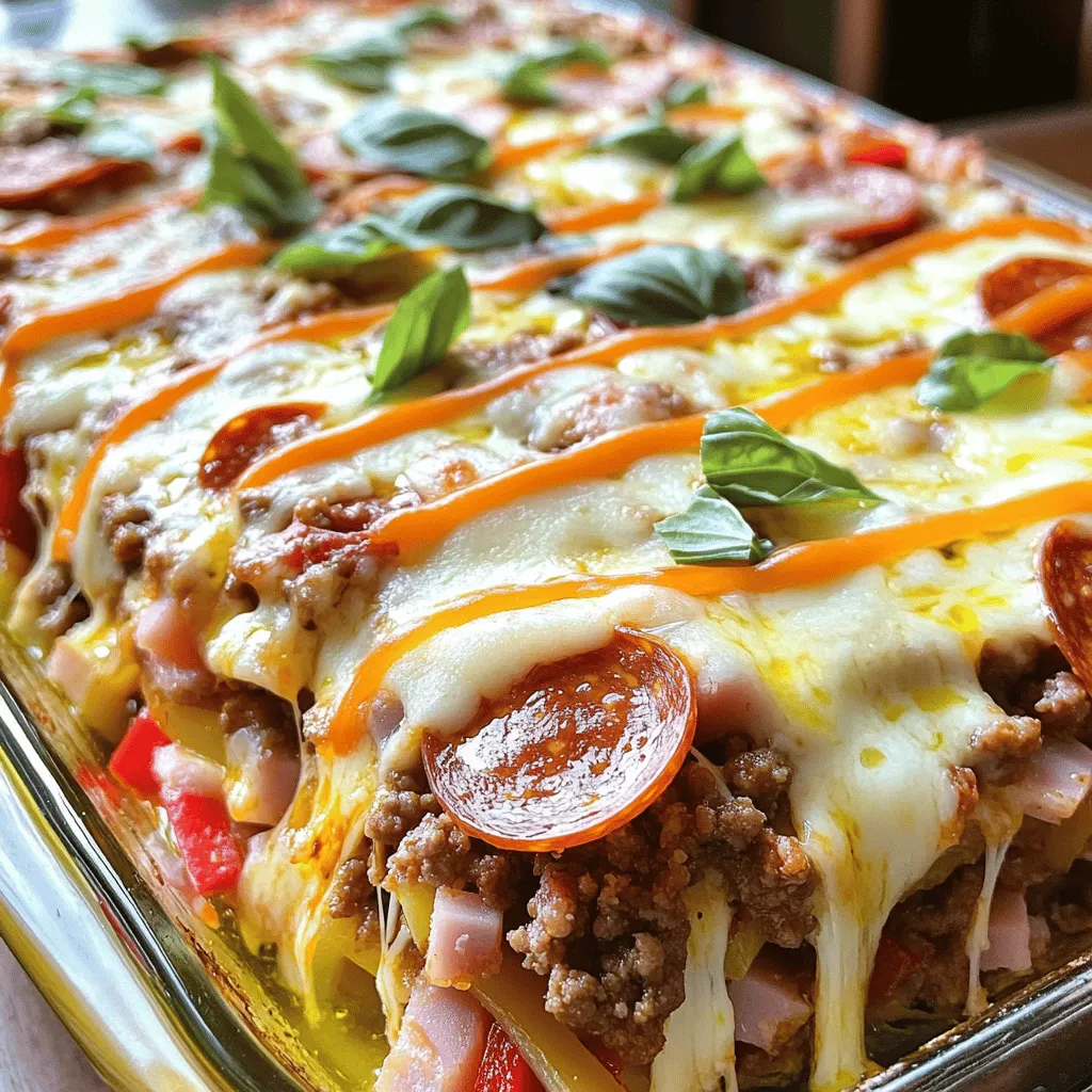 - 1 lb ground beef - 1 lb Italian sausage, casings removed - 1 cup pepperoni slices - 1 cup diced ham - 1 red bell pepper, diced - 1 medium onion, diced - 3 cups marinara sauce - 12 oz pasta (cavatappi or penne) - 2 cups shredded mozzarella cheese - 1 cup shredded cheddar cheese - 1 tablespoon Italian seasoning - Salt and pepper to taste - Olive oil for sautéing To create a hearty Meat Lovers Pizza Casserole, you need key ingredients. Start with meats like ground beef, Italian sausage, pepperoni, and ham. These add rich flavors and textures. Fresh veggies like red bell pepper and onion bring color and crunch. Marinara sauce serves as the base, binding everything together with its savory taste. Choose pasta, like cavatappi or penne, to hold the sauce well. The melted mozzarella and cheddar cheeses create a gooey, cheesy topping that everyone loves. Italian seasoning adds depth, while salt and pepper enhance all the flavors. Olive oil is crucial for sautéing your veggies and meats. Each ingredient plays a role in making this dish both tasty and filling. For the full recipe, check out the details in the [Full Recipe]. - Set your oven to 375°F (190°C). - Cook and drain the pasta. Start by preheating your oven. This step is crucial for cooking the casserole evenly. Next, boil water for your pasta. Cook it until it's firm but not too soft. Drain it well and set it aside. - Brown ground beef and Italian sausage. - Add diced onion and bell pepper. In a large skillet, heat a splash of olive oil. Add your ground beef and Italian sausage. Break them up with a spoon as they cook. You want them brown and cooked through. After about 5 minutes, toss in the diced onion and bell pepper. Cook these until they soften and smell great. - Mix in pepperoni, ham, and marinara sauce. - Combine with pasta and layer cheeses. - Bake for 25-30 minutes. Add the pepperoni and diced ham to the skillet. Stir for a minute, then pour in the marinara sauce. Mix it all well and let it simmer for 5 minutes. In a big bowl, combine the meat sauce with the cooked pasta. Stir in half of the mozzarella and cheddar. Pour this mixture into a greased baking dish. Top it with the rest of the cheese. Bake for 25-30 minutes. You will know it’s done when the cheese is melted and bubbly. For the full recipe, check out the details above. Enjoy making this hearty meal! To make your casserole shine, choose high-quality meat and cheese. This choice adds rich flavor and makes every bite enjoyable. Also, avoid overcooking your pasta. If you cook it too long, it may turn mushy. Aim for al dente; this texture holds up better in the casserole. Make your dish visually appealing. Garnish each serving with fresh herbs like basil or parsley. This adds a pop of color and freshness. Before serving, drizzle a little olive oil on top. It enhances the flavor and gives a nice shine. Pair your casserole with a side salad or some garlic bread. This adds crunch and freshness to your meal. For drinks, consider a robust red wine. It complements the rich flavors of the casserole. Enjoy your hearty dish! {{image_4}} You can switch things up by using turkey or chicken. These meats are lighter but still tasty. If you want a fun twist, add bacon. Bacon brings a nice crispy flavor to the casserole. For those who prefer no meat, try plant-based sausage. It gives you the same great taste without the meat. You can also add veggies like mushrooms or spinach. They add nutrition and flavor to your dish. If you like heat, add crushed red pepper flakes. They give your casserole a spicy kick. You can also use spicy marinara sauce. This makes the dish even more exciting. After you enjoy your casserole, let it cool down first. This step is key to keeping it fresh. Place the leftover casserole in an airtight container. This helps prevent moisture loss and keeps flavors intact. When you want to enjoy it again, the oven is the best choice. Preheat your oven to about 350°F (175°C). Put the casserole in a baking dish and cover it with foil. Heat for about 20 minutes. This keeps the texture nice and cheesy. If you're in a hurry, the microwave works too. Just place a portion on a plate and heat for 1-2 minutes. If you want to save some for later, freezing is a great option. You can freeze individual portions for easy meals. Use freezer-safe containers or bags to store them. When you’re ready to eat, thaw overnight in the fridge. This makes it easier to bake later. Then, simply reheat it in the oven for a warm, hearty meal. Yes, you can prepare the casserole and refrigerate it before baking. This saves time on busy days. When you are ready, just pop it in the oven. It will taste fresh and delicious. If cooking from frozen, it takes about 40-50 minutes. Just make sure to cover it with foil for the first half. This helps it heat evenly. After that, remove the foil to brown the top. Absolutely! Gluten-free pasta works well in this recipe. It holds up nicely with all the meats and sauce. Just follow the package directions for cooking time. You can serve salads, garlic bread, or roasted vegetables. These sides balance the rich flavors of the casserole. They add freshness and crunch to your meal. This Meat Lovers Pizza Casserole is a tasty, hearty dish. You learned about essential ingredients and step-by-step instructions to make it. Tips for perfect cooking and presentation help elevate your meal. Don’t forget the fun variations! You can make it your own. Store leftovers properly and enjoy easy meals later. This casserole is perfect for any gathering or cozy night in. Try it today and impress your guests!