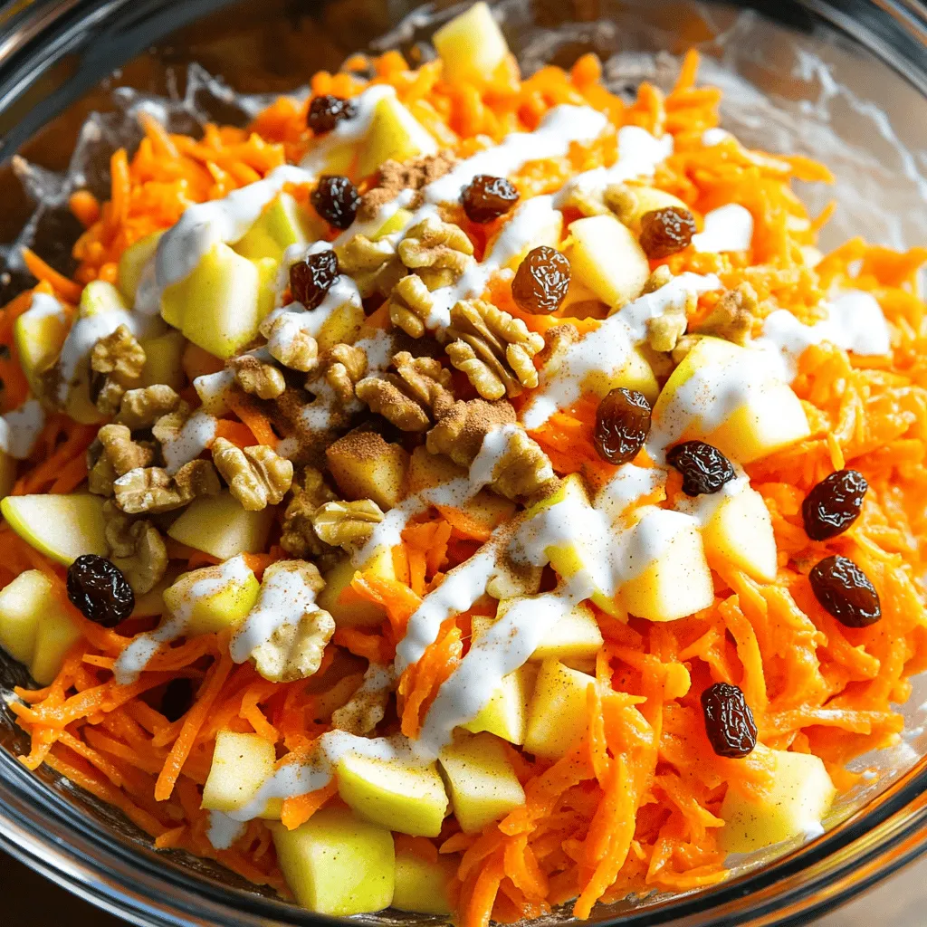 - 2 large carrots - 1 large sweet apple (e.g., Honeycrisp or Fuji) - 1/2 cup raisins or dried cranberries - 1/4 cup walnuts - 1/4 cup Greek yogurt or dairy-free alternative - 1 tablespoon honey or maple syrup - 1 tablespoon fresh lemon juice - 1 teaspoon ground cinnamon - Salt to taste - Extra chopped walnuts - Ground cinnamon for dusting The main ingredients in this salad make it vibrant and full of flavor. The carrots add a crunchy texture, while the sweet apple brings a nice balance. I love using Honeycrisp or Fuji apples. They are sweet, juicy, and perfect for this dish. Raisins or dried cranberries add a chewy sweetness. They pair well with the crunch of walnuts, which provide healthy fats. The walnuts also give a nutty flavor that enhances the salad. For the dressing, Greek yogurt gives creaminess. You can use a dairy-free option if needed. Honey or maple syrup adds natural sweetness. Fresh lemon juice brightens the flavors and makes the salad refreshing. Ground cinnamon adds warmth and spice, making it even more enjoyable. I like to sprinkle extra walnuts and a little cinnamon on top for a nice finish. This salad is full of flavor and good for you, too! For the full recipe, check out the Crunchy Carrot Apple Delight. - Grate the carrots and dice the apple. - Combine the grated carrots and diced apple in a large mixing bowl. Start by grating two large carrots. Use a box grater or food processor for speed. Next, take one large sweet apple, like a Honeycrisp or Fuji. Core and dice it into small pieces. These steps are simple but key to a tasty salad. - Stir in raisins or dried cranberries and chopped walnuts. Now, add in 1/2 cup of raisins or dried cranberries. These give the salad a sweet touch. Then, toss in 1/4 cup of roughly chopped walnuts. This adds a nice crunch and nutty flavor. Mixing these ingredients helps create layers of taste. - Whisk together yogurt, honey (or maple syrup), lemon juice, cinnamon, and salt. In a small bowl, whisk together 1/4 cup of Greek yogurt. You can also use a dairy-free option if you prefer. Add in 1 tablespoon of honey or maple syrup. This brings natural sweetness. Then, mix in 1 tablespoon of fresh lemon juice and 1 teaspoon of ground cinnamon. A pinch of salt will enhance the flavors too. Whisk until smooth and creamy. - Pour the dressing over the carrot and apple mixture. - Toss ingredients until well-coated. Once your dressing is ready, pour it over the carrot and apple mix. Use a spatula or wooden spoon to toss everything together. Make sure every piece is coated in the creamy dressing. This helps the flavors blend well. - Allow the salad to sit for 10 minutes at room temperature. Letting the salad sit for 10 minutes allows the flavors to meld beautifully. This small step makes a big difference in taste. You will enjoy a fresher, more vibrant salad. For the full recipe, check out the Crunchy Carrot Apple Delight. - Choose firm apples to prevent sogginess. Firm apples stay crisp and add crunch. - Grate carrots just before use for maximum freshness. Freshly grated carrots taste better. - Experiment with spices like nutmeg or ginger. These spices add warmth and depth. - Add a pinch of black pepper for a kick. This small touch can elevate the flavors. - Use clear serving dishes to showcase the salad's colors. Bright colors draw the eye and make it appealing. - Garnish with a sprinkle of extra nuts or herbs. It adds texture and a pop of flavor. For the full recipe, see the section above. {{image_4}} You can easily change the nuts in this salad. If you want a different flavor, try pecans or almonds instead of walnuts. Both nuts add a nice crunch and unique taste. Pecans are sweeter, while almonds give a slight almond flavor. You can even mix them for a fun twist! To make the salad even more exciting, think about adding other fruits. Diced celery or pears can give extra crunch. They also add a fresh taste that pairs well with carrots and apples. If you want a burst of flavor, try adding citrus segments. Oranges or grapefruits can brighten the salad and add zest. The dressing can change the whole vibe of the salad. For a simple yet tasty option, try a vinaigrette with olive oil and apple cider vinegar. This mix is light and tangy. If you prefer something creamy, use tahini. It gives a nutty flavor and smooth texture that blends beautifully with the salad. For the full recipe, you can check the Crunchy Carrot Apple Delight. Store your carrot apple salad in an airtight container in the refrigerator. This keeps it fresh and crisp. Make sure the lid seals tightly to avoid air exposure. Consume your salad within 3 days for optimal freshness. After that, the flavors may fade, and the texture could change. Always check for any signs of spoilage before eating. You can prep the ingredients ahead of time. Grate the carrots and dice the apple early in the day. However, mix everything just before serving. This way, the salad stays crunchy and tasty. For the full recipe, check out the Crunchy Carrot Apple Delight. Yes, but it's best to add dressing right before serving for optimal texture. If you prepare the salad earlier, the carrots and apples may lose their crunch. Keep the salad fresh by storing the mix and dressing separately. When ready to eat, combine them for a crisp bite. Yes, it’s rich in vitamins from the carrots and apples and has healthy fats from walnuts. Carrots are high in beta-carotene, which helps your eyes. Apples provide fiber and antioxidants. Walnuts add omega-3 fatty acids, good for heart health. Together, they create a balanced and nutritious dish. Absolutely! Experiment with various fruits, such as berries or dried fruits. Berries like blueberries or strawberries add a nice pop of color and flavor. Dried fruits, like apricots or figs, offer a sweet twist. Mixing fruits keeps the salad exciting and fun. You can create your own version every time! Carrot apple salad is a tasty and healthy dish. You need simple main ingredients like carrots, sweet apples, and walnuts. Adding a zesty dressing makes it even better. Remember to store leftovers correctly to keep them fresh. Try different nuts and fruits to find your favorite mix. This salad is easy to make and fun to customize. Enjoy creating your version of this bright, vibrant dish!