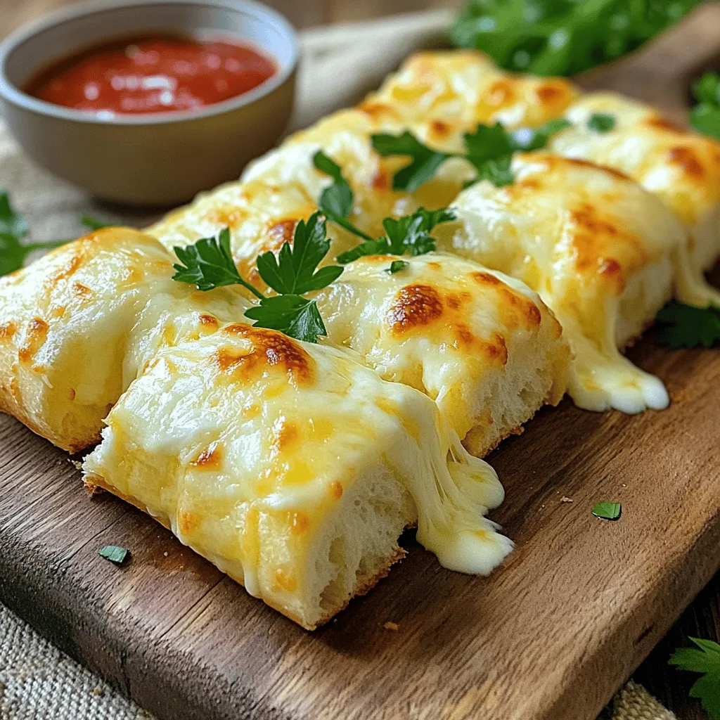 To make delicious cheese breadsticks, you need a few key ingredients. Here’s a list for you: - 2 cups all-purpose flour - 1 tablespoon granulated sugar - 1 teaspoon salt - 2 teaspoons baking powder - 1 cup shredded mozzarella cheese - 1/2 cup milk (preferably whole) - 1/4 cup unsalted butter, melted (plus extra for brushing) - 2 teaspoons garlic powder - 1 tablespoon fresh parsley, finely chopped (optional, for garnish) These ingredients work together to create a soft and cheesy breadstick. The flour gives the dough structure, while the cheese adds that creamy flavor we all love. You can add a few optional ingredients to make your breadsticks even better. Consider these: - Different types of cheese like cheddar or parmesan for varied taste. - Fresh herbs like rosemary or thyme to add a fragrant note. - Spices such as paprika or chili flakes for a hint of heat. Using these extras can really elevate your cheese breadsticks. Feel free to mix and match based on what you have at home. Using good-quality ingredients matters. Here are some tips: - Choose fresh mozzarella, as it melts beautifully and tastes great. - Use whole milk for a richer flavor and a softer texture. - Opt for unsalted butter to control the salt level in your dough. When you select quality ingredients, your cheese breadsticks will taste fantastic. Always remember, fresh is best! For the full recipe, check out the detailed steps to create these tasty snacks. First, gather your ingredients for the dough. You need all-purpose flour, sugar, salt, baking powder, shredded mozzarella, milk, and melted butter. 1. Preheat your oven to 375°F (190°C). 2. Line a baking sheet with parchment paper to prevent sticking. 3. In a large bowl, whisk together the flour, sugar, salt, and baking powder. Make sure there are no lumps. 4. Next, fold in the shredded mozzarella cheese. Ensure it's mixed well with the dry ingredients. 5. In a separate bowl, combine the milk and melted butter. Whisk until they blend together. 6. Pour this wet mixture into the dry ingredients. Mix with a wooden spoon or spatula until a soft dough forms. 7. Transfer the dough to a floured surface. Knead gently for about one minute until it feels smooth. Now it’s time to shape the dough into breadsticks. 1. Roll the dough into a rectangle about 1/2 inch thick. 2. Use a sharp knife or pizza cutter to cut the dough into strips. Aim for strips that are about 1 inch wide and 4 inches long. 3. Arrange the strips on the prepared baking sheet. Leave space between each stick for rising. Baking is where the magic happens. 1. In a small bowl, mix garlic powder with a tablespoon of melted butter. 2. Use a pastry brush to apply this garlic butter over the tops of the breadsticks. 3. Place the baking sheet in the oven and bake for 15-18 minutes. Look for golden edges and a slightly crispy top. 4. Once baked, let the breadsticks cool for a few minutes. You can sprinkle chopped parsley on top for a fresh touch if you like. 5. Serve warm, ideally with marinara sauce for dipping. Enjoy your delicious cheese breadsticks! Make sure to check the full recipe for more details and insights on making these tasty snacks! To get soft and chewy breadsticks, use the right mix of flour. All-purpose flour works best. Don't over-knead the dough. Knead just until smooth. This keeps the breadsticks light. Also, let the dough rest for a few minutes. This helps it rise better. Brush the sticks with melted butter right before baking for a nice finish. One common mistake is adding too much flour. This can make the dough dry. Always measure flour carefully. Another mistake is not letting the dough rise. Rising gives the breadsticks their fluffy texture. Lastly, don't skip the garlic butter. It adds a lot of flavor. Use the Full Recipe to guide you through each step. For extra flavor, try adding herbs. A bit of dried oregano or thyme can make a big difference. You can also mix in some grated Parmesan cheese. It adds a nice salty kick. For a spicy twist, add red pepper flakes to the garlic butter. This gives your breadsticks a fun zing! {{image_4}} You can mix things up by using different types of cheese. While mozzarella is a favorite, try cheddar for a sharp taste. If you like blue cheese, it adds a bold flavor. Mix in some parmesan for a nutty twist. Each cheese will change the taste and texture. You can blend cheeses for a fun, unique treat. Just remember, different cheeses melt in different ways. Adding herbs and spices can enhance the flavor. Fresh herbs like rosemary or thyme give a fragrant touch. Dried herbs like oregano or basil work well, too. For a kick, sprinkle in some red pepper flakes. Garlic powder adds a savory punch. You can even mix in some Italian seasoning for a classic taste. Be creative with your choices to find your favorite mix. Stuffed cheese breadsticks are a fun variation. You can fill them with cheese or other tasty fillings. Try adding pepperoni, cooked spinach, or roasted peppers. To stuff them, roll out the dough flat, place your filling, and fold it over. Pinch the edges to seal, then cut into strips. Bake as usual for a cheesy surprise inside. These stuffed sticks are perfect for a snack or appetizer. For the full recipe, check out Cheesy Garlic Pull-Apart Breadsticks. To keep your cheese breadsticks fresh, store them in an airtight container. Place parchment paper between layers to prevent sticking. You can keep them at room temperature for one day. For longer storage, move them to the fridge. They will stay good for up to three days. When you're ready to enjoy leftovers, preheat your oven to 350°F (175°C). Place the breadsticks on a baking sheet. Bake for about 5-7 minutes until warm. This method helps maintain their soft texture. If you want to freeze cheese breadsticks, let them cool completely first. Wrap each stick in plastic wrap, then place them in a freezer bag. They can last for up to three months in the freezer. When you're ready to eat, thaw them in the fridge overnight. Reheat as mentioned above for the best taste. After trying the Full Recipe, you’ll have many delicious breadsticks to enjoy later! I recommend using mozzarella cheese. It melts well and gives a nice stretch. You can also mix in some cheddar for a sharper taste. Other good choices include provolone or gouda. These cheeses add flavor and richness to your breadsticks. Yes, you can use gluten-free flour. Just ensure it's a 1:1 substitute for all-purpose flour. This swap keeps the texture light. You may need to adjust the liquid slightly, so watch the dough's consistency. It should remain soft and pliable. Look for golden brown edges and a slightly crispy top. The breadsticks should feel firm but soft inside. If you poke them lightly, they should spring back. The baking time is around 15-18 minutes at 375°F (190°C). Enjoy them warm for the best taste with marinara sauce. This article covered key ingredients and their importance in making cheese breadsticks. I shared step-by-step instructions to prepare, shape, and bake them perfectly. We explored tips for soft and chewy breadsticks, plus common mistakes to avoid. I highlighted fun variations and best practices for storing and reheating leftovers. Using fresh, quality ingredients matters most. Enjoy experimenting with flavors and textures. Now, you have all you need to create delicious cheese breadsticks at home!