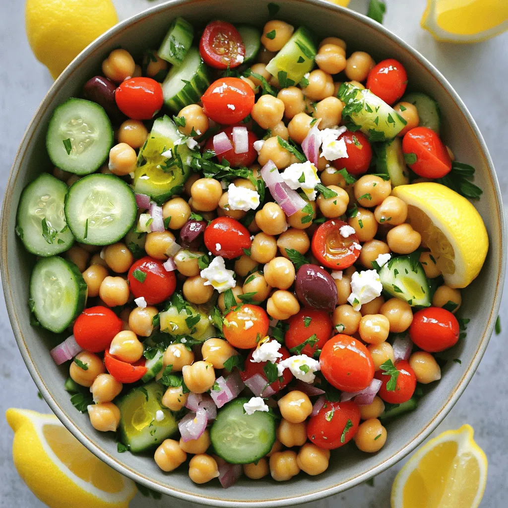 In this Mediterranean Chickpea Salad, fresh ingredients shine. Each bite bursts with flavor and color. Here’s what you need: - 1 can (15 oz) chickpeas, thoroughly rinsed and drained - 1 medium cucumber, diced into bite-sized pieces - 1 cup cherry tomatoes, halved for freshness - 1/2 red onion, finely chopped for a sweet crunch - 1 red bell pepper, diced to add color and sweetness - 1/2 cup Kalamata olives, pitted and halved to enhance the briny flavor - 1/4 cup fresh parsley, finely chopped for a burst of freshness - 1/4 cup feta cheese, crumbled (optional, for extra creaminess) - 3 tablespoons extra virgin olive oil for richness - 2 tablespoons freshly squeezed lemon juice for acidity - 1 teaspoon dried oregano to infuse Mediterranean essence - Salt and freshly cracked pepper to taste Each ingredient plays a role in this vibrant dish. The chickpeas provide protein and texture. The cucumber adds a refreshing crunch, while the tomatoes bring juiciness. Red onion and bell pepper give sweetness and color. Kalamata olives add a briny bite, making the salad unique. Fresh parsley brightens the dish, and feta cheese adds creaminess. The olive oil and lemon juice create a rich dressing that ties everything together. This recipe is simple, yet each ingredient matters. It’s a fast and healthy option for lunch or a side dish. You can find the full recipe to guide you through the steps. Enjoy the flavors of the Mediterranean with each delicious bite! Step 1: Preparing the Base Start with a large mixing bowl. Add the rinsed chickpeas. Next, toss in the diced cucumber, halved cherry tomatoes, finely chopped red onion, and diced red bell pepper. Then, mix in the halved Kalamata olives and chopped parsley. You create a colorful medley that looks inviting and fresh. Step 2: Making the Dressing In a separate small bowl, pour in the extra virgin olive oil. Add the freshly squeezed lemon juice next. Then, sprinkle in the dried oregano and a pinch of salt and pepper. Whisk everything together until it blends well. This dressing adds a zesty touch to your salad. Step 3: Combining Ingredients Drizzle the dressing over your chickpea mixture. With gentle motions, toss everything together. Make sure each ingredient gets coated in that tasty dressing. If you choose to add feta, sprinkle it on top right before you toss again. This keeps the cheese intact while blending the flavors. Step 4: Allowing Flavors to Meld Let the salad rest for at least 10 minutes. You can also refrigerate it for up to 30 minutes. This time helps all the flavors blend together. The longer you wait, the better it tastes. You will enjoy a salad full of vibrant flavors. For the full recipe with detailed instructions, check out the link provided. How to Serve and Present When serving your Mediterranean Chickpea Salad, choose a wide bowl or individual plates. This helps showcase the bright colors of the salad. For a finishing touch, sprinkle extra parsley on top. You can also add a lemon wedge for a zesty look. Presenting the salad this way makes it more inviting. Best Accompaniments for the Salad This salad pairs well with many dishes. Serve it with grilled chicken or fish for protein. You can also enjoy it with pita bread or hummus for a full meal. It makes a great side for any Mediterranean dish. Pair it with a light white wine to enhance the flavors. Nutritional Value of Chickpeas Chickpeas are packed with protein and fiber. They help keep you full and satisfied. A 15 oz can provides about 30 grams of protein. Plus, they have essential vitamins and minerals, such as iron and magnesium. This makes them a great choice for a healthy diet. Why Include Fresh Ingredients Fresh ingredients boost the salad's flavor and nutrition. Getting fresh veggies adds vitamins and antioxidants. They also make the dish colorful and appealing. Using fresh herbs like parsley gives a burst of flavor that dried herbs cannot match. Fresh lemon juice brightens the salad and adds a tangy taste. {{image_4}} You can easily change this Mediterranean chickpea salad to fit your taste. Here are some ideas: - Vegan Adaptations: To make it vegan, skip the feta cheese. You can add avocado for creaminess. Nutritional yeast works well too, adding a cheesy flavor. - Adding Protein: If you want to add protein, grilled chicken or canned tuna works great. Both options boost the salad's heartiness and keep it satisfying. Sometimes, you may not have all the ingredients. Here are some swaps you can try: - Alternatives for Feta Cheese: If you don’t have feta, use goat cheese or a dairy-free cheese. They add a similar tangy taste. - Different Olive Options: Kalamata olives add a great briny flavor. If you can’t find them, green olives or black olives are good substitutes. Each brings its own unique taste to the salad. For the full recipe, check out the Mediterranean Chickpea Salad Delight! How do you store leftovers? To keep your Mediterranean Chickpea Salad fresh, place it in an airtight container. This helps to keep out air and moisture. Always refrigerate leftovers right away. They stay crisp and tasty this way. What container should you use? Use a glass or BPA-free plastic container. Both options are safe and easy to clean. If you want to take the salad to a picnic, use a cooler bag with ice packs. This keeps it fresh and cool. When should you eat it for best freshness? Enjoy the salad within three days for the best taste. After three days, the veggies may lose their crunch. The flavors may not be as bright, either. If you see any signs of spoilage, throw it away. Always trust your nose and eyes! Can I make this salad ahead of time? Yes, you can make this salad ahead of time. It tastes even better after the flavors mix. Store it in the fridge for up to a day. Just toss it again before serving. What can I substitute for chickpeas? If you can't find chickpeas, try black beans or white beans. Both add protein and taste great. You can also use lentils for a different texture. How do I adjust the recipe for larger servings? To make more servings, just double or triple the ingredients. Keep the ratios the same. This way, everyone can enjoy a plate. Is this salad gluten-free? Yes, this salad is gluten-free! All the ingredients are safe for those who avoid gluten. Enjoy it without worry. What are the best herbs to add? For extra flavor, add fresh herbs like basil or mint. They bring a fresh taste to the salad. You could also try dill for a unique twist. Can this salad be frozen? I don't recommend freezing this salad. The fresh veggies lose their crunch and flavor when thawed. It's best enjoyed fresh. How to make it spicier? To add some heat, mix in diced jalapeños or red pepper flakes. Start with a little, then taste it. You can always add more if you like it spicier. This salad combines simple, healthy ingredients for a fresh meal. We used chickpeas, fresh veggies, and a tasty dressing. Remember, you can customize it and change ingredients to suit your taste. Make it vegan or add protein like chicken. Store leftovers well for later enjoyment. Overall, this salad is not just easy to make; it also packs flavor and nutrition. Enjoy it alone or with friends. Try these tips, and you'll impress everyone at your table.