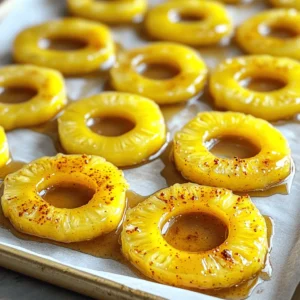 To make Pineapple Cowboy Candy, you need a few simple ingredients that pack a punch of flavor. Here’s what you will need: - Fresh pineapple - Granulated sugar - Apple cider vinegar - Spices and seasonings The fresh pineapple is key to this sweet treat. It adds a juicy, tropical flavor that shines. Granulated sugar balances the tartness of the pineapple and helps create a syrup. Apple cider vinegar adds a tangy note that enhances the flavor profile. For spices and seasonings, we use cayenne pepper for heat, garlic powder for a savory twist, and onion powder for depth. Salt brings out the sweetness, while ground ginger and turmeric add unique flavors. Vanilla extract adds a hint of sweetness, making this candy truly special. This combination creates a treat that is both sweet and spicy. It is a fun snack or a unique garnish for your dishes. For the full recipe, check out the instruction section. 1. Preheating the oven: Start by preheating your oven to 200°F (95°C). This low heat is key for the candy to dry out slowly without burning. 2. Making the syrup: In a large saucepan, mix 2 cups of granulated sugar with 1 cup of apple cider vinegar. Add in 1 tablespoon of cayenne pepper, 1 tablespoon of garlic powder, 1 teaspoon of onion powder, 1 teaspoon of salt, 1 teaspoon of ground ginger, 1/2 teaspoon of turmeric, and 1 teaspoon of vanilla extract. Stir until the sugar mostly dissolves. 3. Simmering the pineapple: Place the saucepan on medium heat. Bring the mixture to a gentle simmer, stirring often. Let it simmer for about 5 to 7 minutes until the syrup thickens. Then, add your pineapple rings, making sure they are fully covered by the syrup. Let them simmer for another 10 to 15 minutes. This step helps the pineapple absorb all those great flavors. 1. Preparing the baking sheet: Line your baking sheet with parchment paper. This keeps the pineapple from sticking and makes cleanup easy. 2. Baking the pineapple rings: With a slotted spoon, remove the pineapple rings from the syrup. Place them in a single layer on the baking sheet. Bake for 1.5 to 2 hours. Remember to turn the rings every 30 minutes. You want them chewy, not dry. 3. Cooling process: Once baked, take the sheet out of the oven. Let the pineapple cowboy candy cool completely on the sheet. Cooling helps the candy firm up nicely. Follow these steps, and you will have a delightful treat! For the complete method and tips, check the Full Recipe. Enjoy your cooking adventure! How to choose the perfect pineapple Pick a pineapple that feels heavy for its size. The skin should be golden, not green. A sweet smell at the base means it is ripe. Ensuring even cooking Cut the pineapple into uniform 1/2-inch rings. This size helps them cook evenly. Turn the rings every 30 minutes while baking. This keeps them from burning. Achieving the right texture Bake until the rings are chewy but not dry. This may take 1.5 to 2 hours. Let them cool completely to firm up. Presentation ideas Serve your pineapple cowboy candy on a colorful platter. Drizzle some extra syrup on top for flair. You can also use toothpicks for easy snacking. Pairing with beverages These sweet and spicy treats go well with rum or tequila. They also taste great with iced tea or soda. Incorporating into recipes Use pineapple cowboy candy in fruit salads or on top of yogurt. They can add a unique twist to salsas or tacos. For the full recipe, check out the full recipe section. {{image_4}} You can change the flavor of Pineapple Cowboy Candy to fit your taste. - Adjusting spice levels: If you like it hotter, add more cayenne pepper. For milder candy, cut back on the spice. You can also try adding chili powder or smoked paprika for a different kick. - Alternative sweeteners: Instead of granulated sugar, use honey or maple syrup. This will change the flavor and give a unique twist to your candy. - Adding different herbs: Adding fresh herbs can enhance the taste. Try mint or basil for a fresh twist. Just chop them finely and mix them in with the syrup. Pineapple Cowboy Candy is not just a treat; it has many fun uses. - Incorporating in desserts: Use these sweet slices as a topping for ice cream or cheesecake. They can also add flavor to a fruit salad or yogurt parfait. - Using as cocktail garnishes: These candies make great garnishes for cocktails. Try them on top of a margarita or a tropical drink. They add a sweet and spicy touch. - Adding to savory dishes: You can mix Pineapple Cowboy Candy into salads or salsas. It pairs well with grilled chicken or fish, too. The sweet and spicy mix adds a unique flavor to savory meals. You will find more details in the Full Recipe. Enjoy experimenting with these variations! Storing Pineapple Cowboy Candy is simple. First, let it cool completely. Place the cooled candy in an airtight container. This helps keep it fresh. Store it at room temperature for up to one week. For longer life, put it in the fridge. It can last up to one month when refrigerated. To extend shelf life, consider these tips: - Keep it away from direct sunlight. - Avoid moisture to prevent spoilage. - Use clean utensils to scoop out candy. Watch for signs of spoilage. If you see mold or an off smell, it's time to toss it. You can freeze Pineapple Cowboy Candy for even longer storage. To freeze, first, slice the candy into smaller pieces. Then, place the pieces in a single layer on a baking sheet. Freeze for one to two hours until solid. After freezing, transfer the pieces to a freezer-safe bag. When you want to enjoy your candy, follow these thawing instructions: - Take out the needed amount. - Let it sit at room temperature for about 30 minutes. - Enjoy your sweet treat! This method keeps the flavor and texture nice. Pineapple Cowboy Candy is a sweet and spicy treat made from fresh pineapple. You soak the pineapple in a syrup of sugar, vinegar, and spices. It creates a chewy candy that is both tangy and sweet. Pineapple Cowboy Candy can last up to one month when stored in an airtight container. You can keep it at room temperature or in the fridge for longer freshness. Yes, you can use canned pineapple. However, fresh pineapple gives a better texture and flavor. If using canned, choose pineapple in juice, not syrup, for the best taste. Yes, this recipe has a kick! The cayenne pepper adds heat. If you want less spice, you can reduce the amount of cayenne pepper used. You can try using alternative sweeteners. However, sugar helps create the right texture and flavor. Experiment with options like honey or agave, but it may change the final result. You learned how to make Pineapple Cowboy Candy from fresh ingredients. We covered every step, from preparing the syrup to baking the pineapple rings. Tips helped you pick the right pineapple and get the best texture. You discovered fun variations for flavors and creative uses in dishes. Finally, storage tips will keep your treats fresh for longer. Enjoy your tasty candy and impress friends with your skills!