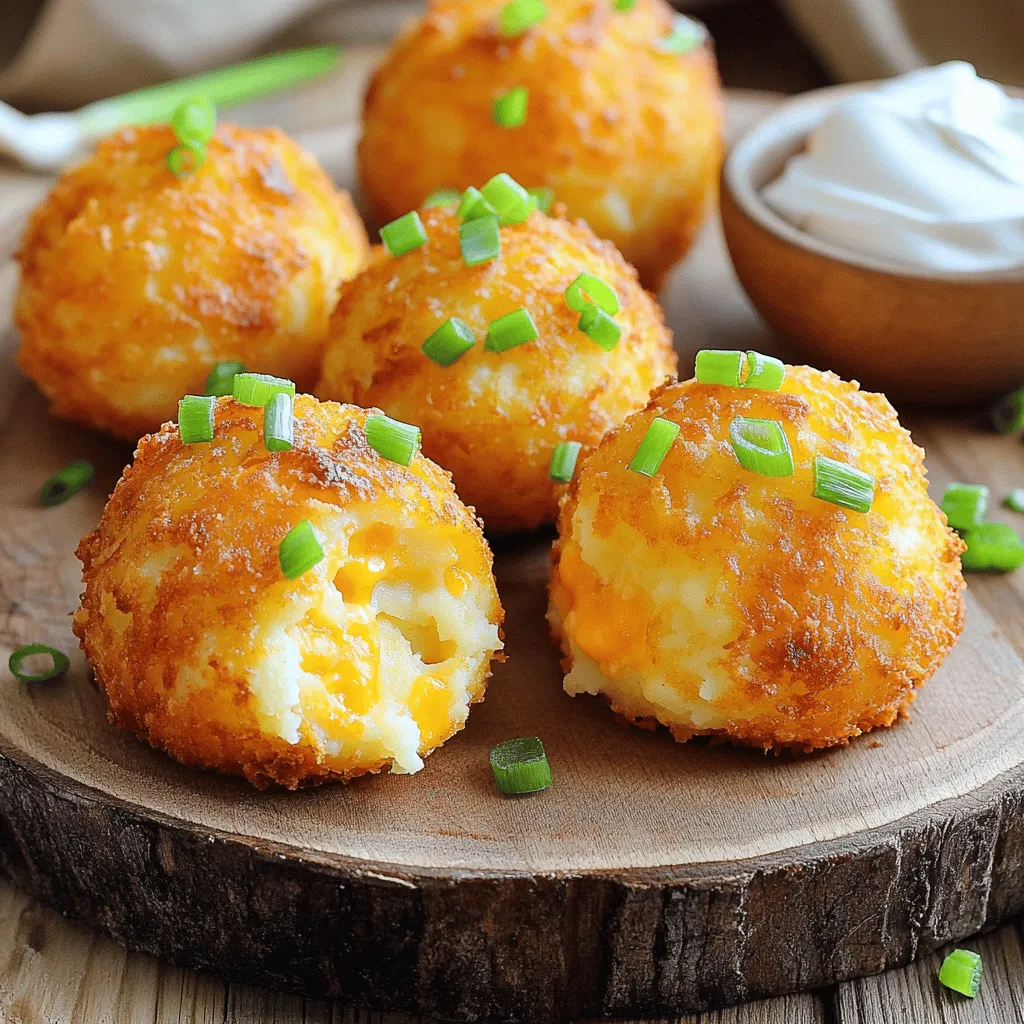 - 2 cups of prepared mashed potatoes - 1 cup of shredded cheddar cheese - 1/2 cup of grated Parmesan cheese - 1/4 cup of finely chopped green onions - 1/2 teaspoon of garlic powder - 1/2 teaspoon of onion powder - 1/2 teaspoon of salt - 1/4 teaspoon of black pepper - 1/2 cup of panko breadcrumbs (for extra crunch) - 1 large egg, beaten - Cooking spray The main ingredients build a creamy and cheesy base. I love using prepared mashed potatoes because they save time and add great flavor. Mixing in cheddar cheese and Parmesan gives each bite a rich taste. Adding green onions brightens the flavor and adds a nice crunch. The seasonings make a big difference too. Garlic powder and onion powder add depth without being overpowering. Salt and black pepper enhance all the flavors, making the dish pop. The panko breadcrumbs create a crispy outer layer when air-fried. The egg helps the breadcrumbs stick, ensuring a perfect crunch. For the best results, make sure to use high-quality ingredients. This simple list will help you create a delightful treat that everyone will love. If you want the full recipe, check out the details above! - In a large bowl, combine your prepared mashed potatoes, shredded cheddar cheese, grated Parmesan cheese, chopped green onions, garlic powder, onion powder, salt, and black pepper. - Mix everything well until the cheese is evenly distributed. - With clean hands, take some of the mixture and roll it into small balls, about 1 inch wide. - Place the balls on a tray. You should get around 16 to 20 balls. - Set up a breading station with two shallow bowls. - In one bowl, add the beaten egg. - In the second bowl, add panko breadcrumbs. - Take each potato ball, dip it into the egg, and let the extra egg drip off. - Roll the ball in the panko breadcrumbs until it’s fully covered. - Place the breaded balls back on the tray. - Preheat your air fryer to 375°F (190°C) for about 5 minutes. - Spray the air fryer basket lightly with cooking spray to prevent sticking. - Arrange the potato balls in a single layer in the basket. Make sure they do not touch. - Air fry the potato balls for 10-12 minutes. Turn them halfway through to get a golden brown color. - Once done, carefully remove the basket. Let the cheesy potato balls cool for a few minutes on a rack before serving. For the full details, check the [Full Recipe]. For the best texture, even cooking is key. When you place the potato balls in the air fryer, make sure they are not touching each other. This allows hot air to flow around each ball. It helps them cook evenly and turn crispy. Using cooking spray is also important. Lightly spray the air fryer basket before adding the balls. This prevents sticking and gives a nice golden finish. You can also spray the tops of the balls for extra crunch. To boost flavor, try adding different seasonings. Garlic powder adds a nice kick. You can also use smoked paprika for a smoky taste. Fresh herbs like parsley or chives can brighten the dish. For cheese, feel free to swap in different types. Mozzarella gives a gooey texture. Feta cheese adds a tangy flavor. Experiment with your favorites to find the perfect mix. For dips, sour cream pairs nicely with cheesy mashed potato balls. You can also try ranch dressing or spicy ketchup for a fun twist. When plating, use a stylish platter. Arrange the balls in a circle for a beautiful look. Add a sprinkle of chopped green onions on top for color. This little touch makes your dish pop! {{image_4}} You can switch up the cheese in this recipe. Try using mozzarella for a milder taste. Gouda adds a nice smoky flavor. For a tangy twist, opt for feta or blue cheese. If you want a vegan version, use plant-based cheese. For gluten-free options, swap panko breadcrumbs with crushed rice cereal or gluten-free breadcrumbs. These changes keep the balls tasty and enjoyable for everyone. Want to amp up the flavor? Adding cooked bacon or ham can give your potato balls a savory kick. Just chop the meat into small pieces and mix it into the potato blend. Vegetables are also a great addition. Spinach adds a pop of color and nutrition. You can even include jalapeños for a spicy kick. Just be sure to chop them finely so they mix well. You can also bake these cheesy mashed potato balls in the oven. Preheat your oven to 400°F (200°C) and place the balls on a baking sheet. Bake them for about 20-25 minutes until golden brown. If you prefer traditional frying, heat oil in a deep pan. Fry the balls in batches until they are crispy and golden. This method gives a different texture but is also delicious. These variations let you customize the recipe to your taste. For the full recipe, check out the main section. After enjoying your air fryer cheesy mashed potato balls, let them cool. Place them in a clean, airtight container. Refrigeration will keep them fresh for up to four days. I recommend using glass containers. They help maintain the taste and texture well. To enjoy your leftovers, the air fryer is the best option. Preheat your air fryer to 350°F (175°C). Place the potato balls in a single layer in the basket. Heat them for about 5-7 minutes. This method keeps them crispy. Avoid using the microwave, as it can make them soggy. If you want to save some for later, freezing works well. First, arrange the potato balls on a baking sheet. Make sure they do not touch each other. Freeze them for about an hour. Once frozen, transfer them to a freezer bag. They can last for up to three months. For cooking from frozen, preheat your air fryer to 375°F (190°C). Cook the frozen potato balls for about 12-15 minutes. No need to thaw them first; just enjoy! Cook the cheesy mashed potato balls for 10-12 minutes at 375°F (190°C). This temperature helps them get crispy and golden brown. Make sure to turn them halfway through. This method ensures even cooking and a tasty crunch. Yes, you can prep these potato balls in advance. Form the balls and place them on a tray. Cover the tray and store it in the fridge for up to 24 hours. This saves time on busy days. You can also freeze them for longer storage. Just freeze them on a tray, then transfer to a bag. Some popular sauces to dip these balls in include sour cream, ranch dressing, and ketchup. You can also try a spicy aioli for extra flavor. Each sauce adds a unique taste to the creamy potato balls and makes them even more delicious. To make these potato balls healthier, consider these options: - Use Greek yogurt instead of sour cream for a lower-fat dip. - Swap regular cheese for low-fat cheese. - Add extra veggies like spinach or zucchini into the mixture. These changes keep the flavor while reducing calories and fat. For the full recipe, check out the entire process. This blog explained how to make tasty cheesy mashed potato balls. We covered major ingredients, step-by-step instructions, and cooking tips. You can also explore fun variations and how to store leftovers. These potato balls are easy, delicious, and perfect for any meal. Experiment with flavors and find your favorites. Enjoy your cooking journey and share these fun bites with family and friends!