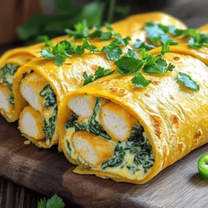 - 2 boneless, skinless chicken breasts - 1 teaspoon garlic powder - 1 teaspoon onion powder - 1 teaspoon smoked paprika - Salt and black pepper to taste - 2 tablespoons extra virgin olive oil - 1 cup shredded cheese (mozzarella, cheddar, or a blend) - 1/2 cup cream cheese, softened to room temperature - 1/2 cup fresh spinach leaves, finely chopped - 4 large flour tortillas - 1/4 cup fresh parsley, finely chopped (for garnish) - Optional: Sliced jalapeños for an added kick I love how simple this list is. You can find all these items at any grocery store. The chicken is the star here. It gives the wraps their hearty base. The spices enhance the flavor. Garlic powder and onion powder blend well together, making every bite tasty. Extra virgin olive oil helps keep the chicken moist while cooking. Cream cheese adds a rich, creamy texture that pairs perfectly with the shredded cheese. I often use a mix of mozzarella and cheddar for a great melt. Don’t forget the spinach! It adds a fresh touch and some color. The tortillas hold everything together, so choose large ones. You can also add sliced jalapeños if you want a spicy kick. This adds fun and flavor. For a hint of freshness, I like to sprinkle parsley on top. It looks great and tastes nice too. This list makes the perfect cheesy garlic chicken wraps. You can find the full recipe online for detailed steps. - Marinate the Chicken: Start by mixing garlic powder, onion powder, smoked paprika, salt, black pepper, and olive oil in a bowl. Add the chicken breasts and coat them well. Cover the bowl and let it sit for 15 minutes to soak in the flavors. - Cook the Chicken: Heat a large skillet over medium heat. Place the marinated chicken in the skillet. Cook for about 6-7 minutes on each side. Look for a nice golden color and an internal temp of 165°F. Once cooked, remove the chicken and let it rest. - Prepare the Filling: While the chicken rests, mix shredded cheese, cream cheese, and chopped spinach in a bowl. Stir well until all ingredients blend into a creamy mix. This creamy filling adds great flavor. - Assemble the Wraps: Slice the rested chicken into thin strips. Take a tortilla and lay it flat. Spread a generous amount of the creamy filling down the center. Place the chicken strips on top. If you like heat, add sliced jalapeños. - Wrap It Up: Fold the sides of the tortilla over the filling. Then roll it tightly from the bottom to the top. Ensure there’s no filling spilling out. Repeat with the rest of the tortillas and filling. - Toast the Wraps: Wipe the skillet clean if needed and heat it again over medium heat. Place the wraps seam-side down and toast for about 2-3 minutes on each side. You want them golden brown and crispy. - Serve: Take the wraps out of the skillet and place them on a cutting board. Cut each wrap in half diagonally for easy eating. Sprinkle with chopped parsley for a fresh touch. Enjoy your cheesy garlic chicken wraps! For the full recipe, check out the details above. - Recommended marinating time for enhanced flavor: I suggest marinating your chicken for at least 15 minutes. This short time helps the spices soak in. For better flavor, try to marinate it longer, up to two hours. - Best cooking practices to ensure juicy chicken: When cooking, aim for medium heat. This way, you cook the chicken evenly. It should reach 165°F. Let the chicken rest after cooking. This step keeps it juicy. - How to achieve the perfect wrap texture: Use large flour tortillas for easy wrapping. Make sure not to overfill them. A good wrap should be tight but not bursting. Toasting the wraps gives them a nice crunch. - Overcooking the chicken: Keep an eye on your chicken while it cooks. Overcooked chicken can become dry. Check the temperature instead of guessing. - Using too much or too little filling: Balance is key. Too much filling can make wrapping hard. Too little will leave your wraps bland. Aim for a good mix of cheese and chicken for the best taste. {{image_4}} You can change this recipe to fit your taste. For a vegetarian twist, use beans or tofu instead of chicken. Black beans or chickpeas add protein and flavor. Tofu absorbs spices well and gives a hearty feel. If you want new cheese flavors, try different blends. Pepper jack adds heat, while gouda gives a rich taste. Mixing cheeses keeps your wraps exciting and fresh. For those on gluten-free or low-carb diets, use lettuce leaves or low-carb tortillas. These options keep the wraps light and healthy without losing taste. To boost flavor, add spices or herbs to your chicken. Cumin or oregano can bring a new depth. You can also try fresh herbs like basil or cilantro after cooking. They add brightness to your wraps. Creative toppings make these wraps even better. Salsa adds a zesty kick, while guacamole gives a creamy touch. You can also use sour cream or hot sauce for extra richness. Each topping lets you enjoy a new taste experience. For the full recipe, check [Full Recipe]. To keep your cheesy garlic chicken wraps fresh, refrigerate them. Use an airtight container. This helps lock in moisture and flavor. They stay good in the fridge for about 3 days. If you want to store them longer, freezing is a great option. Wrap each one tightly in plastic wrap, then place them in a freezer bag. They can last in the freezer for up to 2 months. Just remember to label the bags with the date. When it's time to eat leftovers, you have two good options: the oven or the microwave. - Oven: Preheat your oven to 350°F (175°C). Place the wraps on a baking sheet. Heat them for about 10-15 minutes. This method keeps them crispy and tasty. - Microwave: If you’re in a hurry, use the microwave. Place the wrap on a microwave-safe plate. Heat it for about 1-2 minutes. This method is quick, but it may make the wrap a bit soft. Both methods work, but the oven usually gives the best texture. Enjoy your cheesy garlic chicken wraps! For the full recipe, check the earlier sections. How do you keep the wraps from getting soggy? To avoid soggy wraps, use dry ingredients. Make sure the chicken is cool before adding it to the wrap. You can also add a layer of fresh spinach or lettuce as a barrier. This keeps moisture in check and helps your wraps stay crisp. Can I prepare these wraps ahead of time? Yes, you can prep these wraps ahead of time. Make the filling and marinate the chicken one day before. Store the wraps in plastic wrap in the fridge. Just remember to toast them before serving. This makes for a quick meal when you're busy. Can I make Cheesy Garlic Chicken Wraps spicy? Absolutely! You can add sliced jalapeños for heat. Alternatively, mix in some crushed red pepper flakes into the filling. You could also try a spicy sauce or hot sauce on the side for a kick. What sauces pair well with these wraps? Many sauces work well with these wraps. A creamy ranch or garlic sauce adds great flavor. You can also use salsa or a tangy barbecue sauce. These options enhance the taste and add a fun twist. For more ideas, check the Full Recipe. This blog post covered how to make delicious Cheesy Garlic Chicken Wraps. We went through essential ingredients, easy steps, and helpful tips. You now know how to marinate the chicken and assemble tasty wraps. Remember to customize with your favorite ingredients. Avoid common mistakes to ensure great results. With this knowledge, you can impress friends and enjoy perfect wraps. Try these ideas and make cooking fun!