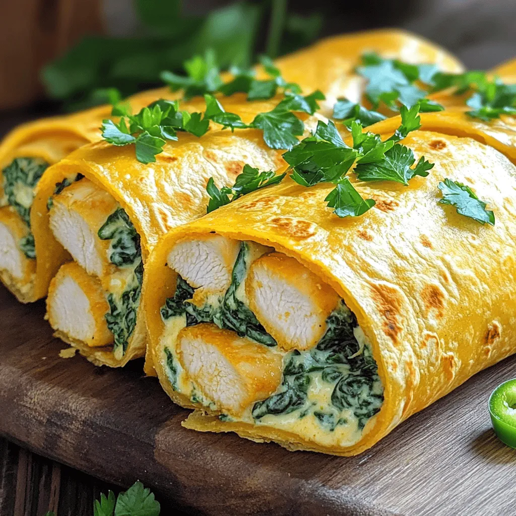 - 2 boneless, skinless chicken breasts - 1 teaspoon garlic powder - 1 teaspoon onion powder - 1 teaspoon smoked paprika - Salt and black pepper to taste - 2 tablespoons extra virgin olive oil - 1 cup shredded cheese (mozzarella, cheddar, or a blend) - 1/2 cup cream cheese, softened to room temperature - 1/2 cup fresh spinach leaves, finely chopped - 4 large flour tortillas - 1/4 cup fresh parsley, finely chopped (for garnish) - Optional: Sliced jalapeños for an added kick I love how simple this list is. You can find all these items at any grocery store. The chicken is the star here. It gives the wraps their hearty base. The spices enhance the flavor. Garlic powder and onion powder blend well together, making every bite tasty. Extra virgin olive oil helps keep the chicken moist while cooking. Cream cheese adds a rich, creamy texture that pairs perfectly with the shredded cheese. I often use a mix of mozzarella and cheddar for a great melt. Don’t forget the spinach! It adds a fresh touch and some color. The tortillas hold everything together, so choose large ones. You can also add sliced jalapeños if you want a spicy kick. This adds fun and flavor. For a hint of freshness, I like to sprinkle parsley on top. It looks great and tastes nice too. This list makes the perfect cheesy garlic chicken wraps. You can find the full recipe online for detailed steps. - Marinate the Chicken: Start by mixing garlic powder, onion powder, smoked paprika, salt, black pepper, and olive oil in a bowl. Add the chicken breasts and coat them well. Cover the bowl and let it sit for 15 minutes to soak in the flavors. - Cook the Chicken: Heat a large skillet over medium heat. Place the marinated chicken in the skillet. Cook for about 6-7 minutes on each side. Look for a nice golden color and an internal temp of 165°F. Once cooked, remove the chicken and let it rest. - Prepare the Filling: While the chicken rests, mix shredded cheese, cream cheese, and chopped spinach in a bowl. Stir well until all ingredients blend into a creamy mix. This creamy filling adds great flavor. - Assemble the Wraps: Slice the rested chicken into thin strips. Take a tortilla and lay it flat. Spread a generous amount of the creamy filling down the center. Place the chicken strips on top. If you like heat, add sliced jalapeños. - Wrap It Up: Fold the sides of the tortilla over the filling. Then roll it tightly from the bottom to the top. Ensure there’s no filling spilling out. Repeat with the rest of the tortillas and filling. - Toast the Wraps: Wipe the skillet clean if needed and heat it again over medium heat. Place the wraps seam-side down and toast for about 2-3 minutes on each side. You want them golden brown and crispy. - Serve: Take the wraps out of the skillet and place them on a cutting board. Cut each wrap in half diagonally for easy eating. Sprinkle with chopped parsley for a fresh touch. Enjoy your cheesy garlic chicken wraps! For the full recipe, check out the details above. - Recommended marinating time for enhanced flavor: I suggest marinating your chicken for at least 15 minutes. This short time helps the spices soak in. For better flavor, try to marinate it longer, up to two hours. - Best cooking practices to ensure juicy chicken: When cooking, aim for medium heat. This way, you cook the chicken evenly. It should reach 165°F. Let the chicken rest after cooking. This step keeps it juicy. - How to achieve the perfect wrap texture: Use large flour tortillas for easy wrapping. Make sure not to overfill them. A good wrap should be tight but not bursting. Toasting the wraps gives them a nice crunch. - Overcooking the chicken: Keep an eye on your chicken while it cooks. Overcooked chicken can become dry. Check the temperature instead of guessing. - Using too much or too little filling: Balance is key. Too much filling can make wrapping hard. Too little will leave your wraps bland. Aim for a good mix of cheese and chicken for the best taste. {{image_4}} You can change this recipe to fit your taste. For a vegetarian twist, use beans or tofu instead of chicken. Black beans or chickpeas add protein and flavor. Tofu absorbs spices well and gives a hearty feel. If you want new cheese flavors, try different blends. Pepper jack adds heat, while gouda gives a rich taste. Mixing cheeses keeps your wraps exciting and fresh. For those on gluten-free or low-carb diets, use lettuce leaves or low-carb tortillas. These options keep the wraps light and healthy without losing taste. To boost flavor, add spices or herbs to your chicken. Cumin or oregano can bring a new depth. You can also try fresh herbs like basil or cilantro after cooking. They add brightness to your wraps. Creative toppings make these wraps even better. Salsa adds a zesty kick, while guacamole gives a creamy touch. You can also use sour cream or hot sauce for extra richness. Each topping lets you enjoy a new taste experience. For the full recipe, check [Full Recipe]. To keep your cheesy garlic chicken wraps fresh, refrigerate them. Use an airtight container. This helps lock in moisture and flavor. They stay good in the fridge for about 3 days. If you want to store them longer, freezing is a great option. Wrap each one tightly in plastic wrap, then place them in a freezer bag. They can last in the freezer for up to 2 months. Just remember to label the bags with the date. When it's time to eat leftovers, you have two good options: the oven or the microwave. - Oven: Preheat your oven to 350°F (175°C). Place the wraps on a baking sheet. Heat them for about 10-15 minutes. This method keeps them crispy and tasty. - Microwave: If you’re in a hurry, use the microwave. Place the wrap on a microwave-safe plate. Heat it for about 1-2 minutes. This method is quick, but it may make the wrap a bit soft. Both methods work, but the oven usually gives the best texture. Enjoy your cheesy garlic chicken wraps! For the full recipe, check the earlier sections. How do you keep the wraps from getting soggy? To avoid soggy wraps, use dry ingredients. Make sure the chicken is cool before adding it to the wrap. You can also add a layer of fresh spinach or lettuce as a barrier. This keeps moisture in check and helps your wraps stay crisp. Can I prepare these wraps ahead of time? Yes, you can prep these wraps ahead of time. Make the filling and marinate the chicken one day before. Store the wraps in plastic wrap in the fridge. Just remember to toast them before serving. This makes for a quick meal when you're busy. Can I make Cheesy Garlic Chicken Wraps spicy? Absolutely! You can add sliced jalapeños for heat. Alternatively, mix in some crushed red pepper flakes into the filling. You could also try a spicy sauce or hot sauce on the side for a kick. What sauces pair well with these wraps? Many sauces work well with these wraps. A creamy ranch or garlic sauce adds great flavor. You can also use salsa or a tangy barbecue sauce. These options enhance the taste and add a fun twist. For more ideas, check the Full Recipe. This blog post covered how to make delicious Cheesy Garlic Chicken Wraps. We went through essential ingredients, easy steps, and helpful tips. You now know how to marinate the chicken and assemble tasty wraps. Remember to customize with your favorite ingredients. Avoid common mistakes to ensure great results. With this knowledge, you can impress friends and enjoy perfect wraps. Try these ideas and make cooking fun!