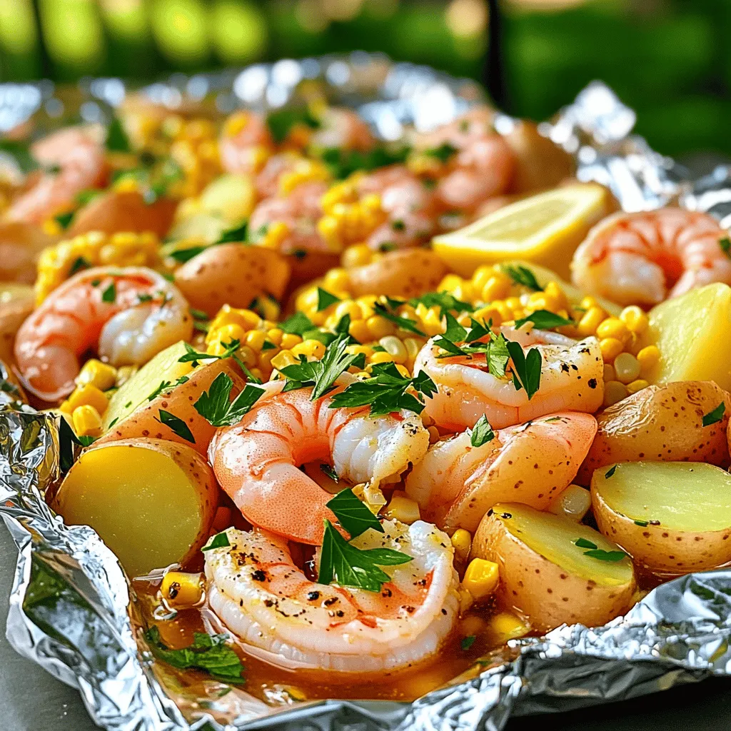 For a tasty shrimp boil, gather these key ingredients: - 1 pound large shrimp, peeled and deveined - 2 cups baby potatoes, halved - 2 ears of corn, cut into thirds - 4 cloves garlic, minced - 1 tablespoon Old Bay seasoning - 1 teaspoon smoked paprika - 4 tablespoons olive oil - 1 lemon, juiced - Salt and pepper to taste - Fresh parsley, chopped for garnish These ingredients create a vibrant mix of flavors. The shrimp adds sweetness, while the potatoes and corn provide a nice balance. You can boost the flavor with these optional ingredients: - Red pepper flakes for heat - Bay leaves for added depth - A splash of hot sauce for kick - Chopped green onions for freshness Feel free to mix and match these options. They can add a unique twist to your dish. To make your shrimp boil foil packs, you will need: - Aluminum foil (about 12 inches in length) - A large mixing bowl - A spatula or spoon for mixing - A baking sheet (if using the oven) or a grill These simple tools make cooking easy. You can prepare delicious meals without a lot of fuss. For the full recipe, check out the detailed steps. First, gather all your ingredients. You will need shrimp, baby potatoes, corn, garlic, and spices. Preheat your oven to 400°F or get your grill ready at medium-high heat. This step helps cook the shrimp properly. Take four large pieces of aluminum foil, about 12 inches each. In a bowl, combine shrimp, halved potatoes, corn, minced garlic, Old Bay seasoning, smoked paprika, olive oil, and lemon juice. Mix it well so everything gets coated. Season with salt and pepper to taste. Divide this mixture into four parts. Place each part in the center of a foil piece. Fold the foil edges up and seal them tightly. This keeps all the tasty juices inside. You can cook these packs in the oven or on the grill. If using the oven, place the packs on a baking sheet. For grilling, set the packs directly on the grill grates. Cook for about 15 to 20 minutes. The steam inside cooks the shrimp and softens the potatoes. When done, take the packs off the heat. Let them cool for a few minutes before opening. Enjoy the amazing smells and the fun of sharing this dish! For the complete recipe, check out the Full Recipe section. Start with fresh shrimp. It gives the best taste. Use Old Bay seasoning for a classic flavor. Smoked paprika adds a nice touch, too. Don't forget the salt and pepper. Mix all the seasonings well with the shrimp. I like to use my hands to make sure everything is coated. A squeeze of lemon juice adds brightness. It balances the rich flavors nicely. Use heavy-duty aluminum foil to avoid tears. Make sure to fold the foil tightly. This keeps all the juices inside. You can also spray the foil lightly with oil. This can help prevent sticking. Place your mixture in the center of the foil. This gives you room to fold the sides up. Keep an eye on the seals; they should be tight. Cook shrimp until they turn pink and opaque. This usually takes 15 to 20 minutes. If you're using a grill, check for smoke. This means the cooking is on track. For oven cooking, preheat to 400°F (200°C). If you are unsure, cut one shrimp to check doneness. The potatoes should be tender, too. If they are undercooked, give the packs a few more minutes. Enjoy the process and savor each bite! {{image_4}} You can create a vegetarian version of shrimp boil foil packs. Replace the shrimp with large mushrooms or firm tofu. These alternatives soak up flavors well. Keep the potatoes and corn in the mix for texture. Add bell peppers, zucchini, or asparagus for color and taste. Use vegetable broth instead of the lemon juice for a richer base. For those who love heat, spice up your shrimp boil foil packs. Add diced jalapeños or crushed red pepper flakes to the mix. You can also swap the Old Bay seasoning for a Cajun spice blend. If you want a smoky flavor, try chipotle powder. These changes will give your dish a fiery kick that warms the soul. Don't hesitate to mix things up with your ingredients. If you prefer different veggies, use carrots or green beans. For a different protein, try crab or scallops. You can even add sausage for a heartier meal. Swap out the olive oil for garlic-infused oil for extra flavor. These substitutions can make each meal feel new and exciting. For a full recipe, check out the main instructions above. When you have leftover shrimp boil foil packs, let them cool first. Then, transfer them to an airtight container. You can also keep them in the original foil, but make sure to wrap them tightly. Store them in the fridge for up to three days. This way, you keep the flavors fresh and tasty. To reheat your shrimp boil, preheat your oven to 350°F (175°C). Place the foil pack on a baking sheet. Heat for about 10-15 minutes until warmed through. If you want, you can also use a microwave. Just place the pack in a microwave-safe dish. Heat for 2-3 minutes, checking to avoid overcooking the shrimp. If you want to save shrimp boil packs for later, freezing is a great option. Wrap each pack tightly in plastic wrap, then in aluminum foil. You can store them in the freezer for up to three months. When ready to eat, thaw them in the fridge overnight before reheating. This makes for an easy meal when you need it! You can serve many sides with shrimp boil foil packs. Here are some great options: - Coleslaw: This side is crunchy and refreshing. - Garlic Bread: It adds a nice touch to your meal. - Cornbread: Sweet and soft, it complements the spices well. - Green Salad: A light salad can balance out the rich flavors. These sides make your meal more varied and fun! Yes, you can use frozen shrimp for shrimp boil foil packs. Just remember to thaw them first. Place them in the fridge overnight or run them under cold water for a quicker thaw. This step helps keep the shrimp juicy. Frozen shrimp may take a little longer to cook, so check them to ensure they turn pink and opaque. You can store shrimp boil foil packs in the fridge for up to three days. Make sure to place them in an airtight container. This keeps them fresh and prevents odors. When you’re ready to eat, just reheat them gently in the oven or microwave. Enjoy the flavors again without much fuss! In this post, we explored how to make delicious shrimp boil foil packs. We covered essential and optional ingredients, cooking methods, and the right equipment. I shared tips for seasoning and avoiding mess. We also discussed variations to suit different tastes and how to store leftovers. Now, you have the tools to create tasty meals easily. I'm excited for you to try it out and enjoy every bite!