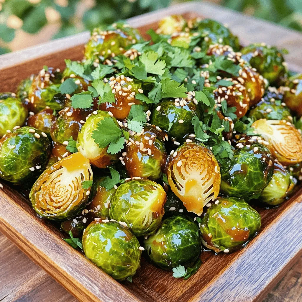 - 1 pound Brussels sprouts, trimmed and halved - 2 tablespoons olive oil - 3 tablespoons sweet chili sauce - 1 tablespoon soy sauce (or tamari for gluten-free) - 1 teaspoon garlic powder - 1 teaspoon onion powder - Salt and pepper to taste - 1 tablespoon sesame seeds (optional for garnish) - Fresh cilantro, chopped (for garnish) I love using fresh Brussels sprouts for this recipe. They give a nice crunch and flavor. When selecting them, look for bright green and firm sprouts. Avoid any that are yellow or soft. The olive oil helps the sauce stick and gives a lovely richness. Sweet chili sauce adds a sweet and spicy kick that balances well with the earthy Brussels sprouts. For extra flavor, we use soy sauce, garlic powder, and onion powder. These ingredients enhance the taste without overpowering the dish. If you want to add a personal touch, consider using tamari for a gluten-free option. Finally, don’t skip the garnishes! Sesame seeds and fresh cilantro add a beautiful finish. The seeds bring a nutty crunch, while cilantro adds freshness. These ingredients elevate the dish and make it even more appealing. You can find the full recipe above to see how easy it is to make these crispy treats! First, preheat your air fryer to 375°F (190°C). This step is key for getting a nice crisp on the Brussels sprouts. In a large bowl, mix the halved Brussels sprouts with olive oil, sweet chili sauce, soy sauce, garlic powder, onion powder, and a pinch of salt and pepper. Use your hands or a spatula to toss them well. You want every sprout to shine with sauce. Next, place the seasoned Brussels sprouts in your air fryer basket. Make sure they are in a single layer. If your basket is small, work in batches. This helps them cook evenly and become perfectly crispy. Air fry the Brussels sprouts for 15-18 minutes. Halfway through, shake the basket gently. This movement helps them fry evenly. Look for a golden brown color; that’s your sign they are ready! Once cooked, carefully remove the basket from the air fryer. Transfer the Brussels sprouts to a serving dish. Enjoy the wonderful aroma as they cool slightly. For an extra burst of flavor, drizzle more sweet chili sauce on top. Sprinkle sesame seeds and fresh chopped cilantro for a colorful finish. Serve these bites warm and watch them disappear! For the full recipe details, check out the [Full Recipe]. To cook Brussels sprouts evenly, cut them in half. This helps them cook faster. Toss them well in the sauce. Make sure each sprout is coated. When placing them in the air fryer, avoid stacking. A single layer cooks best. If your air fryer is small, cook in batches. This keeps the heat consistent and gives the best results. For crispy Brussels sprouts, preheat your air fryer to 375°F (190°C). The right temperature is key! Use a little olive oil to coat the sprouts. This adds flavor and helps them crisp up. Halfway through cooking, shake the basket gently. This ensures they fry on all sides. Cook for 15-18 minutes until golden brown. If you want them crispier, add a few extra minutes. These sweet chili Brussels sprouts go well with many meals. They pair nicely with grilled chicken or shrimp. Try them with rice or quinoa for a healthy side. They also complement Asian-inspired dishes like stir-fries. You can even serve them as a snack with extra sweet chili sauce on the side. They are versatile and delicious! For the full recipe, check the details above. {{image_4}} You can switch up the sweet chili sauce for a new flavor. Try teriyaki sauce for a sweet and savory twist. Another option is garlic butter sauce for a rich taste. If you like tang, use balsamic glaze. Each sauce changes the dish, making it fun to explore new tastes! Brussels sprouts are great, but adding more veggies can make it even better. Try adding sliced bell peppers for color and crunch. You can also toss in some carrots or zucchini for added nutrition. Mixing these veggies will give you a colorful plate and a variety of flavors. If you love spice, add some heat to your Brussels sprouts! Mix in a teaspoon of red pepper flakes for a kick. You can also drizzle sriracha or hot sauce on top after cooking. This extra heat will take your dish to the next level and excite your taste buds! For the full recipe, check out the Sweet Chili Air Fryer Brussels Sprouts 🥦 section above. To keep your Sweet Chili Air Fryer Brussels Sprouts fresh, place them in an airtight container. Make sure they cool completely before sealing. Store them in the fridge for up to three days. If you want to save them longer, you can freeze them. When you're ready to enjoy leftovers, there are a few great ways to reheat them. You can use the air fryer again to keep them crispy. Preheat your air fryer to 375°F (190°C). Cook for about 5 minutes. You can also use the oven. Spread them on a baking sheet and heat at 350°F (175°C) for 10-12 minutes. For a quick option, you can microwave them for one to two minutes, but they won't be as crispy. If you choose to freeze your Brussels sprouts, let them cool first. Spread them out on a baking sheet to freeze individually. Once frozen, transfer them to a freezer bag. They can last for up to three months. To defrost, simply move them to the fridge overnight before reheating. This will help keep their texture nice. Yes, you can use frozen Brussels sprouts. Just remember to thaw and drain them first. This helps remove extra moisture. Drying them ensures they crisp up nicely in the air fryer. To make these Brussels sprouts vegan, simply swap the sweet chili sauce. Look for a vegan-friendly brand. You can also check your soy sauce for any animal products. This small change keeps your dish tasty and plant-based. Brussels sprouts are packed with nutrients. They are high in vitamins C and K. These tiny veggies also offer fiber, which aids digestion. Eating them can support your immune system and bone health, making them a smart choice for meals. To create a low-carb version, focus on the sauce. Use a low-sugar sweet chili sauce or make your own using natural sweeteners. Cut back on the soy sauce as well. This keeps the carbs down while still giving you great flavor. These Brussels sprouts pair well with many dishes. Serve them with grilled chicken or fish for a balanced meal. You can also enjoy them alongside rice or quinoa for extra texture. They are great as a side to any main dish, adding crunch and flavor. Check out the full recipe for more ideas! This blog post covers how to create delicious Sweet Chili Air Fryer Brussels Sprouts. You learned about key ingredients, like Brussels sprouts and sweet chili sauce. I showed you step-by-step instructions for cooking them to crispy perfection. We also discussed tips for even cooking and variations to suit your taste. You can store leftovers or reheat them easily. In summary, these sprouts are a tasty dish that can fit many meals. Enjoy making this recipe and explore different flavors!