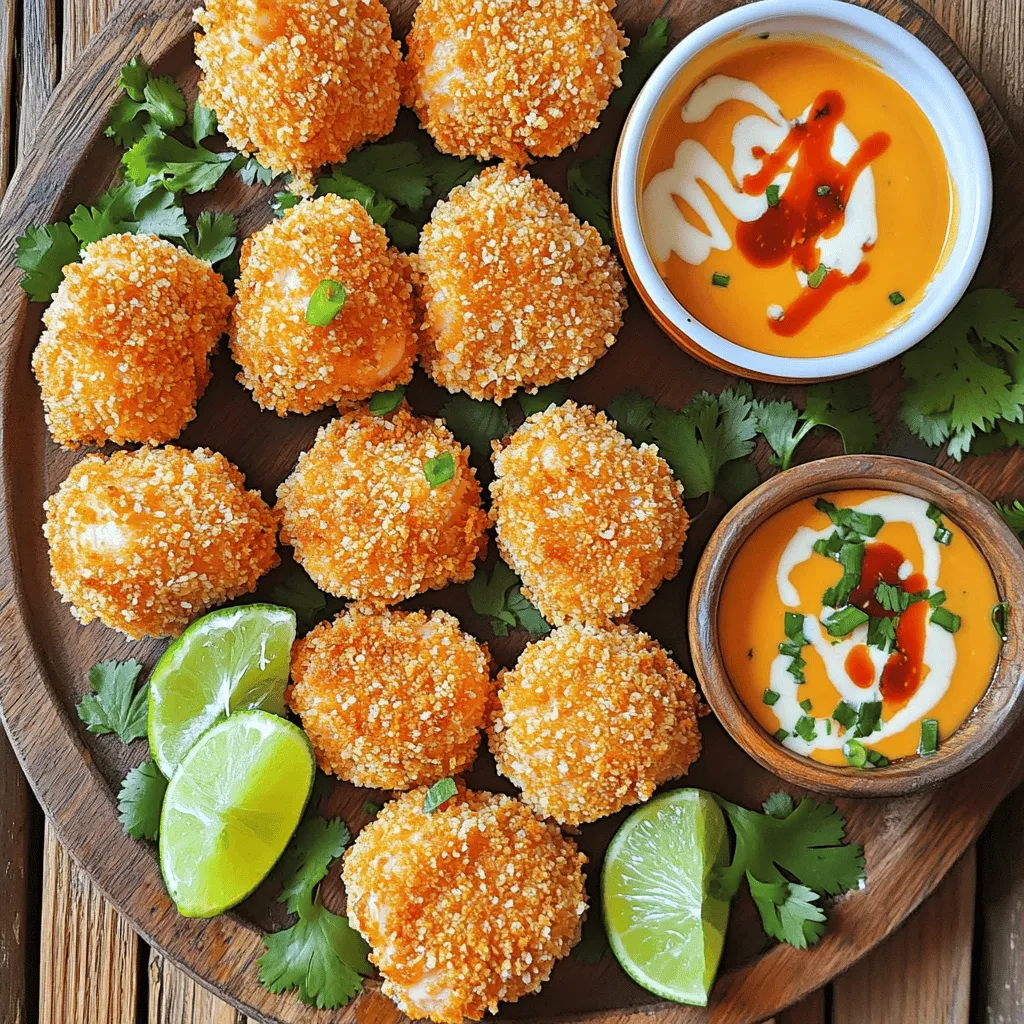 For this dish, start with 1 lb of fresh salmon fillet. Remove the skin and cut it into bite-sized pieces. Fresh salmon gives the best taste and texture. You will need a few key items for a crispy coating: - 1 cup panko breadcrumbs - 1/2 cup all-purpose flour - 2 large eggs, beaten - 1 teaspoon garlic powder - 1 teaspoon paprika - 1/2 teaspoon salt - 1/4 teaspoon black pepper These ingredients create a crunchy, flavorful coating that seals in the salmon's moisture. The Bang Bang sauce adds a zesty kick. Gather these items: - 1/2 cup mayonnaise - 2 tablespoons sweet chili sauce - 1 tablespoon sriracha (adjust this for your spice level) - 1 tablespoon lime juice Mix these together for a creamy sauce that pairs perfectly with the salmon bites. You can find the full recipe at the end of this section. First, preheat your oven to 425°F (220°C). This high temperature helps make the salmon bites crispy. Line a baking sheet with parchment paper. This will prevent the bites from sticking. Lightly spray the parchment with cooking oil. This extra step ensures an easy cleanup. Next, set up a dredging station with three bowls. Fill the first bowl with flour. In the second bowl, add beaten eggs. The last bowl should have your seasoned panko breadcrumbs. Take a piece of salmon and coat it lightly in flour. Make sure to cover all sides. Then, dip it into the eggs, letting any extra egg drip off. Finally, roll it in the panko mixture. Each piece should be well-coated for the best crispiness. Arrange the coated salmon bites on the baking sheet. Make sure they are in a single layer. This helps them cook evenly. Lightly spray the tops with cooking oil for added crunch. Bake them for 12-15 minutes. They should turn golden brown and reach an internal temperature of 145°F (63°C). While they bake, you can prepare the Bang Bang sauce. After baking, let them cool slightly before serving. Enjoy your crispy bites with the sauce and some lime wedges. To get crispy salmon bites, follow these steps: - Use panko breadcrumbs. They create a light and crunchy texture. - Coat each piece of salmon evenly. This helps in achieving that golden crust. - Lightly spray the tops with cooking oil before baking. This enhances crispiness. Bake at 425°F for 12-15 minutes. Keep an eye on them. They should be golden brown and reach 145°F internally. You can customize the spice in your Bang Bang sauce easily: - Add more sriracha for extra heat. Start small, then taste and adjust. - If you prefer less spice, cut back on the sriracha. The sweet chili sauce adds flavor without being too hot. A balanced sauce will make your bites more enjoyable. These salmon bites shine when served right. Here are some ideas: - Serve with lime wedges. They add a fresh zing. - Pair with a cool salad. A simple cucumber salad complements the flavors well. - Consider serving with rice or quinoa. It makes for a more filling meal. For a fun twist, try using the Bang Bang sauce as a dip! You can find the full recipe above. Enjoy your tasty snack! {{image_4}} You can change up the flavor by using different sauces. Try a spicy aioli or a creamy ranch for a twist. If you like a tangy kick, mix Greek yogurt with lemon juice and garlic. These sauces add a new layer of taste. They make the bites even more fun to eat! Salmon is great, but other proteins work too. You can use shrimp for a seafood twist. Chicken breast also makes a nice swap, giving you a different texture. For a plant-based option, try tofu. Just make sure to press it well to remove extra moisture. Each protein brings its own flavor to the party. Adding veggies is a smart way to make these bites healthier. You can mix in finely chopped bell peppers or zucchini with the salmon. Another option is to serve the bites with a side of crunchy slaw. This adds color and nutrients to your plate. Plus, it makes each bite even crunchier and more satisfying! After enjoying your Crispy Bang Bang Salmon Bites, store leftovers in an airtight container. Place them in the fridge for up to three days. It's best to let them cool first, as steam can make them soggy. If you have extra sauce, keep it in a separate container. This keeps your bites crispy for later. To reheat, use the oven for the best results. Preheat your oven to 375°F (190°C). Place the salmon bites on a baking sheet. Heat for about 10 minutes, or until they are warm and crispy again. Avoid using the microwave, as it can make them soft and chewy. If you want to save some bites for later, freezing is a great option. Place the cooled salmon bites in a single layer on a baking sheet. Freeze them for about one hour. Once frozen, transfer the bites to a freezer-safe bag or container. They can last up to three months in the freezer. When ready to eat, bake them straight from the freezer without thawing. Just add a few extra minutes to the cooking time. Yes, you can use frozen salmon. Just thaw it first. Place it in the fridge overnight. This step helps keep the fish fresh. Pat it dry before cutting it into pieces. This will help the coating stick better. If you want to switch things up, try other sauces. Sweet chili sauce is a good choice. You could also use a spicy mayo or a teriyaki sauce. Each will change the flavor but still taste great. Experiment with your favorites to find the perfect match. To check if the salmon is done, use a meat thermometer. The inside should reach 145°F (63°C). It should flake easily with a fork. The color should change from bright pink to a pale orange. When you see these signs, your salmon bites are ready to enjoy. You learned how to make crispy Bang Bang salmon bites from fresh salmon and tasty sauces. We covered preparation steps and cooking tips for crispy results. You can play with sauces, proteins, and veggies for new flavors. Don’t forget to store your leftovers well and follow reheating instructions for the best taste. Remember, cooking is all about experimenting and having fun. Enjoy making your salmon bites, and share them with friends and family!