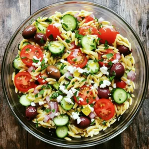 - 1 cup orzo pasta - 1 cup cherry tomatoes, halved - 1 cucumber, diced - 1/2 red onion, finely chopped - 1/2 cup Kalamata olives, pitted and sliced - 1/2 cup feta cheese, crumbled - 1/4 cup extra virgin olive oil - 2 tablespoons freshly squeezed lemon juice - 1 teaspoon dried oregano - Salt and pepper to taste In Mediterranean Orzo Pasta Salad, each ingredient plays a key role. The orzo pasta is the base. It gives a nice, chewy texture. I love using orzo because it cooks quickly and absorbs flavors well. Cherry tomatoes add a burst of sweetness. When you bite into them, they release their juice, making every forkful juicy and fresh. The cucumber brings a cool crunch. Dicing it small lets it mix well with the orzo. Red onion adds a sharpness, balancing the sweeter ingredients. Kalamata olives bring a salty depth that makes the dish feel rich. Feta cheese adds creaminess. Its tangy flavor enhances the overall taste. The dressing is simple yet effective. Extra virgin olive oil brings healthy fats. It coats the salad and adds richness. Fresh lemon juice adds brightness, making your taste buds sing. Dried oregano gives an herby note. Finally, salt and pepper tie everything together, enhancing each flavor. You can find the Full Recipe above for more details. Whether you’re serving it for lunch or as a side dish, this salad is a winner. First, bring a large pot of water to a boil. Make sure to add a generous pinch of salt. This adds flavor to the orzo. Next, add the orzo pasta to the boiling water. Cook it according to the package instructions, which usually takes about 8-10 minutes. Once the orzo is al dente, drain it in a colander. Rinse it under cold water to stop the cooking process and cool it down. In a large mixing bowl, combine the cooled orzo with fresh vegetables and olives. Add the halved cherry tomatoes, diced cucumber, finely chopped red onion, and sliced Kalamata olives. Now, gently fold in crumbled feta cheese and chopped parsley. Mixing gently helps to keep the ingredients intact and allows the flavors to blend well. In a small bowl, whisk together the olive oil, lemon juice, and dried oregano. This dressing brings a bright flavor to the salad. Add a sprinkle of salt and freshly ground black pepper to taste. Make sure the dressing is well blended for an even flavor. Once ready, drizzle it over the orzo and vegetable mixture. Toss everything gently until each ingredient is coated uniformly with the dressing. For the best taste, let your salad sit for at least 15 minutes. This allows the flavors to mingle and deepen. You can serve the Mediterranean Orzo Pasta Salad chilled or at room temperature. For a lovely finish, garnish with extra parsley before serving. Enjoy this fresh mix of flavors! Check the [Full Recipe] for more details. To cook orzo perfectly, always use a large pot of salted water. Bring the water to a boil first. This helps the orzo cook evenly. Add the orzo and stir it to prevent sticking. You want it to be al dente, which means firm to the bite. Usually, this takes about 8 to 10 minutes. When done, drain the orzo in a colander, and rinse it under cold water. This stops the cooking process and cools it down quickly. For the best flavor, let your salad sit for at least 15 minutes after mixing. This marinating time allows the flavors to blend well. If you want to adjust the taste, try adding more lemon juice or salt. You can also add a dash of hot sauce for a kick. Always taste before serving to ensure every bite is delicious. To serve your Mediterranean Orzo Pasta Salad beautifully, use a large, colorful bowl. This highlights the vibrant colors of the salad. Drizzle a bit of extra olive oil on top before you garnish. For garnish, sprinkle extra parsley on top for a fresh look. You can also add lemon slices around the bowl for a fun touch. Presentation matters, and these small details make a big difference! {{image_4}} You can make your Mediterranean Orzo Pasta Salad even better with extra add-ins. Adding proteins like grilled chicken gives it a nice boost. You can also use chickpeas for a hearty touch. Both options add flavor and make the salad more filling. For cheese lovers, try different cheese options. Feta is classic, but you can use goat cheese or mozzarella too. Each cheese brings its own taste to the salad. Seasonal changes can keep your orzo salad fresh and exciting. In summer, add vegetables like bell peppers and zucchini. These bright veggies enhance the color and crunch. You can also toss in fresh basil or arugula for a peppery kick. In winter, think about heartier ingredients. Roasted root vegetables like carrots or squash can warm up your dish. You could also add some walnuts for a nice crunch. These changes make the salad perfect for colder days. If you're looking for gluten-free options, try using rice or quinoa instead of orzo. These grains keep the dish tasty and satisfying. You can find gluten-free orzo in many stores too. For vegan eaters, replace feta cheese with a plant-based version. Look for vegan feta made from nuts or tofu. It adds creaminess without dairy. This way, everyone can enjoy this flavorful salad. These variations keep your Mediterranean Orzo Pasta Salad fun and fresh. You can find the full recipe above to start your culinary adventure! To keep your Mediterranean Orzo Pasta Salad fresh, store it in an airtight container. Make sure it has cooled to room temperature before sealing it up. This step helps keep moisture in check. You can use glass containers or BPA-free plastic ones. Both options work well, but glass keeps flavors better. You should eat the salad within three to five days. Store it in the fridge for the best taste. If you want to enjoy it later, check for any signs of spoilage. If it looks or smells off, it's best to toss it. For reheating, you can enjoy it cold or at room temperature. If you prefer it warm, use a microwave on low power, stirring often. You can freeze the orzo salad, but some ingredients do not freeze well. The pasta and olives hold up nicely. However, fresh veggies like tomatoes and cucumbers may become mushy once thawed. To freeze, portion the salad into freezer-safe bags. Remove as much air as possible for better results. When you want to serve it, thaw overnight in the fridge. After thawing, mix in fresh veggies for a delightful crunch. Enjoy your Mediterranean Orzo Pasta Salad! For the full recipe, refer to the previous section. You can pair this salad with grilled chicken or fish. It also goes well with pita bread and hummus. For a heartier meal, add roasted vegetables or a warm soup. Each of these options complements the fresh flavors of the salad. You can keep Mediterranean Orzo Pasta Salad in the fridge for up to three days. Make sure to store it in an airtight container. This way, it stays fresh and safe to eat. After three days, the ingredients may lose their crispness and flavor. Yes, you can make this salad ahead of time! It's best to prepare it a few hours before serving. This gives the flavors time to blend. If you plan to store it overnight, add the dressing right before serving. This keeps the pasta and veggies from getting soggy. Yes, Mediterranean Orzo Pasta Salad is a healthy choice! It includes fresh veggies and healthy fats from olive oil. The feta cheese adds protein and calcium. The salad is also packed with vitamins and minerals. Enjoying it as part of a balanced diet can support your health and well-being. This blog post provided a detailed guide to making Mediterranean Orzo Pasta Salad. You learned about all the key ingredients, cooking steps, and tips for great flavor and presentation. Plus, I shared variations and storage tips for your convenience. Overall, this dish combines fresh veggies and tasty dressing, creating a vibrant meal. It's simple to make and easy to adapt. Enjoy this healthy salad, whether you're serving it for a gathering or a quick snack. Get creative and make it your own!