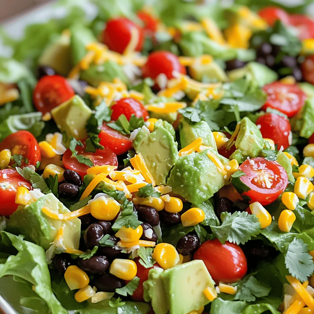 - 2 cups romaine lettuce - 1 cup cherry tomatoes - 1 cup corn kernels - 1 can black beans - 1 large red bell pepper - 1 ripe avocado - 1/2 cup red onion - 1/2 cup shredded cheddar cheese - 1/4 cup fresh cilantro - Juice of 2 limes - 3 tablespoons olive oil - 1 teaspoon ground cumin - 1 teaspoon chili powder - Salt and pepper Cowboy Salad is all about fresh and crunchy flavors. You need crisp romaine lettuce, juicy cherry tomatoes, and sweet corn kernels. I love using canned black beans because they are easy to add. The red bell pepper adds color and crunch, while the avocado gives creaminess. Don't forget the red onion for a little bite! - Other types of beans - Grilled chicken or beef - Crunchy tortilla strips You can switch things up with other beans or add grilled chicken. For a fun crunch, add tortilla strips. These options make each salad unique! - Lime juice - Olive oil - Ground spices The dressing is simple but tasty. Just mix lime juice with olive oil. Add ground cumin and chili powder for flavor. This dressing ties all the ingredients together beautifully. Check out the [Full Recipe] to get started! - Combine chopped lettuce, cherry tomatoes, corn, black beans, diced bell pepper, and red onion in a large bowl. - Carefully incorporate diced avocado and shredded cheddar cheese. Do this gently to keep the avocado intact. - In a separate bowl, prepare the dressing. Whisk together lime juice, olive oil, ground cumin, chili powder, salt, and pepper. - Drizzle the dressing over the salad mixture. Toss gently to coat all the ingredients evenly. - Adjust the flavor by adding salt and pepper to taste. - For a beautiful presentation, serve the salad in individual bowls or on a large platter. - Garnish with extra cilantro and lime wedges for a vibrant look. This Cowboy Salad is a fresh and flavorful meal idea that is easy to make. You can find the full recipe above. Enjoy! Choosing ripe avocados is key. Look for avocados that yield slightly to gentle pressure. Avoid ones with dark spots or mushiness. Store your ingredients in the fridge until you’re ready to use them. This keeps them crisp and fresh. Consider adjusting your seasonings. If you like it spicier, add more chili powder. For extra zing, squeeze in more lime juice. Balancing acidity and richness makes a big difference. The lime juice brightens the salad, while the olive oil adds creaminess. Serve the Cowboy Salad chilled for the best taste. It’s refreshing and perfect for a hot day. For a fun twist, pair it with tortilla chips or grilled meats. This makes for a complete meal that everyone will enjoy. {{image_4}} Cowboy Salad is fun to make, and you can change it up easily. Try a Mediterranean Cowboy Salad by adding feta cheese and olives. This gives the salad a salty taste that mixes well with the veggies. Another tasty option is the Southwest Cowboy Salad. Here, you can add jalapeños and corn salsa. This will give it a spicy kick and a zesty flavor. You can also change Cowboy Salad to fit your diet. For a vegan option, simply leave out the cheese and use a vegan dressing. This keeps the salad fresh while making it plant-based. If you're watching carbs, replace the black beans with other veggies like zucchini or bell peppers. This keeps the salad light but still filling. Cowboy Salad has roots in American cowboy culture. It often uses local ingredients, which makes it special. You can add items from your region to give it a unique taste. For example, if you live near the coast, adding fresh seafood can be a fun twist. This salad not only fills you up but also tells a story about where it comes from. For the full recipe, check out the Cowboy Salad recipe above and get cooking! To store leftovers, place the Cowboy Salad in an airtight container. This keeps it fresh longer. You should refrigerate the salad right after serving. Avoid leaving it out for more than two hours. For best results, eat the salad within 2-3 days. To preserve freshness, keep the dressing separate if possible. Add it just before serving. This prevents the salad from getting soggy. If you have mixed it, stir it gently each time before serving. Freezing the Cowboy Salad is not recommended as a whole. The fresh ingredients do not freeze well. However, you can freeze components separately. For example, freeze cooked beans or corn. These can last up to 3 months in the freezer. After freezing, use the thawed ingredients in soups or stews. You can also add them to other salads for extra flavor. For safe consumption, follow these timeframes: - Fresh Cowboy Salad: 2-3 days in the fridge - Frozen ingredients: up to 3 months Signs of spoilage include a sour smell or mushy vegetables. If you see any mold, throw it away. Always trust your senses when checking food. Cowboy Salad is a hearty, colorful dish that packs a punch. It blends fresh veggies, beans, and cheese. This salad is popular in the American West. It reflects the cowboy spirit of using what you have. You can customize it based on your taste. The mix of textures and flavors makes it fun to eat. You can enjoy it as a main dish or a side. Yes, you can prep Cowboy Salad ahead of time. Chop the veggies and store them separately. Keep the dressing in a jar or container. This way, the salad stays fresh and crunchy. Mix the salad and dressing just before serving. This keeps the salad from getting soggy. You can enjoy the flavors without losing texture. You can easily swap ingredients in Cowboy Salad. Here are some common substitutes: - Use kale or spinach instead of romaine lettuce. - Swap black beans for kidney beans or chickpeas. - Choose a different cheese, like feta or goat cheese. - Replace corn with diced cucumbers for a crisp bite. These swaps can fit different diets or personal tastes. If you like heat, you have options! Add diced jalapeños for a fresh kick. You can also mix in hot sauce or chili flakes. Another idea is to use pepper jack cheese instead of cheddar. For a smoky flavor, try adding chipotle powder. Adjust the spice to make it your own! You now know how to make a delicious Cowboy Salad. We covered the key ingredients, preparation steps, and serving tips. I shared variations to suit different tastes and dietary needs. Remember, using fresh ingredients is key to flavor. Feel free to experiment with spices and add-ins. This salad is not just tasty but also fun to create. Enjoy your cooking and make it your own!