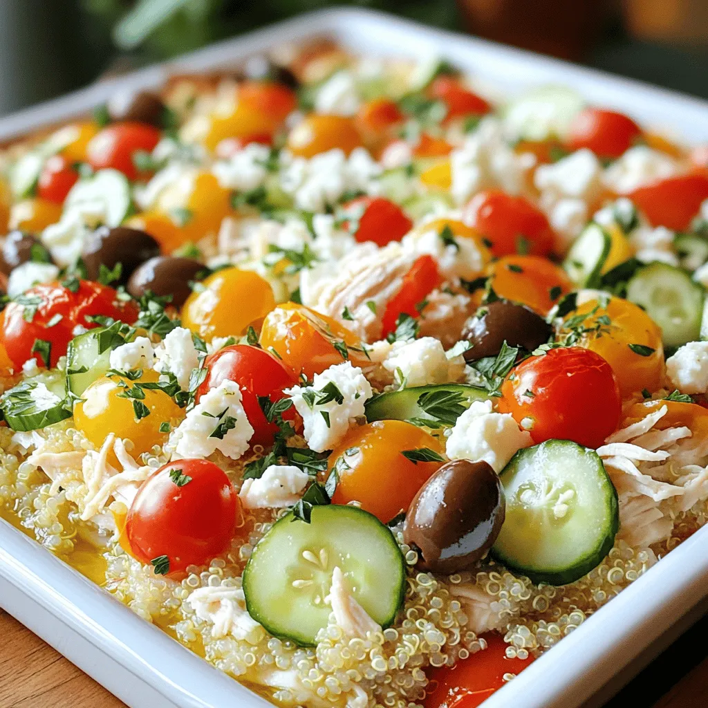 - 2 cups cooked rotisserie chicken, shredded - 1 cup quinoa, thoroughly rinsed - 2 cups vegetable broth - 1 cup cherry tomatoes, halved - 1 cup cucumber, diced - 1/2 cup red onion, finely chopped - 1 cup Kalamata olives, pitted and halved - 1 cup feta cheese, crumbled (divided into two portions) - 2 tablespoons olive oil - 1 tablespoon dried oregano - Salt and pepper to taste - Fresh parsley for garnish The ingredients in this Easy Greek Chicken Casserole bring flavor and color to your plate. First, I love using rotisserie chicken because it saves time. You can find it at any grocery store. Shredding it makes it easy to mix with other ingredients. Next, quinoa is my go-to grain for a healthy boost. Rinse it well to remove any bitterness. The vegetable broth adds rich flavor and moisture. Fresh veggies like cherry tomatoes and cucumbers make this dish bright and crunchy. Kalamata olives offer a briny, savory touch. The feta cheese adds creaminess and tang. I always divide the feta into two portions. It melts nicely in the casserole while leaving some to sprinkle on top. Finally, the olive oil and oregano tie the dish together. A simple sprinkle of salt and pepper enhances all these flavors. Don’t forget to garnish with fresh parsley for a pop of color. This recipe truly showcases how simple ingredients can create a beautiful family meal. For the full recipe, check out the Mediterranean Bliss Chicken Casserole. 1. Preheat your oven to 375°F (190°C). Make sure it warms up well. 2. Grease a 9x13 inch casserole dish. This helps in easy serving later. 3. In a large bowl, mix 2 cups of shredded rotisserie chicken and 1 cup of rinsed quinoa. 4. Pour in 2 cups of vegetable broth. This adds great flavor and moisture. 5. Add 1 cup of halved cherry tomatoes, 1 cup of diced cucumber, and 1/2 cup of finely chopped red onion. 6. Toss in 1 cup of pitted and halved Kalamata olives. These give a nice salty punch. 1. Crumble half of the feta cheese into the mixture. 2. Drizzle 2 tablespoons of olive oil over the top. 3. Sprinkle 1 tablespoon of dried oregano, along with salt and pepper to your taste. 4. Stir gently to mix everything well without breaking the quinoa. 5. Transfer the mixed ingredients to the prepared casserole dish. Spread it evenly for even cooking. 6. Top with the remaining feta cheese for a tasty finish. 1. Cover the casserole tightly with aluminum foil. This keeps moisture in while baking. 2. Place it in the oven and bake for 30 minutes. 3. After 30 minutes, take off the foil. Return the dish to the oven. 4. Bake for another 15 minutes. This helps the top get golden and crispy. 5. Once done, remove it from the oven. Let it sit for 5 minutes to settle. 6. Garnish with fresh chopped parsley before serving to add color and taste. For the full recipe, refer to the main section above. Using rotisserie chicken makes this dish easy and quick. You save time and effort. Just shred the chicken right before mixing. This adds great flavor. Rinse the quinoa well before cooking. Use cold water and a fine mesh strainer. This step removes bitterness. It also improves the texture. A good rinse makes the quinoa light and fluffy. Covering the casserole with foil while baking is key. It traps steam and keeps the dish moist. Without this step, the quinoa can dry out. Make sure the foil fits snugly for best results. Spread the mixture evenly in the casserole dish. This helps it cook uniformly. If one side is thicker, it may bake slower. A flat layer ensures all parts cook at the same rate. Garnish this casserole with fresh parsley. It adds color and a fresh taste. You can also sprinkle more feta on top for a richer flavor. Pair it with crusty bread or a green salad. These sides complement the dish well. For drinks, a crisp white wine works great. A light lemonade is a nice non-alcoholic option. You can find the Full Recipe for more details on this tasty meal. {{image_4}} You can switch the chicken for turkey. Ground turkey works well and adds a nice flavor. If you prefer plant-based options, consider using chickpeas or lentils. They bring protein and a great texture. For cheese, feta is classic. However, you can try mozzarella for a milder taste. Goat cheese also adds a tangy kick. Each cheese changes the dish's flavor, so feel free to experiment. To boost the taste, add spices like paprika or cumin. These spices give warmth and depth. Fresh herbs like basil or dill can also elevate the dish. They add brightness and freshness to every bite. Seasonal vegetables are another great way to enhance flavor. Add bell peppers, zucchini, or spinach. They not only add color but also more nutrients. Mixing different veggies keeps the dish exciting. For a gluten-free option, use quinoa as the base. Quinoa is naturally gluten-free and adds protein. You can also use brown rice or farro if you prefer. If you're looking for a vegan version, tofu or tempeh is perfect. Both absorb flavors well and provide a hearty texture. Simply sauté them before adding to the casserole for extra flavor. For the full recipe, check out the Mediterranean Bliss Chicken Casserole. After cooking, store leftovers in the fridge. Use an airtight container to keep the casserole fresh. Glass or BPA-free plastic containers work best. They prevent moisture loss, keeping your dish tasty for days. You can freeze the casserole for later. First, let it cool completely. Then, wrap it tightly in plastic wrap and foil. This step prevents freezer burn. When ready to eat, thaw it in the fridge overnight. Reheat in the oven at 350°F (175°C) until hot. This way, you keep the flavors just right. In the fridge, your casserole lasts about three to four days. Always check for signs of spoilage. If you see mold or a strange smell, it's best to discard it. Trust your senses to ensure food safety. Yes, you can use various chicken cuts. Chicken thighs add more flavor and moisture. You can also use boneless chicken breasts for a leaner option. Some prefer to grill or pan-sear the chicken before adding it to the casserole. This step can enhance the taste and texture. To prepare this casserole in advance, follow these steps: - Cook the chicken and quinoa. - Mix all the ingredients in a bowl, but don’t bake yet. - Transfer the mixture to your casserole dish. - Cover it tightly with foil or plastic wrap. - Store it in the fridge for up to two days. - When ready, bake it as directed. This way, you save time on busy days. Yes, this recipe is gluten-free as it uses quinoa instead of pasta or bread. Quinoa is a great grain alternative. Ensure your vegetable broth is also gluten-free. You can substitute any ingredients like olives or feta cheese as needed. This makes it easy for those with gluten sensitivities to enjoy a tasty meal. This blog post covers a simple and tasty casserole recipe using rotisserie chicken, quinoa, and fresh veggies. You learned how to prepare, mix, and bake your dish for a golden finish. Plus, I shared handy tips and ways to customize it for your taste. Remember, this recipe is flexible. You can substitute ingredients or make it vegan easily. With proper storage, you can enjoy leftovers for days. Try making this dish your own, and enjoy delicious meals with family and friends!