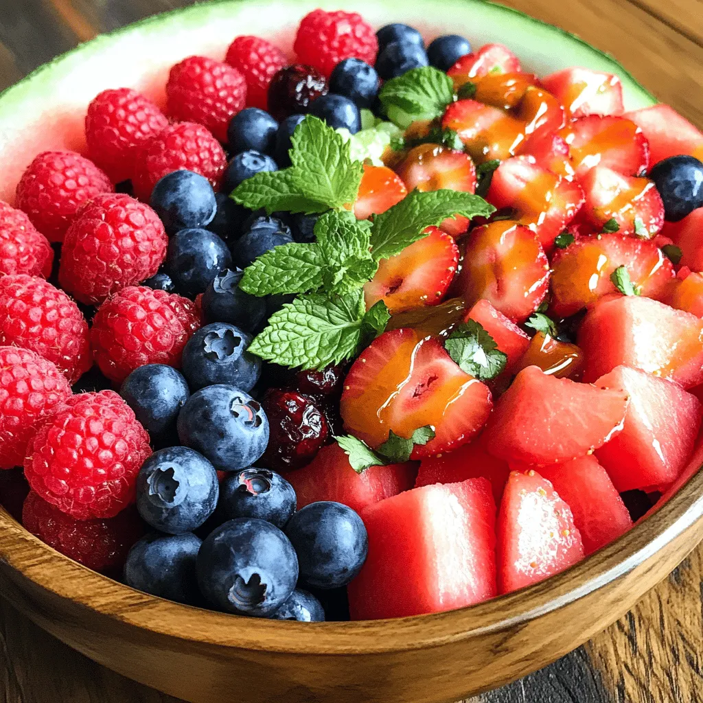 - 4 cups of seedless watermelon - 1 cup of fresh strawberries - 1 cup of blueberries - 1 cup of raspberries In this Berry Watermelon Fruit Salad, fresh fruit shines. The star is seedless watermelon. It adds sweetness and juiciness. Choose ripe, firm watermelon for the best flavor. Strawberries bring a bright red color and a tangy taste. Blueberries and raspberries add lovely pops of color and flavor. They are also packed with antioxidants. This mix creates a colorful, tasty treat. - 2 tablespoons of honey - 2 tablespoons of freshly squeezed lime juice - A pinch of fine sea salt The dressing is simple yet flavorful. Honey adds sweetness. Fresh lime juice gives a zesty kick. The pinch of sea salt enhances the flavors. Combine these ingredients for a balanced dressing that ties the salad together. - ½ cup of fresh mint leaves Fresh mint leaves make this salad special. They add a refreshing aroma and bright green color. Chop the mint finely for even distribution. This garnish elevates the salad, making it visually appealing and full of flavor. For the full recipe, check the details above. This salad is easy to make and perfect for hot days! To cut watermelon into uniform cubes, start by placing the watermelon on a stable cutting board. Cut off both ends to create flat surfaces. Then, slice the watermelon in half. Lay each half flat and cut it into long strips. Finally, slice the strips into cubes. Aim for about one-inch pieces for even bites. Next, let's hull and slice the strawberries. Hold a strawberry in one hand. Use a small paring knife to remove the green top. Then, slice the berry into thin wedges. Aim for about four to five slices per berry for a nice presentation. For washing blueberries and raspberries, place them in a colander. Rinse gently under cool water. This removes dirt without mashing the delicate berries. Let them drain while you finish preparing the other fruits. To make the dressing, combine honey and lime juice in a small bowl. Measure two tablespoons of honey and two tablespoons of lime juice. This mix adds sweetness and tang. For a smooth consistency, use a whisk. Whisk the honey and lime juice together until they blend well. The mix should look shiny and smooth. A pinch of fine sea salt brings out the flavors. It balances the sweetness and enhances the taste of the fruit. Now, let's assemble the salad. Start by mixing the prepared fruits in a large bowl. Gently fold them together to avoid mashing the berries. You want to keep them whole for a beautiful look. Next, drizzle the honey-lime dressing evenly over the fruit mix. This ensures each piece gets a taste of the dressing. Use a spatula to toss everything lightly. Incorporate the dressing without crushing the berries. To finish, sprinkle finely chopped mint leaves over the top. The mint adds a fresh aroma and a pop of color. Toss the salad one more time to mix the mint in evenly. For the best flavor, cover the bowl and chill it in the fridge for at least 15 minutes. This waiting time lets the flavors meld beautifully, making each bite a refreshing delight. Enjoy your Berry Watermelon Fruit Salad! For the best taste, chill your salad for at least 15 minutes. This lets the flavors blend well. If you want it sweeter, add a little honey to the dressing. You can also taste it before serving. Adjust the sweetness based on your preference. Choose a clear glass bowl for serving. This lets everyone see the colorful fruits inside. For a decorative touch, garnish with extra mint leaves on top. You can also sprinkle a few berries around the edge for a pop of color. To keep your salad fresh, store it in an airtight container. Place it in the fridge and eat within two days. If you have leftovers, try to keep the mint separate until serving. This helps it stay fresh and vibrant. {{image_4}} You can add a fun twist to your Berry Watermelon Fruit Salad by including tropical fruits. Try adding fresh pineapple or ripe mango. Both fruits add sweetness and a lovely texture. Pineapple gives a nice tartness, while mango adds a creamy feel. You can also sprinkle coconut flakes on top. This adds a crunchy texture and a tropical flair. Berries are the stars of this salad, but you can mix it up! Swap in blackberries or strawberries for a new flavor. You can use whatever is fresh and in season. Seasonal fruits like peaches or cherries can add a tasty surprise. The different berry combinations keep the salad exciting and fresh. The dressing can change the whole salad. Instead of honey, try using agave nectar. It’s a great option for those who want a vegan choice. For a zesty kick, use citrus juice like orange or grapefruit. This gives the salad a bright and refreshing taste. Just remember, the dressing ties all the flavors together in this fruit salad. Check out the Full Recipe for more details! Watermelon is mostly water, which means it keeps you hydrated. It has vitamins A and C, plus antioxidants. These help your skin and immune system. Watermelon is low in calories. That makes it a great snack! Berries are a superfood. Strawberries, blueberries, and raspberries are loaded with vitamins and fiber. They help your heart and boost brain health. Mint adds a fresh flavor and may help with digestion. Together, these ingredients make this salad not just tasty, but good for you too! Each serving of Berry Watermelon Fruit Salad has about 100 calories. Most of these calories come from the fruit. The sugar in fruit is natural and gives you energy. It’s different from added sugars in snacks. Eating whole fruits, like berries and watermelon, is a smart choice. This salad is perfect for many diets. It is gluten-free, making it safe for those with gluten issues. It is also vegan-friendly. You can enjoy this refreshing dish no matter your diet! To keep your Berry Watermelon Fruit Salad fresh, store it in an airtight container. This helps to lock in moisture and flavor. You can keep it in the fridge for up to 3 days. However, the berries may lose some texture over time. To keep them firm and juicy, eat the salad within 24 hours if possible. Yes, you can make this salad ahead of time! Prepare all the fruits and mix them together. However, I recommend adding the dressing just before serving. This keeps the fruit crisp and bright. If you make it a few hours early, keep it chilled in the fridge to let the flavors blend. Feel free to add more fruits to your salad! Consider including: - Pineapple chunks for extra sweetness - Kiwi slices for a tangy kick - Grapes for added crunch - Mango for a tropical twist These fruits can make your salad even more colorful and delicious. Mix and match based on your taste! This fruit salad is easy and refreshing. We covered the ingredients, from fresh fruits to a simple dressing. You learned how to prepare, mix, and serve the salad perfectly. Don't forget the tips on enhancing flavor and storing leftovers. Feel free to add new fruits or change the dressing to fit your taste. Enjoy making this healthy treat anytime!