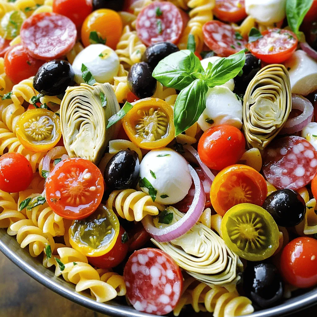 To make this Easy Italian Antipasto Pasta Salad, you will need: - 8 oz rotini pasta - 1 cup cherry tomatoes, halved - 1/2 cup black olives, pitted and thinly sliced - 1/2 cup pepperoncini, sliced into rings - 1/2 cup marinated artichoke hearts, coarsely chopped - 1 cup mozzarella balls (bocconcini), halved - 1/2 cup salami, cut into thin strips - 1/4 cup red onion, very thinly sliced - 1/4 cup fresh basil, roughly chopped - 1/4 cup extra virgin olive oil - 2 tablespoons red wine vinegar (or you can use fresh lemon juice) - 1 teaspoon Italian seasoning blend - Sea salt and freshly cracked black pepper to taste To prepare your pasta salad, gather these items: - Large pot for boiling water - Mixing bowl for combining ingredients - Small bowl for whisking the dressing - Colander for draining pasta - Whisk for mixing the dressing You can easily swap out some ingredients for your taste: - Use fusilli instead of rotini if you prefer a different shape. - Cherry tomatoes can be replaced with diced bell peppers for crunch. - If you don’t like olives, use capers for a briny flavor. - For a vegetarian option, skip the salami and add more veggies. - You can use feta cheese instead of mozzarella for a tangy twist. - If you want a lighter dressing, use less olive oil and more vinegar. This recipe allows for creativity. Feel free to mix and match based on what you enjoy! For the full recipe, you can refer to the instructions I shared earlier. First, grab a large pot. Fill it with water and add a pinch of salt. Bring the water to a boil over high heat. Next, add 8 oz of rotini pasta. Cook it according to the package instructions until it is al dente. This usually takes about 8 to 10 minutes. When the pasta is ready, drain it in a colander. Rinse the pasta under cold water to stop it from cooking further. Set it aside to cool while you work on the next steps. In a big mixing bowl, it’s time to bring the flavors together. Start by adding 1 cup of halved cherry tomatoes. Then, toss in 1/2 cup of sliced black olives. Next, add 1/2 cup of pepperoncini rings for a bit of heat. Follow that with 1/2 cup of coarsely chopped marinated artichoke hearts. Then, add 1 cup of halved mozzarella balls for creaminess. Next, include 1/2 cup of cut salami and 1/4 cup of very thinly sliced red onion. Finally, sprinkle in 1/4 cup of roughly chopped fresh basil. Toss everything gently to mix well. Now, let’s whip up the dressing! In a small bowl, combine 1/4 cup of extra virgin olive oil with 2 tablespoons of red wine vinegar. If you like a zesty twist, use freshly squeezed lemon juice instead. Add 1 teaspoon of Italian seasoning blend for a burst of flavor. Season with a pinch of sea salt and freshly cracked black pepper. Whisk everything together until it’s well combined. This dressing will tie all the ingredients together beautifully. Now, you are ready to assemble your Easy Italian Antipasto Pasta Salad! For the full recipe, check out the detailed instructions above. To make this salad your own, start with the base. You can use different pasta shapes. Farfalle or penne work well. Each shape adds a new bite. Next, adjust the dressing. If you like it tangy, add more vinegar or lemon juice. For a richer taste, increase the olive oil. Don’t forget about herbs! Try adding fresh parsley or oregano for extra flavor. These will brighten the dish. Taste as you mix to find the perfect balance. This pasta salad shines at any gathering. Serve it in a large bowl for sharing. A sprinkle of basil adds color and flavor. For a twist, pair it with crusty bread or garlic knots. You can also add grilled chicken or shrimp for more protein. Consider serving it with a light Italian red wine. This will enhance the meal and impress your guests. Make this salad a day in advance. It tastes better after the flavors blend. Store it in the fridge in an airtight container. Before serving, check the seasoning again. Sometimes, it needs a little more salt or pepper. If you are short on time, use pre-cut veggies and store-bought dressing. This cuts down on prep time. Cooking pasta can be quick too. While it cooks, chop your ingredients for the salad. This way, everything comes together fast. You’ll enjoy a fresh, tasty meal in no time. For the full recipe, check the Vibrant Italian Antipasto Pasta Salad section! {{image_4}} If you want a meat-free pasta salad, it's easy to swap out ingredients. You can replace salami with extra veggies like bell peppers, zucchini, or even roasted mushrooms. For a protein boost, add chickpeas or cannellini beans. Both options bring great flavor and texture. You could also try marinated tofu for a unique twist. For those who need gluten-free options, choose gluten-free pasta. Many brands offer rotini that cooks just as well. You can also use spiralized veggies, like zucchini or carrots, for a fresh take. This keeps the dish light and healthy. Just remember to check your other ingredients, like olives and cheese, to ensure they are gluten-free too. Cheese and meat can change the whole vibe of this salad. You can use feta or goat cheese instead of mozzarella. These cheeses add tanginess and creaminess. For meat options, try prosciutto or even grilled chicken. They add a rich flavor profile. Mixing different types of cheese and meats lets you create a blend that suits your taste. Experiment with what you love! For the full recipe, check out the complete details. To keep your Easy Italian Antipasto Pasta Salad fresh, store it in an airtight container. This helps prevent air and moisture from getting in. Glass containers work great, but plastic ones are fine too. If you use a bowl, cover it tightly with plastic wrap. Keep it in the fridge for the best flavor and texture. When stored properly, this pasta salad lasts about 3 to 5 days in the fridge. The flavors actually deepen as it sits. However, if you notice any off smells or changes in color, it’s best to toss it out. Always trust your senses! You can enjoy this pasta salad cold or at room temperature. If you prefer it warm, gently reheat it in a pan over low heat. Add a splash of olive oil or a bit of water to avoid drying it out. Stir it often and serve right away. Just remember, reheating too much can change the texture of the ingredients. Yes, you can make this pasta salad ahead of time. In fact, it tastes even better after sitting in the fridge. The flavors blend nicely when you chill it. I recommend making it a few hours before serving. Just cover it well and store it in the fridge. When you are ready to serve, just stir it gently to mix everything again. If you don’t like olives, you can use capers or diced pickles instead. Both add a nice salty flavor. You can also skip them altogether if you prefer. The pasta salad will still taste great without them. Just make sure to add a little more seasoning to keep the flavor strong. Absolutely! This pasta salad is perfect for meal prep. It keeps well in the fridge for several days. Just divide it into small containers for easy lunches or snacks. You can grab a container and enjoy it on the go. It’s healthy, tasty, and saves you time during busy weeks. For the full recipe, check out the details above. This post covered all you need for a great pasta salad. We talked about key ingredients and tools. You learned how to cook, mix, and dress the salad. I shared tips to adjust flavors and serve well. You also saw options for different diets and size. Lastly, we went over storage tips and common questions. Remember, making this salad can be fun and easy! Try your favorite choices to make it yours. Enjoy the process and the tasty results!